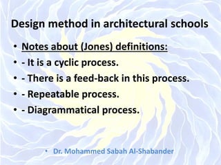 Design method in architectural schools
• Notes about (Jones) definitions:
• - It is a cyclic process.
• - There is a feed-back in this process.
• - Repeatable process.
• - Diagrammatical process.
• Dr. Mohammed Sabah Al-Shabander
 