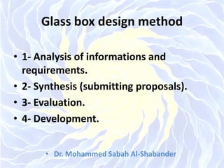 Glass box design method
• 1- Analysis of informations and
requirements.
• 2- Synthesis (submitting proposals).
• 3- Evaluation.
• 4- Development.
• Dr. Mohammed Sabah Al-Shabander
 