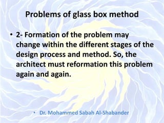 Problems of glass box method
• 2- Formation of the problem may
change within the different stages of the
design process and method. So, the
architect must reformation this problem
again and again.
• Dr. Mohammed Sabah Al-Shabander
 