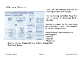 •Municipal Drawing
These are the drawing prepared for
obtaining sanction for the project
The sanctioning authorities have their
own checklist of drawings to be
submitted
Sanction is granted for the construction
of the building only after conforming with
all the mandatory by-laws
Some of the required drawings are:
•All floor plans
•Location
•Site plan
•All elevation
• Sections-min one through staircase and one through toilet
• Septic tank details
Architectural Drawing Page 13 Saturday, 4 April 2020
 