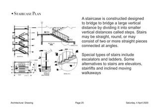 •Staircase Plan
A staircase is constructed designed
to bridge to bridge a large vertical
distance by dividing it into smaller
vertical distances called steps. Stairs
may be straight, round, or may
consist of two or more straight pieces
connected at angles.
Special types of stairs include
escalators and ladders. Some
alternatives to stairs are elevators,
stairlifts and inclined moving
walkaways
Architectural Drawing Page 25 Saturday, 4 April 2020
 
