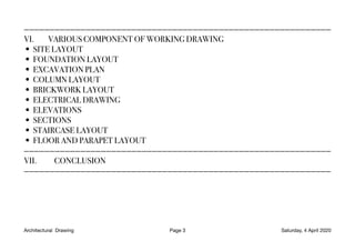 ————————————————————————————————————————————————————————————
VI. VARIOUS COMPONENT OF WORKING DRAWING
• SITE LAYOUT
• FOUNDATION LAYOUT
• EXCAVATION PLAN
• COLUMN LAYOUT
• BRICKWORK LAYOUT
• ELECTRICAL DRAWING
• ELEVATIONS
• SECTIONS
• STAIRCASE LAYOUT
• FLOOR AND PARAPET LAYOUT
————————————————————————————————————————————————————————————
VII. CONCLUSION
————————————————————————————————————————————————————————————
Architectural Drawing Page 3 Saturday, 4 April 2020
 