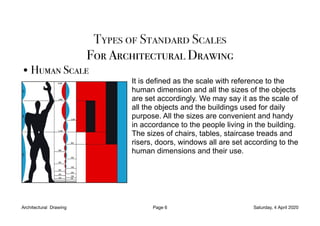 Types of Standard Scales
For Architectural Drawing
•Human Scale
It is defined as the scale with reference to the
human dimension and all the sizes of the objects
are set accordingly. We may say it as the scale of
all the objects and the buildings used for daily
purpose. All the sizes are convenient and handy
in accordance to the people living in the building.
The sizes of chairs, tables, staircase treads and
risers, doors, windows all are set according to the
human dimensions and their use.
Architectural Drawing Page 6 Saturday, 4 April 2020
 