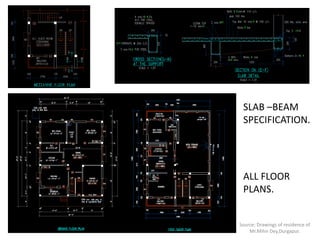 ALL FLOOR
PLANS.
SLAB –BEAM
SPECIFICATION.
Source: Drawings of residence of
Mr.Mihir Dey,Durgapur.
 