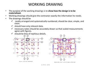 WORKING DRAWING
• The purpose of the working drawings is to show how the design is to be
materialized.
• Working drawings should give the contractor exactly the information he needs.
• The drawings should be
 neatly arranged and systematically numbered, should be clear, simple, and
clean.
 should have only relevant data.
 necessary notes should be accurately drawn so that scaled measurements
agree with figures.
 should be free of repitious details.
IS 7973- 1979
 