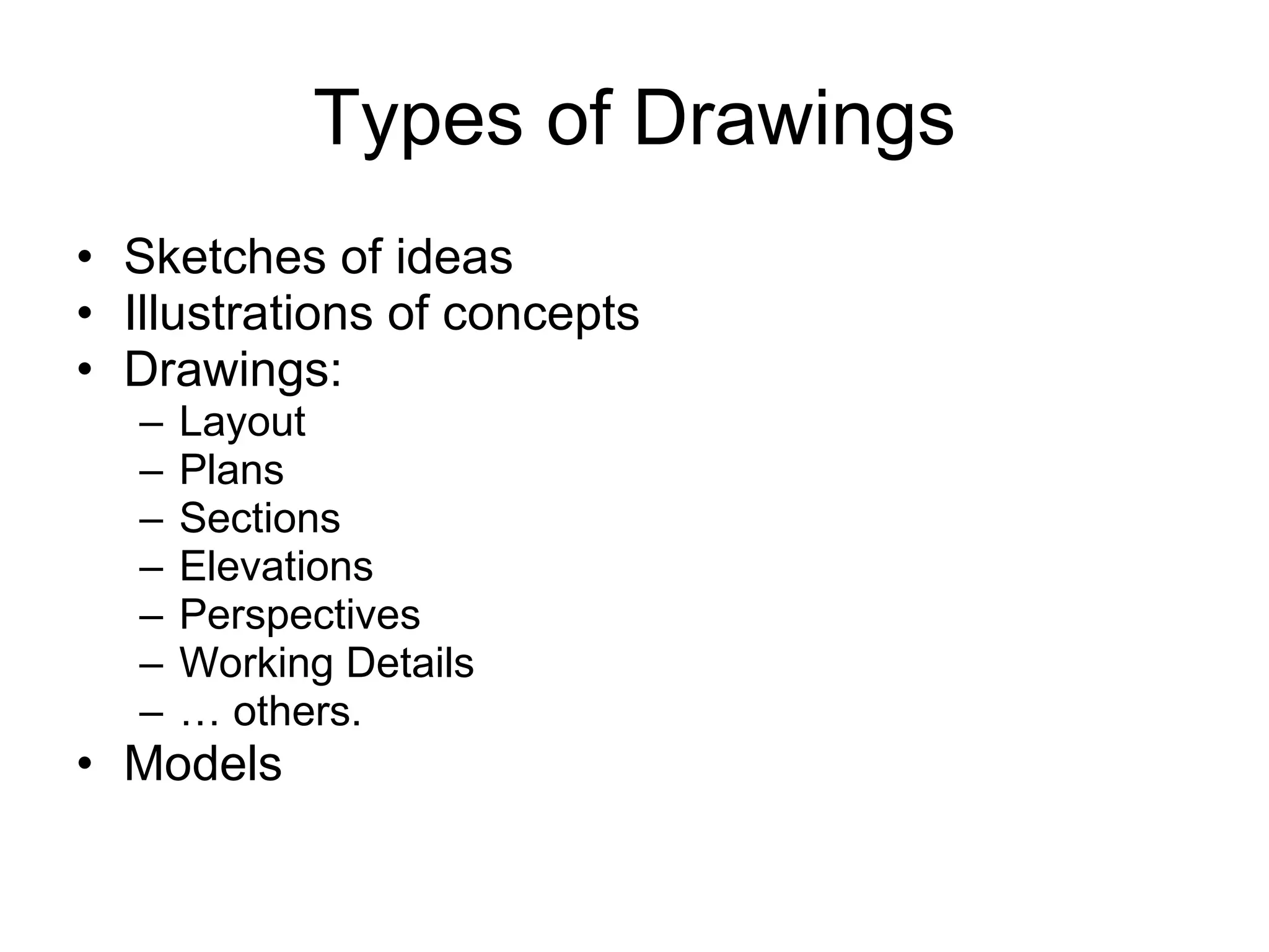 Types of Drawings Sketches of ideas Illustrations of concepts Drawings: Layout Plans Sections Elevations Perspectives Working Details …  others.  Models 