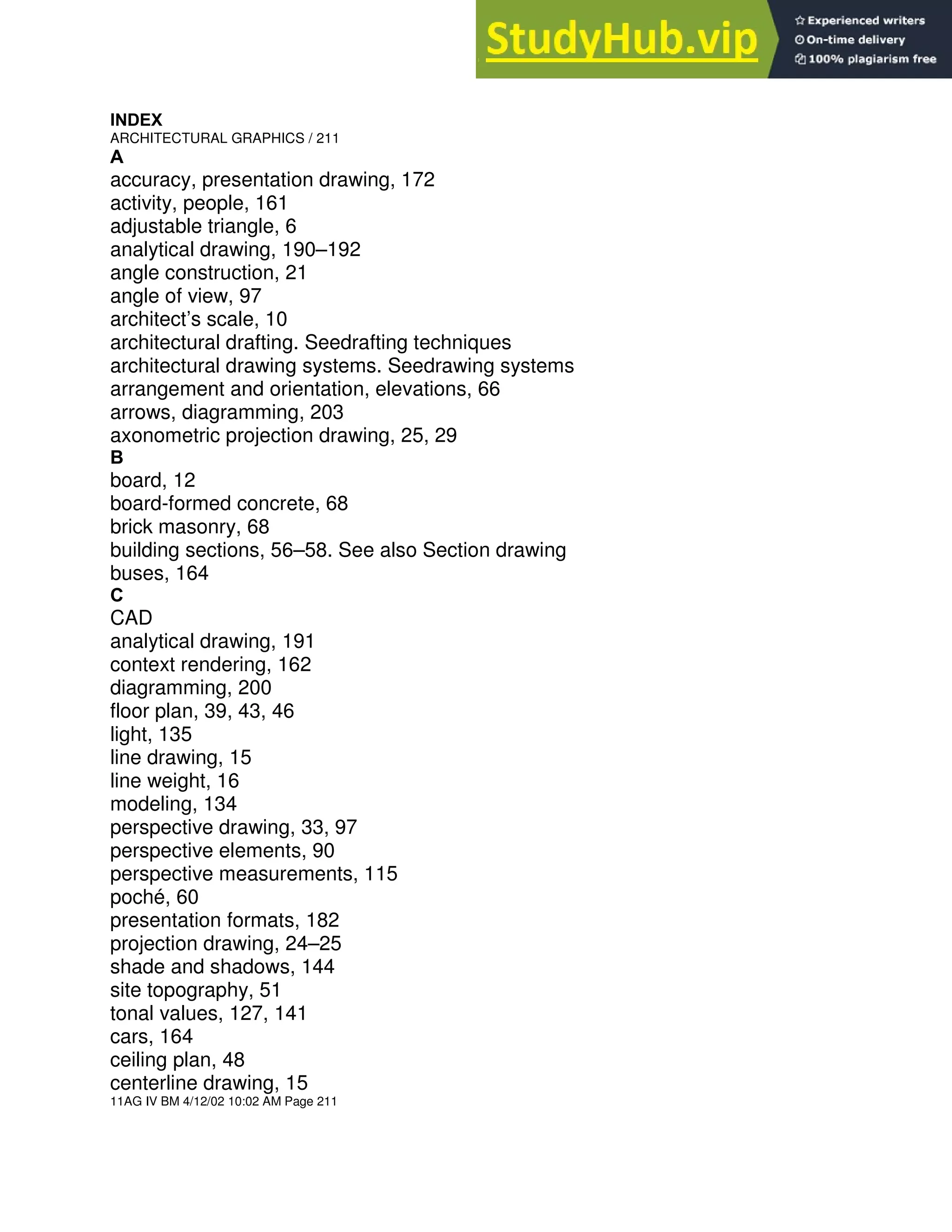 INDEX
ARCHITECTURAL GRAPHICS / 211
A
accuracy, presentation drawing, 172
activity, people, 161
adjustable triangle, 6
analytical drawing, 190–192
angle construction, 21
angle of view, 97
architect’s scale, 10
architectural drafting. Seedrafting techniques
architectural drawing systems. Seedrawing systems
arrangement and orientation, elevations, 66
arrows, diagramming, 203
axonometric projection drawing, 25, 29
B
board, 12
board-formed concrete, 68
brick masonry, 68
building sections, 56–58. See also Section drawing
buses, 164
C
CAD
analytical drawing, 191
context rendering, 162
diagramming, 200
floor plan, 39, 43, 46
light, 135
line drawing, 15
line weight, 16
modeling, 134
perspective drawing, 33, 97
perspective elements, 90
perspective measurements, 115
poché, 60
presentation formats, 182
projection drawing, 24–25
shade and shadows, 144
site topography, 51
tonal values, 127, 141
cars, 164
ceiling plan, 48
centerline drawing, 15
11AG IV BM 4/12/02 10:02 AM Page 211
 