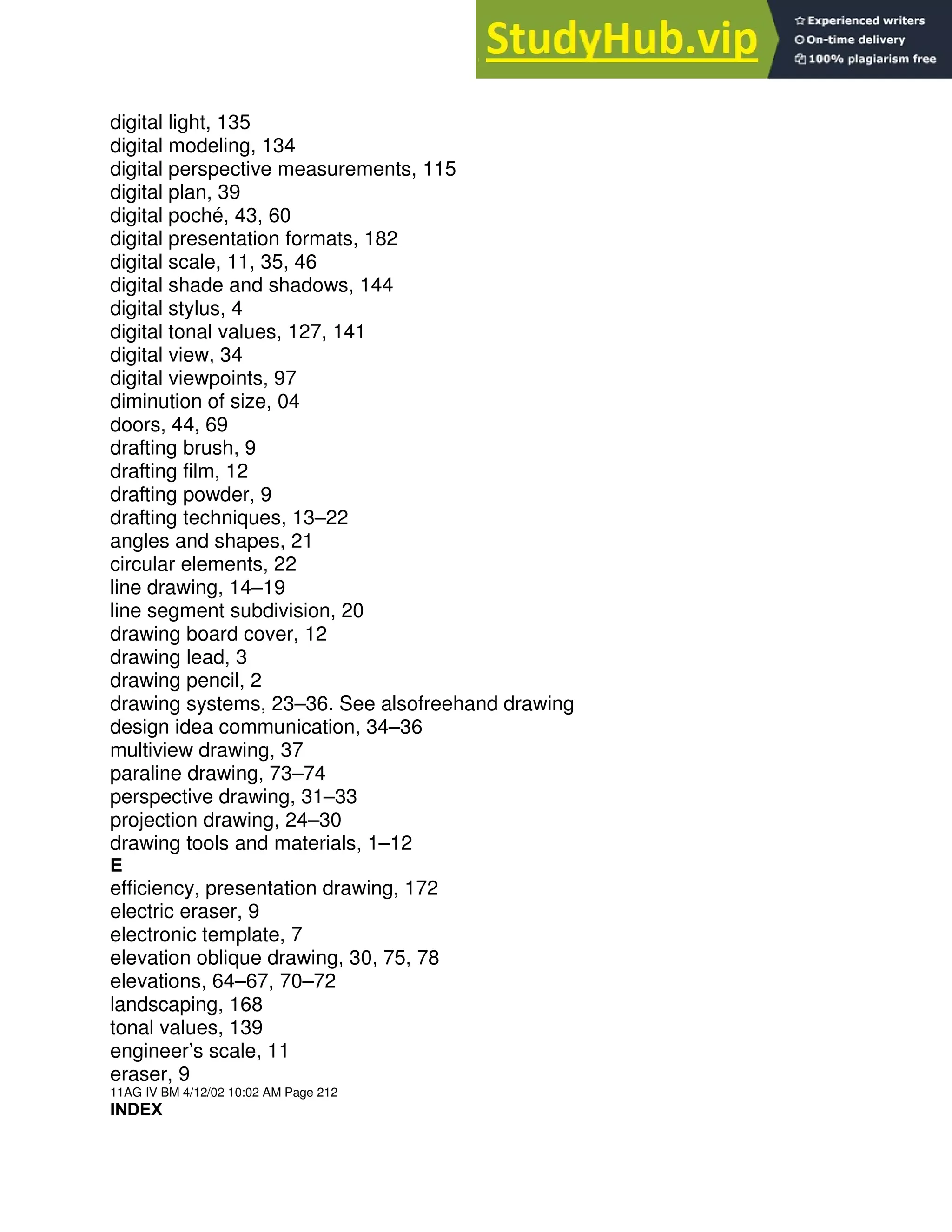 digital light, 135
digital modeling, 134
digital perspective measurements, 115
digital plan, 39
digital poché, 43, 60
digital presentation formats, 182
digital scale, 11, 35, 46
digital shade and shadows, 144
digital stylus, 4
digital tonal values, 127, 141
digital view, 34
digital viewpoints, 97
diminution of size, 04
doors, 44, 69
drafting brush, 9
drafting film, 12
drafting powder, 9
drafting techniques, 13–22
angles and shapes, 21
circular elements, 22
line drawing, 14–19
line segment subdivision, 20
drawing board cover, 12
drawing lead, 3
drawing pencil, 2
drawing systems, 23–36. See alsofreehand drawing
design idea communication, 34–36
multiview drawing, 37
paraline drawing, 73–74
perspective drawing, 31–33
projection drawing, 24–30
drawing tools and materials, 1–12
E
efficiency, presentation drawing, 172
electric eraser, 9
electronic template, 7
elevation oblique drawing, 30, 75, 78
elevations, 64–67, 70–72
landscaping, 168
tonal values, 139
engineer’s scale, 11
eraser, 9
11AG IV BM 4/12/02 10:02 AM Page 212
INDEX
 