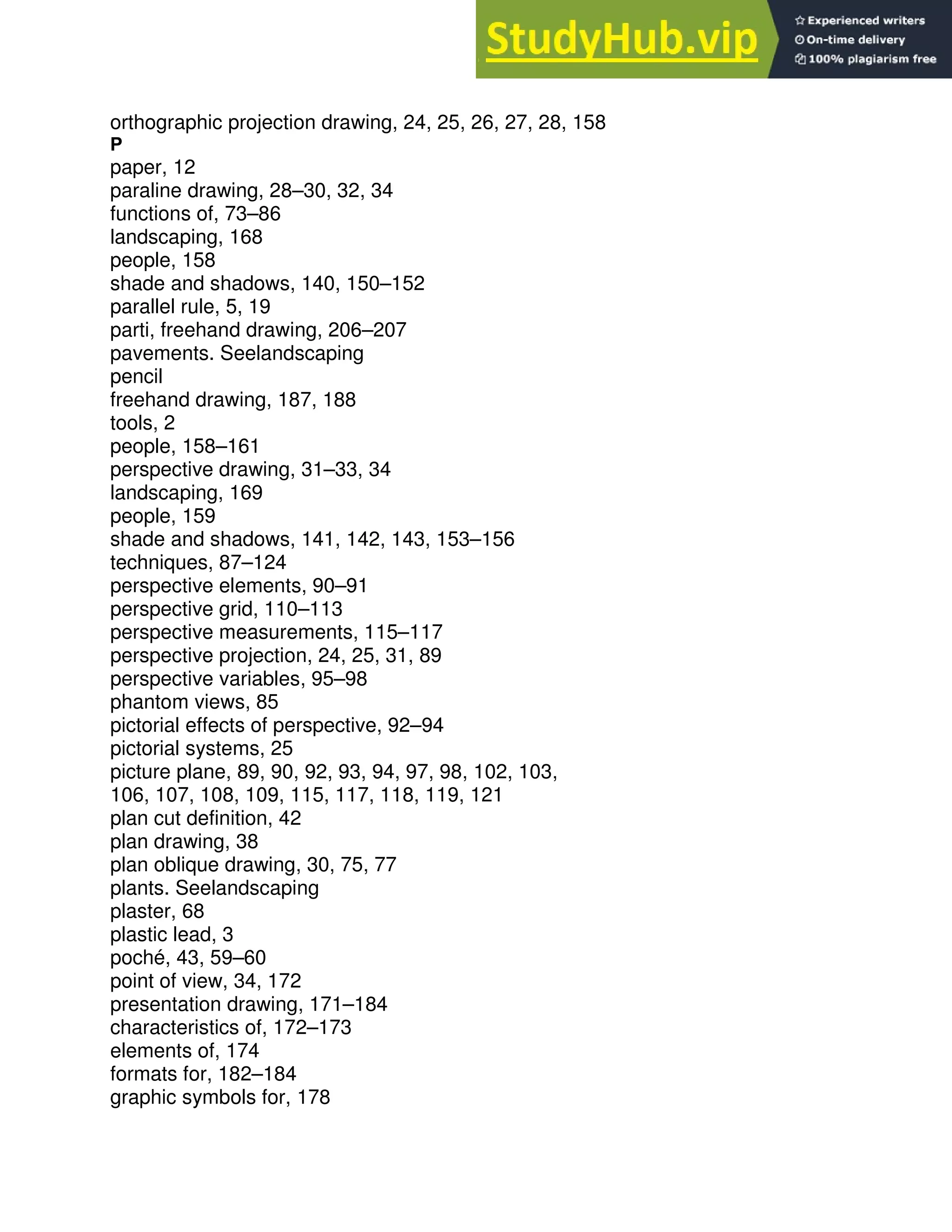 orthographic projection drawing, 24, 25, 26, 27, 28, 158
P
paper, 12
paraline drawing, 28–30, 32, 34
functions of, 73–86
landscaping, 168
people, 158
shade and shadows, 140, 150–152
parallel rule, 5, 19
parti, freehand drawing, 206–207
pavements. Seelandscaping
pencil
freehand drawing, 187, 188
tools, 2
people, 158–161
perspective drawing, 31–33, 34
landscaping, 169
people, 159
shade and shadows, 141, 142, 143, 153–156
techniques, 87–124
perspective elements, 90–91
perspective grid, 110–113
perspective measurements, 115–117
perspective projection, 24, 25, 31, 89
perspective variables, 95–98
phantom views, 85
pictorial effects of perspective, 92–94
pictorial systems, 25
picture plane, 89, 90, 92, 93, 94, 97, 98, 102, 103,
106, 107, 108, 109, 115, 117, 118, 119, 121
plan cut definition, 42
plan drawing, 38
plan oblique drawing, 30, 75, 77
plants. Seelandscaping
plaster, 68
plastic lead, 3
poché, 43, 59–60
point of view, 34, 172
presentation drawing, 171–184
characteristics of, 172–173
elements of, 174
formats for, 182–184
graphic symbols for, 178
 