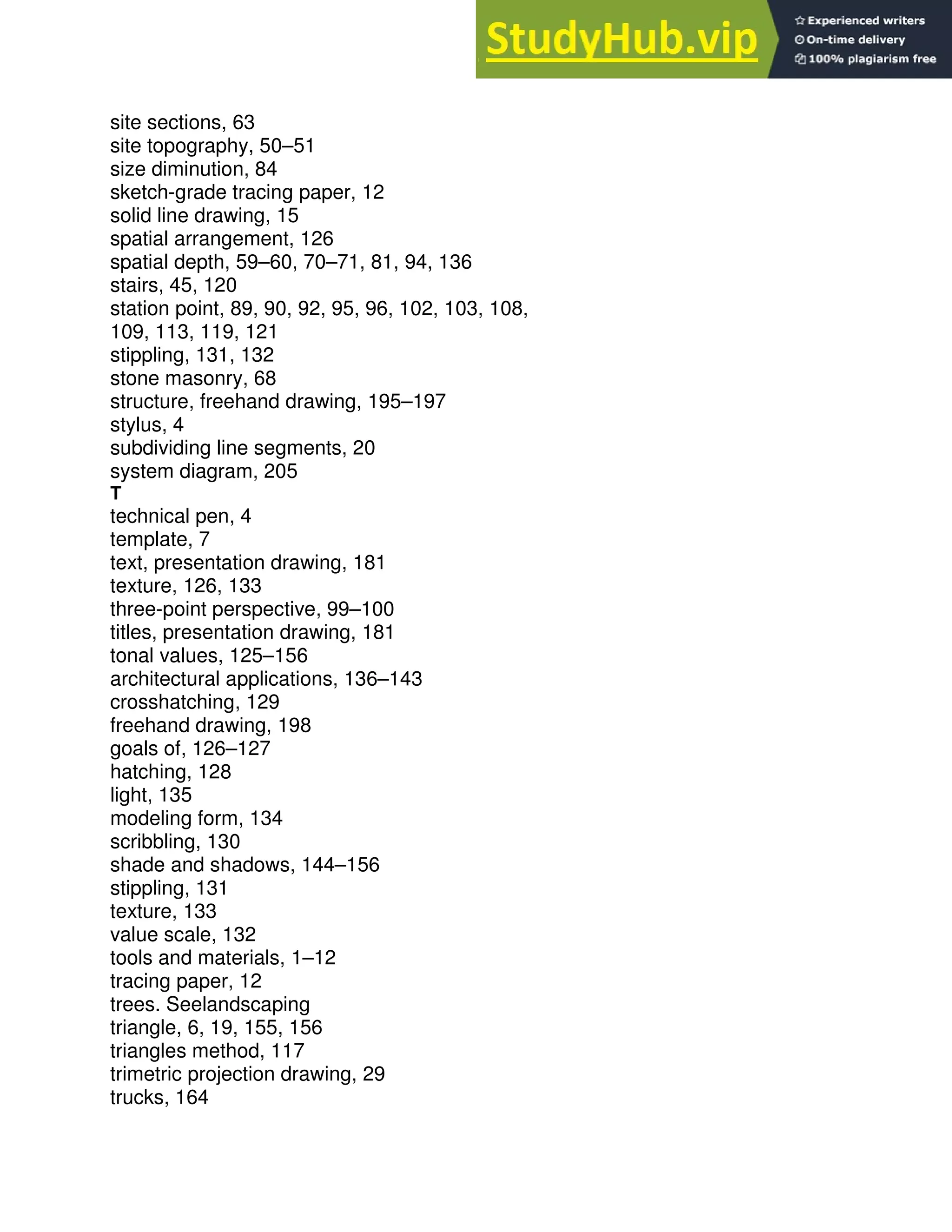 site sections, 63
site topography, 50–51
size diminution, 84
sketch-grade tracing paper, 12
solid line drawing, 15
spatial arrangement, 126
spatial depth, 59–60, 70–71, 81, 94, 136
stairs, 45, 120
station point, 89, 90, 92, 95, 96, 102, 103, 108,
109, 113, 119, 121
stippling, 131, 132
stone masonry, 68
structure, freehand drawing, 195–197
stylus, 4
subdividing line segments, 20
system diagram, 205
T
technical pen, 4
template, 7
text, presentation drawing, 181
texture, 126, 133
three-point perspective, 99–100
titles, presentation drawing, 181
tonal values, 125–156
architectural applications, 136–143
crosshatching, 129
freehand drawing, 198
goals of, 126–127
hatching, 128
light, 135
modeling form, 134
scribbling, 130
shade and shadows, 144–156
stippling, 131
texture, 133
value scale, 132
tools and materials, 1–12
tracing paper, 12
trees. Seelandscaping
triangle, 6, 19, 155, 156
triangles method, 117
trimetric projection drawing, 29
trucks, 164
 