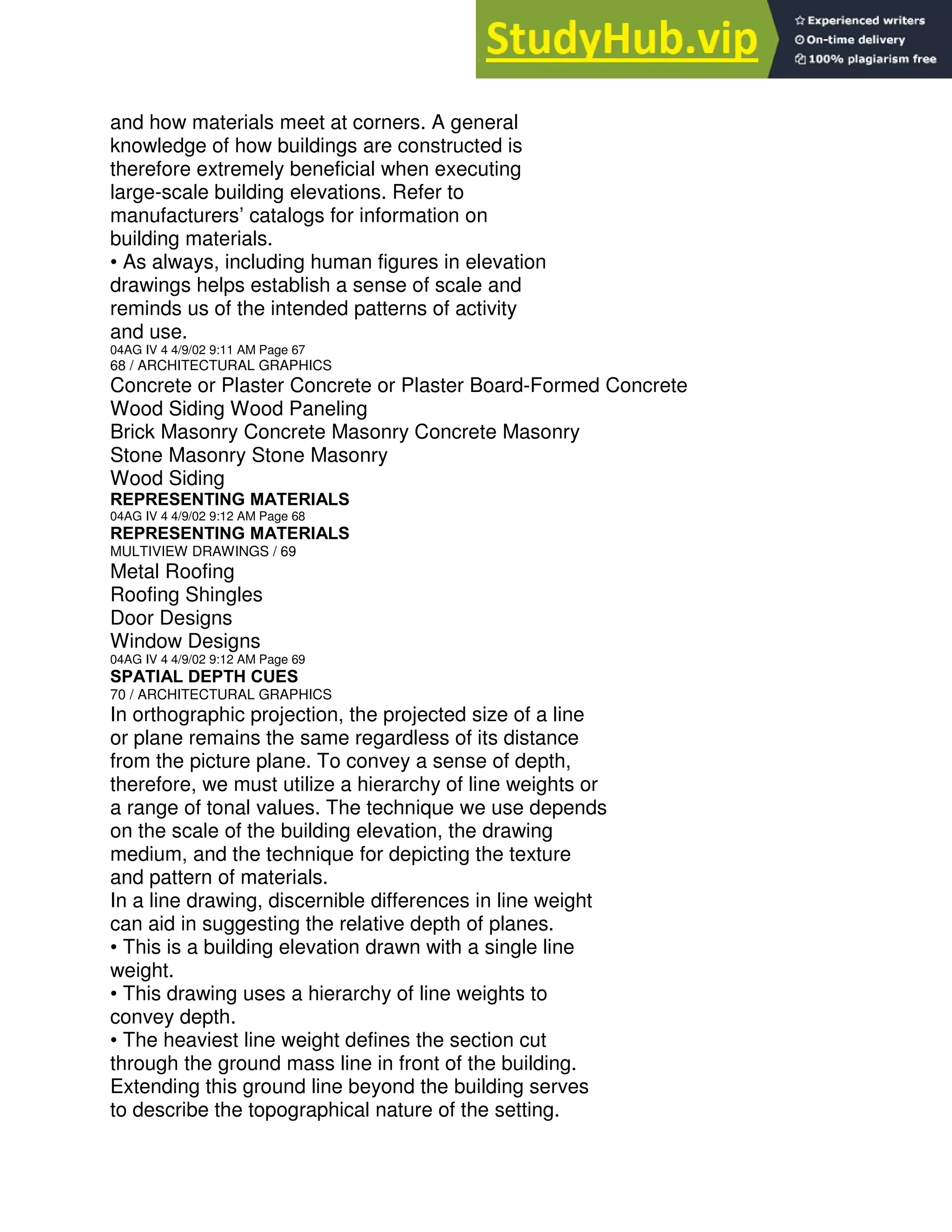 and how materials meet at corners. A general
knowledge of how buildings are constructed is
therefore extremely beneficial when executing
large-scale building elevations. Refer to
manufacturers’ catalogs for information on
building materials.
• As always, including human figures in elevation
drawings helps establish a sense of scale and
reminds us of the intended patterns of activity
and use.
04AG IV 4 4/9/02 9:11 AM Page 67
68 / ARCHITECTURAL GRAPHICS
Concrete or Plaster Concrete or Plaster Board-Formed Concrete
Wood Siding Wood Paneling
Brick Masonry Concrete Masonry Concrete Masonry
Stone Masonry Stone Masonry
Wood Siding
REPRESENTING MATERIALS
04AG IV 4 4/9/02 9:12 AM Page 68
REPRESENTING MATERIALS
MULTIVIEW DRAWINGS / 69
Metal Roofing
Roofing Shingles
Door Designs
Window Designs
04AG IV 4 4/9/02 9:12 AM Page 69
SPATIAL DEPTH CUES
70 / ARCHITECTURAL GRAPHICS
In orthographic projection, the projected size of a line
or plane remains the same regardless of its distance
from the picture plane. To convey a sense of depth,
therefore, we must utilize a hierarchy of line weights or
a range of tonal values. The technique we use depends
on the scale of the building elevation, the drawing
medium, and the technique for depicting the texture
and pattern of materials.
In a line drawing, discernible differences in line weight
can aid in suggesting the relative depth of planes.
• This is a building elevation drawn with a single line
weight.
• This drawing uses a hierarchy of line weights to
convey depth.
• The heaviest line weight defines the section cut
through the ground mass line in front of the building.
Extending this ground line beyond the building serves
to describe the topographical nature of the setting.
 