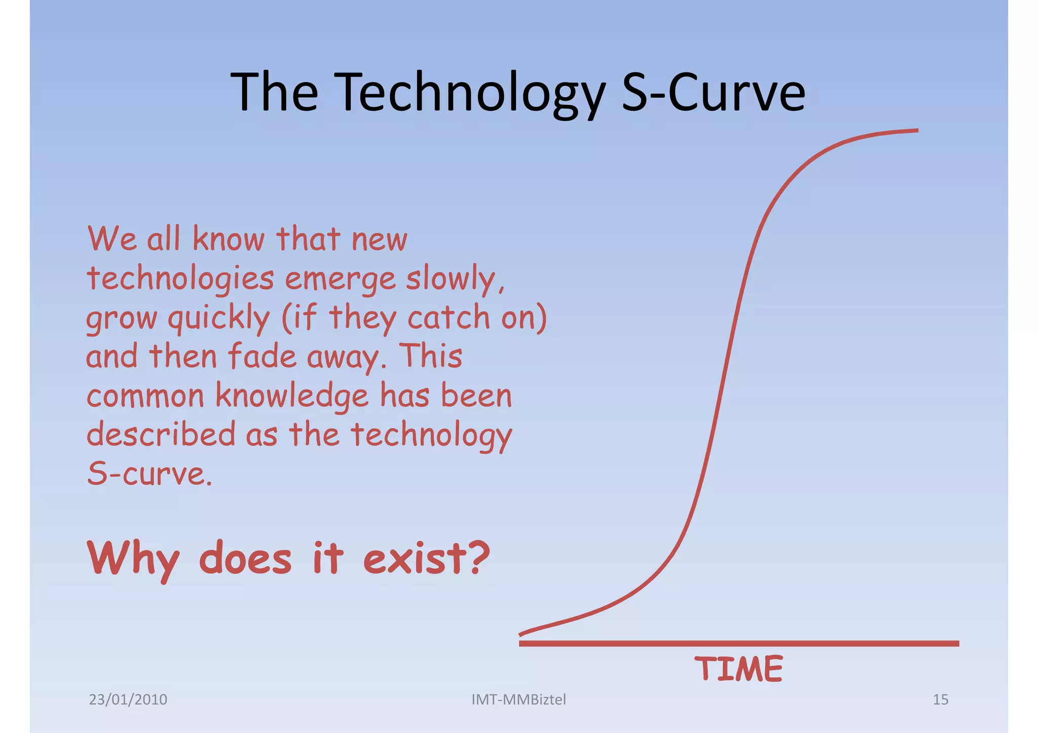 The Technology S-Curve

We all know that new
technologies emerge slowly,
grow quickly (if they catch on)
and then fade away. This
common knowledge has been
described as the technology
S-curve.

Why does it exist?

                                        TIME
23/01/2010               IMT-MMBiztel          15
 