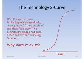 The Technology S-Curve

We all know that new
technologies emerge slowly,
grow quickly (if they catch on)
and then fade away. This
common knowledge has been
described as the technology
S-curve.

Why does it exist?

                                        TIME
23/01/2010               IMT-MMBiztel          15
 