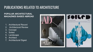 PUBLICATIONS RELATED TO ARCHITECTURE
POPULAR ARCHITECTURAL
MAGAZINES BASED ABROAD
1. Architectural Record
2. Architectural Review
3. Concept
4. Soiled
5. Landscape
6. Architect
7. Architectural Digest
 