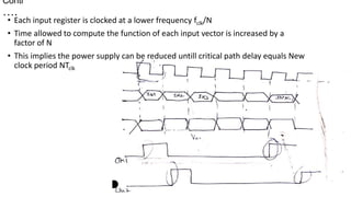 Conti
….
• Each input register is clocked at a lower frequency fclk/N
• Time allowed to compute the function of each input vector is increased by a
factor of N
• This implies the power supply can be reduced untill critical path delay equals New
clock period NTclk
 