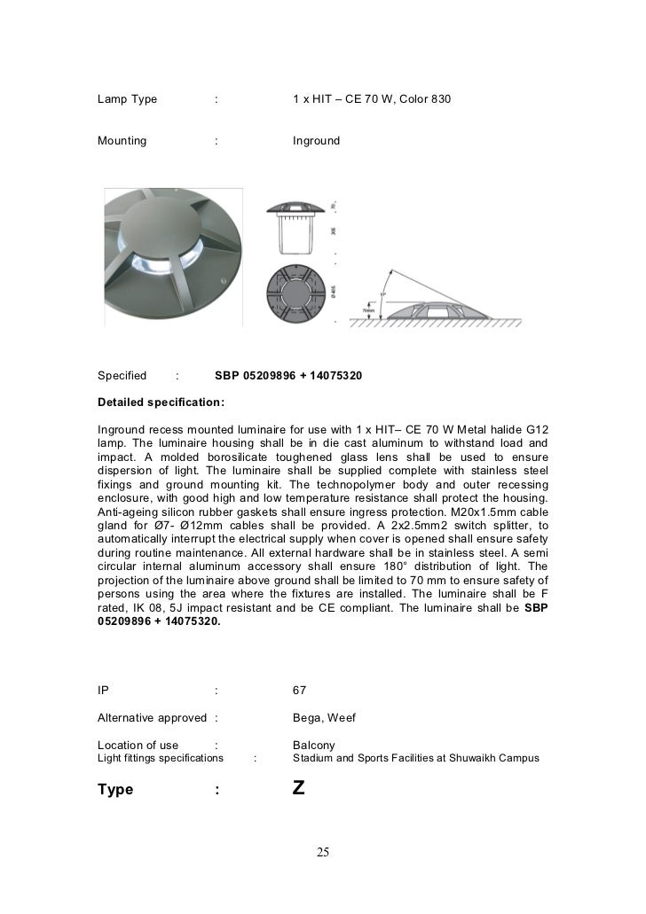 Architectural light fittings specifications