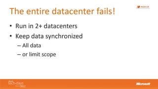 The entire datacenter fails!
• Run in 2+ datacenters
• Keep data synchronized
  – All data
  – or limit scope
 