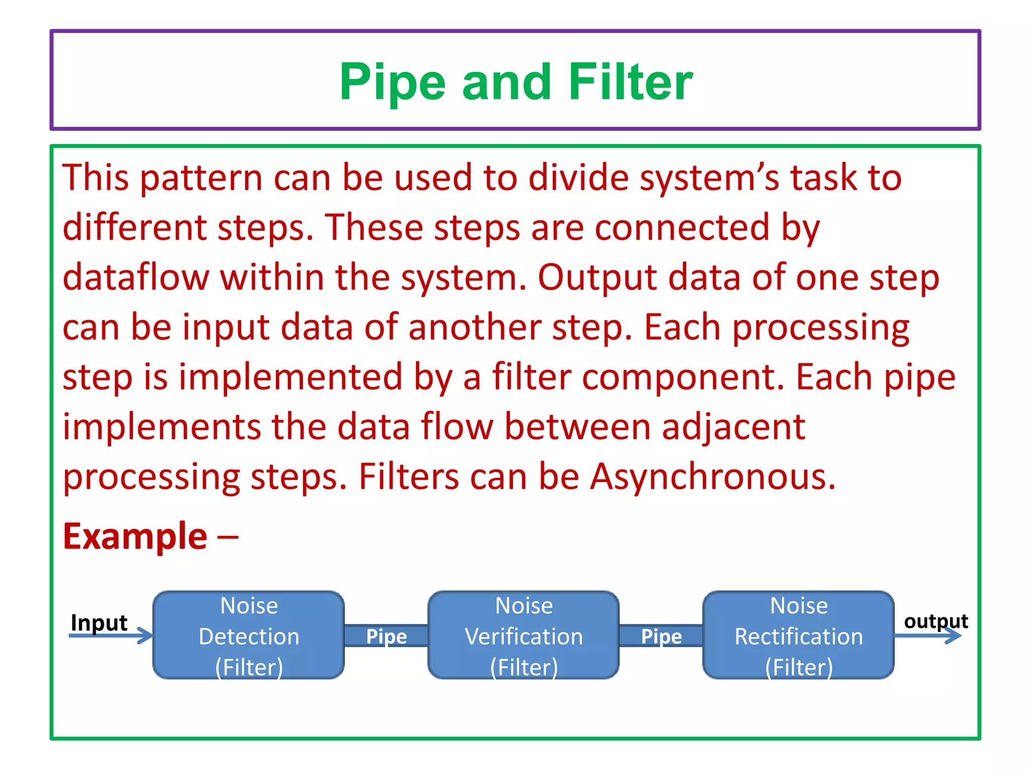 Pipe and Filter
This pattern can be used to divide system’s task to
different steps. These steps are connected by
dataflow within the system. Output data of one step
can be input data of another step. Each processing
step is implemented by a filter component. Each pipe
implements the data flow between adjacent
processing steps. Filters can be Asynchronous.
Example –
Input

Noise
Detection
(Filter)

Pipe

Noise
Verification
(Filter)

Pipe

Noise
Rectification
(Filter)

output

 