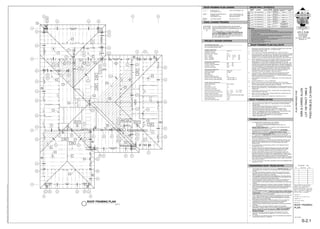 ROOF FRAMING PLAN
1/4" = 1'
A
A B
C D
1
2
3
4
1
1
1
2
2
3
3
3
4
4
4
5
6
7
7
7
7
7
6' 1
20' 1
I
D-2.1
I
D-2.1
J
D-2.1
A
D-2.1
A
D-2.1
A
D-2.1
A
D-2.1
A
D-2.1
G
D-2.1
G
D-2.1
8
K
D-2.1
K
D-2.1
10'
2
12'
2
6500#
L
D-2.1
L
D-2.1
L
D-2.1
I
D-2.1
9
A
D-2.1
K
D-2.1
J
D-2.1
I
D-2.1
K
D-2.1
M
D-3.1
2000#
11'-6" 1
21' 1
2000#
N
D-3.1
O
D-3.1
O
D-3.1
O
D-3.1
A
D-2.1
10
14'-6"
1
I
D-2.1
I
D-2.1
A
D-2.1
A
D-2.1
A
D-2.1
J
D-2.1
J
D-2.1
K
D-2.1
WSW24x8'
SW
1-11
WSW2
1-6
WSW4
11
E
D-2.1
P
D-3.1
E
D-2.1
P
D-3.1
E
D-2.1
P
D-3.1
Q
D-3.1
Q
D-3.1
H
D-2.1
R
D-3.1
R
D-3.1
A
D-2.1
6'
5
4'
5
S
D-3.1
12
A
D-2.1
A
D-2.1
U
D-3.1
V
D-3.1
T
D-3.1
T
D-3.1
I
D-2.1
I
D-2.1
I
D-2.1
13
F
D-2.1
D
D-2.1
G
D-2.1
3'-3"
3
3'-3"
3
I
D-2.1
I
D-2.1
J
D-2.1
J
D-2.1
W
D-3.1
W
D-3.1
19'
2
6'
2
1500#
1500#
3500#
200-PLF 200-PLF
X
D-3.1
G
D-2.1
Y
D-4.1
A A
D-4.1
Z
D-4.1
9
A
D-2.1
A
D-2.1
Z
D-4.1
G
D-2.1
B B
D-4.1
A
D-2.1
H
D-2.1
C C
D-4.1
I
D-2.1
1500#
J
D-2.1
J
D-2.1
K
D-2.1
D D
D-4.1
F
D-2.1
F
D-2.1
F
D-2.1
4
P
D-3.1
ROOF FRAMING PLAN CALLOUTS
1. PROVIDE 5/8" APA RATED EXPOSURE-1 OSB RADIANT BARRIER ROOF SHEATHING
(SPAN INDEX 40/20) WITH 8d @ 6" - 6" - 12". CASE 1 LAYOUT.
2. SOLID BLOCK AT RIDGE. (TYP)
3. 2X4 D.F. #2 OUT-OF-PLANE WALL BRACING @ 48" O/C. SEE DETAIL (E/D-2.1)
4. CALIFORNIA FRAMING. CONTINUE ROOF SHEATHING UNDER CALIFORNIA FRAMING
AND SOLID BLOCK AT HIPS AND VALLEYS. PROVIDE 22" X 30" OPENING FOR ATTIC
ACCESS AND ATTIC VENTILATION IN ROOF SHEATHING UNDER CALIFORNIA
FRAMING. BLOCK OUT OPENING AND EDGE NAIL SHEATHING. SEE DETAIL (F/D-2.1)
5. SPACE TRUSSES FOR 30" BY 30" ATTIC ACCESS OPENING. USE FLAT 2 X 4 AT 24"
O/C AT TOP AND BOTTOM CHORD OF TRUSSES. AN 22" X 30" ACCESS OPENING
CAN BE USED IF A LETTER FROM THE MANUFACTURER STATING THAT ALL
COMPONENTS OF FAU UNIT CAN FIT THROUGH AN OPENING OF THAT SIZE. USE 2
X RAFTER TAILS TO MATCH TRUSS SIZE AND SPACING. THE FURNACE SHALL BE
LOCATED NOT GREATER THAN 20 FEET FROM THE ATTIC ACCESS. A MINIMUM 30"
X 30" UNOBSTRUCTED LEVEL WORKING SPACE SHALL BE PROVIDED IN FRONT OF
THE FAU. A CONTINUOUS SOLID WALKWAY AT LEAST 24 INCHES WIDE FROM
ACCESS TO UNIT. A PERMANENT ELECTRIC OUTLET AND A LIGHTING FIXTURE
CONTROLLED BY A SWITCH LOCATED AT THE ATTIC ACCESS SHOULD BE
PROVIDED AT OR NEAR THE FURNACE. SEE DETAIL (D/D-2.1)
6. PLATFORM FOR FAU. INSULATION SHALL BE IN PLACE BENEATH PLATFORM.
FURNACE / AC SHALL BE PER TITLE-24 REPORT OR AN APPROVED EQUAL.
FURNACE IS CERTIFIED TO BE INSTALLED IN ATTIC. PROVIDE MANUFACTURER'S
INSTALLATION GUIDE FOR FIELD INSPECTION.
7. LUS24 HANGER AT JACK TRUSS TO G.T. CONNECTION. (TYP FOR 8'-0" SPAN JACK
TRUSSES)
8. HHUS26-2 HANGER AT G.T. TO G.T. CONNECTION.
9. 6X6 D.F. #1 POST SHALL BE CONTINUOUS FROM SILL PLATE TO TOP PLATE.
PROVIDE HGA10 AT POST TO SILL / TOP PLATE CONNECTION. HANG HEADERS TO
POST W/ HUC68 HANGER USE SIMPSON SD#10x1.5" SCREWS.
10. PROVIDE ROOF SHEATHING EDGE NAILING (8d @ 6" O/C) ALONG LENGTH OF JACK
TRUSS IN LINE W/ SHEAR WALL. ALSO PROVIDE A35 AT JACK TRUSS TO TOP PLATE
CONNECTION.
11. CS16 STRAP 12" ON TOP OF TOP PLATE. EXTEND STRAP OUT AND BEND DOWN
FACE OF BEAM 6" AT WSW WALL.
12. 6X6 D.F. #1 POST W/ PC6Z AT POST TO BEAM CONNECTION. PROVIDE HGA10 AT
POST TO SILL PLATE CONNECTION.
13. HUS26 HANGER AT TRUSS TO G.T. CONNECTION. SEE DETAIL (T/D-3.1)
PROJECT DESIGN CRITERIA
GOVERNING BUILDING CODE
2016 CALIFORNIA RESIDENTIAL CODE
2016 CALIFORNIA BUILDING CODE
GENERAL PARAMETERS
CONSTRUCTION TYPE TYPE V-B
NUMBER OF STORIES 1
MAX HEIGHT (ABV. GRADE) 17'-9"
ROOF - (LIVING) DL / LR 25 / 20 PSF
ROOF - (PORCH) DL / LR 30 / 20 PSF
WALLS - EXTERIOR DL 18 PSF
WALLS - INTERIOR DL 8 PSF
GEOTECHNICAL PARAMETERS
BEARING PRESSURE 2000 PSF
LATERAL PASSIVE PRESSURE 400 PCF
EFP (REST / ACTIVE) 50 / 35 PCF
FRICTION COEFFICIENT 0.50
WIND DESIGN PARAMETERS
DESIGN PROCEDURE SIMPLIFIED
BASIC WIND SPEED 110 MPH
EXPOSURE B
RISK CATEGORY II
INTERNAL PRESSURE COEFF. N/A
DESIGN LATERAL WIND PRESSURE 15.96 PSF (ZONE - A)
DESIGN VERTICAL WIND PRESSURE 13.86 PSF (ZONE - E)
SEISMIC DESIGN PARAMETERS
DESIGN PROCEDURE EQUIV. FORCE
SITE CLASS D
IMPORTANCE FACTOR 1.00
OCCUPANCY CATEGORY II
MAPPED SPECTRAL RESPONSE SS = 1.317 S1 = 0.4753
SPECTRAL RESPONSE COEFFICIENT SDS = 0.878 SD1 = 0.483
SEISMIC DESIGN CATEGORY SDC = D
SEISMIC FORCE RESISTING SYSTEM WOOD STRUCTURAL RATED PANEL
RESPONSE MODIFICATION FACTOR R = 6.5
DESIGN BASE SHEAR 0.13W
ANALYSIS PROCEDURE USED ASD
ENGINEERED ROOF TRUSS NOTES:
1. THE TRUSSES SHALL NOT BE INSTALLED UNTIL AN APPROVED JOB COPY OF THE
TRUSS SUBMITTALS IS ISSUED BY THE APPROPRIATE CITY / COUNTY BUILDING
DIVISION.
2. ALL TRUSS ENGINEERING, DRAWINGS, TRUSS TYPES, AND DETAILED SHOP
DRAWINGS SHALL BE APPROVED BY THE PROJECT ENGINEER OR ARCHITECT
PRIOR TO THE INSTALLATION OF THE TRUSSES.
3. TRUSS MEMBERS AND COMPONENTS SHALL NOT BE CUT, NOTCHED, DRILLED,
OR OTHERWISE ALTERED IN ANY WAY WITHOUT WRITTEN CONCURRENCE AND
APPROVAL OF A REGISTERED DESIGN PROFESSIONAL.
4. ALTERATIONS RESULTING IN THE ADDITION OF LOADS TO ANY MEMBER (E.G.
HVAC EQUIPMENT, WATER HEATER) SHALL NOT BE PERMITTED WITHOUT
VERIFICATION THAT THE TRUSS IS CAPABLE OF SUPPORTING SUCH ADDITIONAL
LOADING.
5. TRUSS MANUFACTURER SHALL PROVIDE A TRUSS PLACEMENT DIAGRAM THAT
IDENTIFIES THE PROPOSED LOCATION FOR EACH INDIVIDUALLY DESIGNATED
TRUSS AND REFERENCE THE CORRESPONDING TRUSS DESIGN DRAWINGS (TO
BE INCLUDED IN THE SUBMITTAL PACKAGE AND WITH THE SHIPMENT OF
TRUSSES.)
6. ALL TRUSS DIMENSIONS SHALL BE VERIFIED IN FIELD PRIOR TO ORDERING AND
MANUFACTURING OF TRUSSES. EITHER THE CONTRACTOR OR TRUSS COMPANY
IS RESPONSIBLE TO GO TO THE FIELD AND MEASURING THE ACTUAL FRAMING
DIMENSIONS PRIOR TO ORDERING TRUSSES.
7. TRUSS FABRICATOR SHALL BE APPROVED IN ACCORDANCE WITH CBC SECTION
1704.2. TRUSS FABRICATOR SHALL PROVIDE DOCUMENTATION TO JUSTIFY
DURING SUBMITTAL; INCLUDING NAME AND PHONE NUMBER OF THE AGENCY
INSPECTING THE SHOP OPERATIONS.
8. TRUSS MANUFACTURER SHALL PROVIDE REQUIRED TYPICAL OR INDUSTRY
STANDARD NOTES AND DETAILS IN THE TRUSS PACKAGE REGARDING
REQUIREMENTS FOR BRACING AND INSTALLATION OF TRUSSES.
9. TRUSS TO TRUSS CONNECTIONS SHALL BE SPECIFIED ON THE TRUSS DESIGN
DRAWINGS.
10. EACH TRUSS SHALL BE LEGIBLY BRANDED, MARKED, OR OTHERWISE
PERMANENTLY AFFIXED THERE TO THE FOLLOWING INFORMATION WITHIN TWO
FEET OF THE CENTER OF THE BOTTOM CHORD: IDENTITY OF THE COMPANY
MANUFACTURING THE TRUSS, THE DESIGN LOAD (AXIAL LOAD), AND THE
SPACING OF TRUSSES.
11. PLANS, DETAILS, AND CALCULATIONS SHALL BE REVIEWED BY THE JOB
ARCHITECT / ENGINEER PRIOR TO SUBMITTAL TO THE CITY / COUNTY FOR
APPROVAL.
12. ALL TRUSS CALCULATIONS AND DETAILS ARE TO BE PREPARED AND SIGNED BY
A REGISTERED ARCHITECT / ENGINEER.
AXIAL LOADED TRUSSES
ALL AXIAL LOADED TRUSSES TO BE IN LINE WITH SHEAR
PANELS AS SHOWN ON FRAMING PLAN AND ROOF PLY TO BE
NAILED WITH 8d NAILS @ 6 O.C. ALONG ENTIRE LENGTH OF
TRUSS.
AT ALL AXIAL LOADED G.T.'S OR (2) PLY AXIAL LOADED
TRUSSES PROVIDE 8d @ 6" O/C FROM ROOF SHEATHING INTO
BOTH TOP CHORD MEMBERS OF TRUSS. STAGGER NAILS ON
BOTH TOP CHORD MEMBERS AND NAIL FOR ENTIRE LENGTH
OF TRUSS. (THEREFORE THERE SHOULD BE TWO ROWS OF 8d
@ 6" O/C ALONG MULTI PLY TRUSS)
??????#
FRAMING NOTES:
1. ALL HEADERS ABOVE OPENINGS SHALL BE A MINIMUM:
6X8 D.F. #1 AT 2X6 D.F. #2 STUD WALLS (U.O.N.)
ALL INTERIOR NON-BEARING HEADERS SHALL BE 4X8 D.F. #2
OR 6X8 D.F. #1.
WINDOW / DOOR OPENING NOTE: ALL WINDOW / DOOR OPENINGS SHALL BE
CONNECTED PER DETAIL (A/D-2.1) U.O.N.
2. ALL TOP PLATES TO HAVE 48" MIN. LAP AT SPLICES WITH (18)-16d NAILS
STAGGERED PER LAP CONNECTION. NAILS SHALL BE INSTALLED VERTICALLY
(PERPENDICULAR TO TOP PLATE). (DO NOT INSTALL NAILS AT ANGLE)
3. LINES-2 & 3 TOP PLATE SPLICE CONNECTION: ALL TO PLATE TO HAVE 48" MIN.
LAP AT SPLICES WITH (28)-16d NAILS STAGGERED PER LAP CONNECTION.
3. ALL LUMBER SHALL BE IDENTIFIED WITH THE GRADE MARK AND STAMP OF THE
GRADING ASSOCIATION COVERING THE SPECIES AND UNDER WHOSE GRADING
RULES THE LUMBER WAS PRODUCED.
4. THE MANUFACTURERS A.I.T.C. CERTIFICATION OF COMPLIANCE FOR GLU-LAM
BEAMS OR MICRO-LAM BEAMS IS TO BE PROVIDED AT THE TIME OF FRAMING
INSPECTION AND PROPERLY INDICATE THE FIBER BENDING AND GRADE
SPECIFICATION.
5. PLACE SHEAR PANEL ON SHEAR WALLS PRIOR TO THE CONSTRUCTION OF
INTERSECTING WALLS.
6. PROVIDE FIRE STOPS IN CONCEALED SPACES OF STUD WALLS INCLUDING
SPACES AT CEILING AND FLOORS & IN OPENINGS AROUND DUCTS, PIPES,
CHIMNEYS, AND SIMILAR OPENINGS WHICH ALLOW PASSAGE OF FIRE.
7. SHOWER COMPARTMENT AND WALLS ABOVE BATHTUBS WITH INSTALLED
SHOWER HEADS SHALL BE FINISHED WITH A NONABSORBENT SURFACE TO A
HEIGHT NOT LESS THAN 72" ABOVE THE FLOOR PER CRC R307.2. FIBER-CEMENT,
FIBER-MAT REINFORCED CONCRETE, GLASS MAT GYPSUM BACKERS, OR
FIBER-REINFORCED GYPSUM BACKERS SHALL BE USED AS A BASE FOR CERAMIC
WALL TILES IN TUB AND SHOWER AREAS AS WELL AS WALL PANELS IN SHOWER
AREAS PER CRC R702.4.2.
8. ALL COIL STRAPS ARE TO BE EVENLY DISTRIBUTED ONTO BOTH MEMBERS BEING
CONNECTED. (U.O.N.)
ROOF FRAMING NOTES:
1. USE H-1 CLIPS AT EACH TRUSS / RAFTER TO TOP PLATE / BEAM CONNECTIONS.
2. USE H10A-2 CLIPS AT ALL (2)-PLY / G.T. / DBL RAFTER TO TOP PLATE / BEAM
CONNECTIONS.
3. PROVIDE EAVE BLOCKS BETWEEN EACH TRUSS W/ 8d AT 6" O.C. AND PROVIDE
VENT BLOCKS AT EVERY THIRD TRUSS IF APPLIES.
4. PROVIDE 5/8" APA RATED EXPOSURE-1 OSB RADIANT BARRIER ROOF
SHEATHING (SPAN INDEX 40/20) WITH 8d @ 6" - 6" - 12". CASE 1 LAYOUT.
5. USE 5
8" "LP FLAMEBLOCK" SHEATHING AT EAVES W/ 6-6-12 NAILING AND CASE 1
LAYOUT. USE EXTERIOR GLUE AT ALL EXPOSED EAVES.
6. ROOF UNDER LAYMENT SHALL COMPLY WITH CBC 1507 AND APPLICABLE
TABLES. USE 30# FELT UNDERNEATH ALL ROOF MATERIALS.
7. FASCIA TO BE 2X8 HEM FIR.
ROOF FRAMING PLAN LEGEND
= EXTERIOR WALLS: 2X6 D.F. #2 STUDS @ 16" O/C
(PLATE HEIGHT = 9'-0")
= INTERIOR NON-BEARING WALLS: 2X4 D.F. #2 STUDS @ 16" O/C
PLUMBING WALLS: 2X6 D.F. #2 STUDS @ 16" O/C
(PLATE HEIGHT = 9'-0") SEE DETAILS (C/D-2.1)
= CALIFORNIA FRAMING: SEE DETAIL (F/D-2.1)
SHEAR WALL SCHEDULE
FOOTNOTES:
2
MATERIAL
1 All sheathing to be Struct I panel grade and fully blocked.
2 Refer to "Vertical Diaphragm Notes" for material and application specifications.
3 All nails specified are common. Where "air-gun" nailing is used, care shall be taken to use true common nail equivalents.
4 Provide 0.229" thick x 3" square, flat plate washers at all 5/8" diameter anchor bolts. Plate washer is required to be within
1/2" of plywood sheathing.
5 For walls which bear trusses; one H-1 clip, from truss to top plate, may be used in place of one A35 top plate connector.
6 Use RBC @ 3x sill plate to rim joist or solid blocking with spacing per "Top Plate Connector".
7 Ok to use (1) A35 clip in lieu of (1) RBC as needed.
8 Studs shall be 3x minimum @ panel edges. Use 3x P.T.D.F. bottom plate for Shear Panel 6 & 7. Use 2x P.T.D.F. bottom
plate for Shear Panels 1-5. Stagger nails @ double top plate and panel edges.
9 Stagger nails at opposite sides of wall.
10 Provide a double rim joist and stagger SDWS screws by 3".
11 Install LTP4 with 8d common nails only.
10d @ 3 - 12
8d @ 3 - 12
10d @ 2 - 12
10d @ 3 - 12
8d @ 4 - 12
8d @ 6 - 12
550
15/32" OSB (ID# 24/0)
15/32" OSB (ID# 24/0)
15/32" OSB (ID# 24/0)
1740
870
665
15/32" OSB (ID# 24/0)
15/32" OSB (ID# 24/0)
15/32" OSB (ID# 24/0)
15/32" OSB (ID# 24/0)
430
280
16d @ 3.5" o/c
16d @ 3.0" o/c
16d @ 4.5" o/c
16d @ 6" o/c
RBC @ 18" o/c
or LPT4 @ 24" o/c
RBC @ 12" o/c
or LPT4 @ 16" o/c
RBC @ 8" o/c
or LPT4 @ 12" o/c
RBC @ 8" o/c
or LPT4 @ 10" o/c
RBC @ 6" o/c
or LPT4 @ 8" o/c
LTP4 @ 4" o/c
LTP4 @ 5" o/c
1330
TOP PLATE
CONNECTOR
3,5,
7,11
5
8
@ FND
SILL PLATE NAILS
@ SUB-FLR
4,8
6
1
3
4
5
6
7 10d @ 2 - 12
2 SIDES
SHEAR
(plf)
N
N
N
N
N
Y
Y
NAILING
(E.N. F.N.)
48" o/c
40" o/c
32" o/c
26" o/c
20" o/c
12" o/c
10" o/c
8
8
8,9,10
8,9,10
SDWS0.22x6"
SCREWS @ 6" O/C
(2)-Rows SDWS0.22x6"
SCREWS @ 6" O/C
(2)-Rows SDWS0.22x6"
SCREWS @ 6" O/C
John A. Kudla
Civil Engineering &
Structural Design
R.C.E. #50652
610 10th ST. UNIT 'A' PASO
ROBLES, CA.
ENGINEERING
239-4151
SHEET NUMBER:
SHEET TITLE:
PROJECT NO.
DRAWN BY
FILE NAME
DATE
jbdraftingprojectscapps,
DevonlOT#106LOT
106SheetsS-2.1
ROOF
FRAMING
PLAN.dwg
Johnny
Kudla
2/7/2017
9:46:02
AM
PASO
ROBLES,
CA
93446
LOT
106
TRACT
1990-2
KIRK
&
CARRIE
ALLEN
3/31/2017 8:00 AM
----
S-2.1 ROOF FRAMING PLAN.DWG
JJK
ROOF FRAMING
PLAN
S-2.1
 