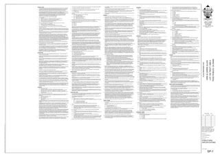 GENERAL NOTES
1. THE FOLLOWING NOTES, DETAILS, SCHEDULES & SPECIFICATIONS SHALL APPLY TO ALL PHASES OF
THIS PROJECT UNLESSSS SPECIFICALLY OTHERWISE NOTED (UON). NOTES AND DETAILS ON THE
STRUCTURAL PLANS SHALL TAKE PRECEDENCE OVER GENERAL NOTES AND TYPICAL DETAILS.
WHERE NO DETAILS ARE GIVEN, CONSTRUCTION SHALL BE AS SHOWN FOR SIMILAR WORK
2. ALL DRAWINGS ARE CONSIDERED TO BE PART OF THE CONTRACT DOCUMENTS. THE CONTRACTOR
SHALL BE RESPONSIBLE FOR THE REVIEW AND COORDINATION OF ALL DRAWINGS AND
SPECIFICATIONS PRIOR TO THE START OF CONSTRUCTION. ANY DISCREPANCIES SHALL BE BROUGHT
TO THE ATTENTION OF THE ENGINEER PRIOR TO THE START OF CONSTRUCTION SO THAT A
CLARIFICATION CAN BE ISSUED. ANY WORK PERFORMED IN CONFLICT WITH THE CONTRACT
DOCUMENTS OR ANY APPLICABLE CODE REQUIREMENTS SHALL BE CORRECTED BY THE
CONTRACTOR AT NO EXPENSE TO THE OWNER OR ENGINEER.
3. REFER TO THE ARCHITECTURAL PLANS FOR THE FOLLOWING:
3.1. DIMENSIONS
3.1. SIZE AND LOCATION OF ALL INTERIOR AND EXTERIOR WALL LOCATIONS.
3.2. SIZE AND LOCATION OF ALL FLOOR, ROOF AND WALL OPENINGS
3.3. SIZE AND LOCATION OF ALL DRAINS, SLOPES, DEPRESSIONS, STEPS, ETC.
3.4. SPECIFICATION OF ALL FINISHES & WATERPROOFING
3.5. ALL OTHER NON-STRUCTURAL ELEMENTS
4. REFER TO THE MECHANICAL, ELECTRICAL AND PLUMBING PLANS FOR THE FOLLOWING:
4.1. SIZE AND LOCATION OF ALL EQUIPMENT
4.2. PIPE RUNS, SLEEVES, HANGERS AND TRENCHES
4.3. ALL OTHER MECHANICAL, ELECTRICAL OR PLUMBING RELATED ELEMENTS
5. DO NOT SCALE STRUCTURAL PLANS. CONTRACTOR SHALL USE ALL WRITTEN DIMENSIONS ON
ARCHITECTURAL PLANS.
6. CONSTRUCTION MATERIALS SHALL BE UNIFORMLY SPREAD OUT IF PLACED ON FLOOR OR ROOF SO
AS TO NOT OVERLOAD THE FRAMING. LOAD SHALL NOT EXCEED THE DESIGN LIVE LOAD PER SQUARE
FOOT. IT IS THE CONTRACTOR'S RESPONSIBILITY TO PROVIDE ADEQUATE SHORING AND/OR BRACING
AS REQUIRED.
7. SPECIFICATIONS AND DETAILING OF ALL WATERPROOFING AND DRAINAGE ITEMS, WHILE SOMETIMES
SHOWN ON THE STRUCTURAL PLANS FOR GENERAL INFORMATION PURPOSES ONLY, ARE SOLELY
THE DESIGN RESPONSIBILITY OF OTHERS.
8. THE ENGINEER WILL NOT BE RESPONSIBLE FOR AND WILL NOT HAVE CONTROL OR CHARGE OF
CONSTRUCTION MEANS, METHODS, TECHNIQUES, SEQUENCES OR PROCEDURES, OR FOR SAFETY
PRECAUTIONS AND PROGRAMS IN CONNECTION WITH THE CONSTRUCTION DELINEATED BY THESE
PLANS. IT SHOULD BE UNDERSTOOD THAT THE CONTRACTOR OR HIS/HER AGENT(S) SHALL
SUPERVISE AND DIRECT ALL WORK AND SHALL BE SOLELY AND COMPLETELY RESPONSIBLE FOR ALL
CONSTRUCTION MEANS, METHODS, TECHNIQUES, SEQUENCES, PROCEDURES AND CONDITIONS ON
THE JOB SITE, INCLUDING SAFETY OF ALL PERSONS AND PROPERTY DURING THE ENTIRE PERIOD OF
CONSTRUCTION. PERIODIC OBSERVATIONS BY THE ENGINEER, HIS STAFF OR REPRESENTATIVES ARE
NOT INTENDED TO INCLUDE VERIFICATION OF DIMENSIONS OR REVIEW THE ADEQUACY OF THE
CONTRACTOR'S SAFETY MEASURES ON OR NEAR THE CONSTRUCTION SITE.
9. MODIFICATIONS OF THE PLANS, NOTES, DETAILS AND SPECIFICATIONS SHALL NOT BE PERMITTED
WITHOUT PRIOR APPROVAL FROM THE ENGINEER.
10. ALL WORKMANSHIP SHALL CONFORM TO THE BEST PRACTICE PREVAILING IN THE VARIOUS TRADES
PERFORMING THE WORK. THE CONTRACTOR SHALL BE RESPONSIBLE FOR COORDINATING THE
WORK OF ALL TRADES.
11. IT IS THE CONTRACTOR'S RESPONSIBILITY TO ENSURE THAT ONLY APPROVED STRUCTURAL PLANS
ARE USED DURING THE COURSE OF CONSTRUCTION. THE USE OF UNAPPROVED DOCUMENTS SHALL
BE AT THE CONTRACTOR'S OWN RISK. CORRECTIONS OF ALL WORK BASED ON SUCH DOCUMENTS
SHALL BE PERFORMED AT THE CONTRACTOR'S EXPENSE.
12. THESE PLANS AND SPECIFICATIONS REPRESENT THE STRUCTURAL DESIGN ONLY. NO INFORMATION
NOR WARRANTY IS PROVIDED FOR THE WORK OF ANY OTHER CONSULTANT (ARCHITECT,
MECHANICAL, ELECTRICAL, ETC.). THIS INCLUDES, BUT IS NOT LIMITED TO, WATERPROOFING,
DRAINAGE, VENTILATION, ACCESSIBILITY, OR DIMENSIONS.
FOUNDATIONS
1. REFER TO STRUCTURAL DESIGN PARAMETERS SECTION ON SHEET S-1.1 FOR ALL SOIL DESIGN
VALUES USED IN CALCULATIONS.
2. SOILS VALUES PER GEOLOGIC/GEOTECHNICAL REPORT REFERENCED ON FOUNDATION PLAN. THIS
REPORT AND ALL RECOMMENDATIONS CONTAINED THEREIN ARE TO BE CONSIDERED A PART OF
THESE PLANS.
3. IT IS THE CONTRACTOR'S RESPONSIBILITY TO OBTAIN A COPY OF THE SOILS REPORT FROM THE
OWNER. A COPY OF THE SOILS REPORT SHALL BE ON THE JOB SITE DURING THE COURSE OF
CONSTRUCTION.
4. UNEXPECTED SOIL CONDITIONS: ALLOWABLE VALUES AND SUBSEQUENT FOUNDATION DESIGNS ARE
BASED ON SOIL CONDITIONS WHICH ARE SHOWN BY TEST BORINGS. ACTUAL SOIL CONDITIONS
WHICH DEVIATE APPRECIABLY FROM THAT SHOWN IN THE TEST BORINGS SHALL BE REPORTED TO
THE ENGINEER IMMEDIATELY.
5. ALL COMPACTION, FILL, BACKFILLING AND SITE PREPARATION SHALL BE PERFORMED IN
ACCORDANCE WITH PROJECT SOILS REPORT OR CBC APPENDIX CHAPTER J. ALL SUCH WORK SHALL
BE PERFORMED UNDER THE SUPERVISION OF THE PROJECT SOILS ENGINEER.
6. EXCAVATE TO REQUIRED DEPTHS AND DIMENSIONS (AS INDICATED IN THE DRAWINGS), CUT SQUARE
AND SMOOTH WITH FIRM LEVEL BOTTOMS. CARE SHALL BE TAKEN NOT TO OVER-EXCAVATE
FOUNDATION AT LOWER ELEVATION AND PREVENT DISTURBANCE OF SOILS AROUND HIGH
ELEVATION.
7. FOUNDATIONS SHALL BE POURED IN NEAT EXCAVATIONS.
8. EXCAVATE ALL FOUNDATIONS TO REQUIRED DEPTHS INTO COMPACTED FILL (AS PER PLANS AND
DETAILS) AND AS VERIFIED BY THE BUILDING OFFICIAL AND/OR SOILS ENGINEER.
9. ALL FOUNDATIONS SHALL BE INSPECTED AND APPROVED BY THE APPROPRIATE BUILDING OFFICIAL
AND/OR A REPRESENTATIVE OF THE SOILS ENGINEER PRIOR TO FORMING AND PLACEMENT OF
REINFORCING OR CONCRETE.
10. FOUNDATIONS SHALL NOT BE POURED UNTIL ALL REQUIRED REINFORCING STEEL, FRAMING
HARDWARE, SLEEVES, INSERTS, CONDUITS, PIPES, ETC. AND FORMWORK IS PROPERLY PLACED AND
INSPECTED BY THE APPROPRIATE BUILDING OFFICIAL/INSPECTOR(S).
11. IT IS THE RESPONSIBILITY OF THE CONTRACTOR IN CHARGE OF FRAMING TO PROPERLY POSITION
ALL HOLDOWN BOLTS, ANCHOR BOLTS, COLUMN BASES, AND ALL OTHER CAST-IN-PLACE HARDWARE.
REFER TO TYPICAL DETAILS. ALL HARDWARE TO BE SECURED PRIOR TO FOUNDATION INSPECTIONS.
12. THE SIDES AND BOTTOMS OF DRY EXCAVATIONS MUST BE MOISTENED JUST PRIOR TO PLACING
CONCRETE; CONVERSELY, DE-WATER FOOTINGS AS REQUIRED TO REMOVE STANDING WATER AND
TO MAINTAIN OPTIMUM WORKING CONDITIONS.
13. THE CONTRACTOR SHALL BE SOLELY RESPONSIBLE FOR ALL EXCAVATION PROCEDURES INCLUDING
LAGGING, SHORING, AND THE PROTECTION OF ADJACENT PROPERTY, STRUCTURES, STREETS, AND
UTILITIES IN ACCORDANCE WITH ALL FEDERAL, STATE AND LOCAL SAFETY ORDINANCES. THE
CONTRACTOR SHALL PROVIDE FOR THE DESIGN AND INSTALLATION OF ALL CRIBBING, BRACING AND
SHORING REQUIRED.
CONCRETE
1. ALL CONCRETE SHALL HAVE:
1.1. AN ULTIMATE COMPRESSIVE STRENGTH (F'C) OF 2500 PSI AT 28 DAYS (UON).
1.2.
SHALL HAVE A 4'' TO 6'' SLUMP AT ''DRY'' HOLES AND A 6'' - 8'' SLUMP AT ''WET'' HOLES.
1.3. A W/C RATIO OF 0.55 OR LESS FOR ALL SLABS, WALLS, AND COLUMNS, AND 0.60 OR LESS FOR
ALL FOUNDATIONS.
1.4. A NORMAL DRY-WEIGHT DENSITY (UON)
2. SPECIAL INSPECTION IS NOT REQUIRED, EXCEPT WHERE SPECIFIED HEREIN, ON THE STRUCTURAL
PLANS, OR BY THE BUILDING DEPARTMENT. AS A MINIMUM, SPECIAL INSPECTION IS ALWAYS
REQUIRED ON:
2.1. STRUCTURAL SLABS, FLAT PLATES
2.2. WALLS, COLUMNS, BEAMS
2.3. PILES, CAISSONS
2.4. WELDING OF REINFORCEMENT, INSTALLATION OF MECHANICAL BAR SPLICE DEVICES, EPOXY
APPLICATIONS
WHEN REQUIRED OR SPECIFIED, SPECIAL INSPECTION SERVICES SHALL CONFORM TO CBC CHAPTER
17 AND SHALL BE PROVIDED BY AN ICC CERTIFIED INSPECTOR OR BUILDING DEPARTMENT APPROVED
ENGINEER.
THE BUILDING DEPARTMENT RESERVES THE RIGHT TO WAIVE OR REQUIRE THE SPECIAL INSPECTION
REQUIREMENTS [CBC 1704.1 AND 1704.4] . NOTHING IN THESE PLANS WAIVES THE BUILDING
DEPARTMENT RIGHT TO REQUIRE SPECIAL INSPECTION ON AT ANY POINT AND ON ANY MATERIAL.
3. TESTING OF MATERIALS USED IN CONCRETE CONSTRUCTION MUST BE PERFORMED AS NOTED ON
STRUCTURAL PLANS OR AT THE REQUEST OF THE BUILDING DEPARTMENT TO DETERMINE IF
MATERIALS ARE QUALITY SPECIFIED. TESTS OF MATERIALS AND OF CONCRETE SHALL BE MADE BY
AN APPROVED AGENCY AND AT THE EXPENSE OF THE OWNER; SUCH TESTS SHALL BE MADE IN
ACCORDANCE WITH THE STANDARDS LISTED IN CBC TABLE 1705.3.
WHEN TESTING OF CONCRETE IS REQUIRED, FOUR (4) TEST CYLINDERS SHALL BE TAKEN FROM EACH
150 YARDS, OR FRACTION THEREOF, POURED IN ANY ONE DAY. ONE (1) CYLINDER SHALL BE TESTED
AT SEVEN (7) DAYS; TWO (2) AT 28 DAYS; ONE (1) SHALL BE HELD IN RESERVE. IF CONTRACTOR
CYLINDERS MUST BE TAKEN. AT NO TIME SHALL THE CONTRACTOR INSTRUCT THE TESTING AGENCY
TO PERFORM TESTS ON A SCHEDULE DIFFERENT THAT ABOVE WITHOUT THE PRIOR AUTHORIZATION
OF THE ENGINEER.
CONTRACTOR IS RESPONSIBLE FOR COMPLYING WITH APPLICABLE TESTING REQUIREMENTS OF THE
BUILDING DEPARTMENT. COPIES OF ALL TEST REPORTS SHALL BE PROVIDED TO ENGINEER AND
BUILDING DEPARTMENT FOR REVIEW IN A TIMELY MANNER.
4. THE CONTRACTOR SHALL REMOVE AND REPLACE ANY CONCRETE WHICH FAILS TO ATTAIN SPECIFIED
28 DAY COMPRESSIVE STRENGTH IF SO DIRECTED BY THE ENGINEER. ANY DEFECTS IN THE
HARDENED CONCRETE SHALL BE REPAIRED TO THE SATISFACTION OF THE ENGINEER AND/OR
ARCHITECT OR THE HARDENED CONCRETE SHALL BE REPLACED AT THE CONTRACTOR'S EXPENSE.
5. ALL CONCRETE WORK SHALL CONFORM WITH CBC CHAPTER 19.
6. ALL CEMENT SHALL BE PORTLAND CEMENT TYPE I OR II AND SHALL CONFORM TO ASTM C 150.
7. ALL AGGREGATES SHALL CONFORM TO ASTM C33. MAXIMUM AGGREGATE SIZES:
7.1.
7.2.
8. WHERE NOT SPECIFICALLY DETAILED, THE MINIMUM CONCRETE COVER ON REINFORCING STEEL
SHALL BE:
8.1. PERMANENTLY EXPOSED TO EARTH OR WEATHER
8.1.1.
8.1.2.
8.2. NOT EXPOSED TO EARTH OR WEATHER
8.2.1.
8.2.2.
9. MINIMUM LAP SPLICE LENGTH FOR ALL REINFORCING STEEL SHALL BE 48 BAR DIAMETER (UON) ON
THE STRUCTURAL PLANS AND/OR DETAILS. ALL LAP SPLICES TO BE STAGGERED.
10. ALL ANCHOR BOLTS USED IN CONCRETE CONSTRUCTION SHALL HAVE A MINIMUM TOTAL
EMBEDMENT AS FOLLOWS (UON):
10.1.
10.2.
10.3.
10.4.
OVERALL LENGTH OF ANCHOR BOLTS SHALL BE COORDINATED WITH SILL PLATE REQUIREMENTS AS
INDICATED ELSEWHERE IN THESE SPECIFICATIONS. ALL ANCHOR BOLTS IN CONTACT WITH
PRESERVATIVE-TREATED WOOD SHALL BE HOT DIPPED ZINC GALVANIZED OR STAINLESS STEEL.
11. ALL REINFORCING STEEL, ANCHOR BOLTS, DOWELS, INSERTS, AND ANY OTHER HARDWARE TO BE
CAST IN CONCRETE SHALL BE WELL SECURED IN POSITION PRIOR TO FOUNDATION INSPECTION. ALL
HARDWARE TO BE INSTALLED IN ACCORDANCE WITH RESPECTIVE MANUFACTURER'S
SPECIFICATIONS. REFER TO ARCHITECTURAL AND STRUCTURAL PLANS FOR LOCATIONS OF
EMBEDDED ITEMS.
12. LOCATIONS OF ALL CONSTRUCTION JOINTS, OTHER THAN SPECIFIED ON THE STRUCTURAL PLANS,
SHALL BE APPROVED BY THE ARCHITECT AND ENGINEER PRIOR TO FORMING. CONSTRUCTION
JOINTS SHALL BE THOROUGHLY AIR AND WATER CLEANED AND HEAVILY ROUGHENED SO AS TO
EXPOSE COARSE AGGREGATES. ALL SURFACES TO RECEIVE FRESH CONCRETE SHALL BE
MAINTAINED CONTINUOUSLY WET AT LEAST THREE (3) HOURS IN ADVANCE OF CONCRETE
PLACEMENT.
UNLESSSS SPECIFICALLY DETAILED OR OTHERWISE NOTED, CONSTRUCTION AND CONTROL JOINTS
SHALL BE PROVIDED IN ALL CONCRETE SLABS-ON-GRADE. JOINTS SHALL BE LOCATED SUCH THAT
THE AREA DOES NOT EXCEED 400 SQ. FEET.
13. THE ARCHITECT, ENGINEER AND APPROPRIATE INSPECTORS SHALL BE NOTIFIED IN A TIMELY
MANNER FOR A REINFORCEMENT INSPECTION PRIOR TO THE PLACEMENT OF ANY CONCRETE.
14. THE CONTRACTOR SHALL OBTAIN APPROVAL FROM THE ARCHITECT AND THE ENGINEER PRIOR TO
PLACING SLEEVES,PIPES, DUCTS, CHASES, CORING AND OPENING ON OR THROUGH STRUCTURAL
CONCRETE BEAMS, WALLS, FLOORS, AND ROOF SLABS UNLESSSS SPECIFICALLY DETAILED OR
NOTED ON THE PLANS. ALL PILES OR CONDUITS PASSING THROUGH CONCRETE MEMBERS SHALL BE
SLEEVED WITH STANDARD STEEL PIPE SECTIONS.
15. THE CONTRACTOR IS RESPONSIBLE FOR DESIGN, INSTALLATION, MAINTENANCE AND REMOVAL OF
ALL FORMWORK. FORMS SHALL BE PROPERLY CONSTRUCTED, SUFFICIENTLY TIGHT TO PREVENT
LEAKAGE, SUFFICIENTLY STRONG, AND BRACED TO MAINTAIN THEIR SHAPE AND ALIGNMENT UNTIL
NO LONGER NEEDED FOR CONCRETE SUPPORT. JOINTS IN FORMWORK SHALL BE TIGHTLY FITTED
AND BLOCKED, AND SHALL PRODUCE A FINISHED CONCRETE SURFACE THAT IS TRUE AND FREE
FROM BLEMISHES. FORMS FOR EXPOSED CONCRETE SHALL BE PRE-APPROVED BY THE ARCHITECT
TO ENSURE CONFORMANCE WITH DESIGN INTENT.
16. REMOVE FORM WORK IN ACCORDANCE WITH THE FOLLOWING SCHEDULE:
16.1. FORMS AT SLAB EDGE: 1 DAY
16.2. SIDE FORMS AT FOOTINGS: 2 DAYS
16.3. ALL OTHER VERTICAL SURFACES: 7 DAYS
16.4. BEAMS, COLUMNS, GIRDERS: 15 DAYS
16.5. ELEVATED SLABS: 28 DAYS
ENGINEER RESERVES THE RIGHT TO MODIFY REMOVAL SCHEDULE ABOVE BASED ON FIELD
OBSERVATIONS, CONCRETE CONDITIONS, AND/OR CONCRETE TEST RESULTS.
17.
PLACED. VIBRATOR TO BE OPERATED BY EXPERIENCED PERSONNEL. THE VIBRATOR SHALL BE USED
TO CONSOLIDATE THE CONCRETE. THE VIBRATOR SHALL NOT BE USED TO CONVEY CONCRETE, NOR
SHALL IT BE PLACED ON REINFORCING AND/OR FORMS. CONCRETE IN CAISSONS SHALL BE PLACED
AND CONSOLIDATED IN AN APPROVED MANNER.
18. CONCRETE SHALL BE MAINTAINED IN A MOIST CONDITION FOR A MINIMUM OF FIVE (5) DAYS AFTER
PLACEMENT.
19. CONCRETE SHALL NOT BE PERMITTED TO FREE FALL MORE THAN SIX (6) FEET. FOR HEIGHTS
GREATER THAN SIX (6) FEET, USE TREMIE, PUMP OR OTHER METHOD CONSISTENT WITH APPLICABLE
STANDARDS.
20. CONTRACTOR SHALL SUBMIT MIX DESIGNS FOR ALL CONCRETE WITH ULTIMATE COMPRESSIVE
STRENGTH GREATER THAN 2500 PSI TO ARCHITECT AND ENGINEER FOR APPROVAL SEVEN (7) DAYS
PRIOR TO PLACEMENT. MIX DESIGNS SHALL BE PREPARED B AN APPROVED TESTING LABORATORY.
SUFFICIENT DATA MUST BE PROVIDED FOR ALL ADMIXTURES.
21. REFER TO ARCHITECTURAL PLANS FOR LOCATIONS OF ALL DIMENSIONS, SLAB DEPRESSIONS,
SLOPES, DRAINS, CURBS, AND CONTROL JOINTS.
REINFORCEMENT
1. REINFORCING STEEL SHALL BE TO DEFORMED, CLEAN, FREE OF RUST, GREASE OR ANY OTHER
MATERIAL LIKELY TO IMPAIR CONCRETE BOND.
2. ALL BARS SHALL CONFORM TO ASTM A615, GRADE 60 MINIMUM (UON ON STRUCTURAL PLANS),
EXCEPT THAT #3 & #4 BARS MAY BE GRADE 40. ALL WELD WIRE FABRIC (WWF) SHALL CONFORM TO
ASTM A185.
3. REINFORCING STEEL THAT IS TO BE WELDED SHALL CONFORM TO ASTM A706. ALL WELDING OF
REINFORCEMENT SHALL BE SUBJECT TO SPECIAL INSPECTION.
4. 4. CONTRACTOR SHALL TAKE NECESSARY STEPS (STANDARD TIES, ANCHORAGE DEVICES, ETC.) TO
SECURE ALL REINFORCING STEEL IN THEIR TRUE POSITION AND PREVENT DISPLACEMENT DURING
CONCRETE PLACEMENT.
5. FABRICATION, PLACEMENT AND INSTALLATION OF REINFORCING STEEL SHALL CONFORM TO:
5.1. CONCRETE REINFORCING STEEL INSTITUTE (CRSI) MANUAL OF STANDARD PRACTICE
6. SHOP DRAWINGS FOR FABRICATION OF REINFORCING STEEL SHALL BE APPROVED BY THE
CONTRACTOR AND SUBMITTED TO THE ARCHITECT AND ENGINEER FOR REVIEW AND APPROVAL
PRIOR TO FABRICATION. SHOP DRAWINGS ARE NOT REQUIRED FOR SLABS-ON-GRADE OR
FOUNDATIONS UON ON THE STRUCTURAL PLANS.
7. HEATING OF REINFORCING STEEL TO AID IN BENDING AND SHAPING OF BARS IS NOT PERMITTED. ALL
BENDS IN REINFORCING STEEL ARE TO BE MADE COLD. ALL BEND RADII SHALL CONFORM TO CRSI
MANUAL OF STANDARD PRACTICE.
8. REFER TO CONCRETE AND MASONRY NOTES FOR SPECIFIC MINIMUM SPLICE LENGTH AND SPLICE
STAGGERING REQUIREMENTS. LAP WELDED WIRE FABRIC (WWF) REINFORCEMENT TWO (2) MODULES
MINIMUM (UON). ALL SPLICES ARE TO BE STAGGERED.
STRUCTURAL STEEL
1. ALL STRUCTURAL STEEL AND CONNECTIONS SHALL BE FABRICATED AND ERECTED IN ACCORDANCE
WITH AISC SPECIFICATIONS, SEISMIC PROVISIONS SUPPLEMENTS NO. 1 AND 2, AND CODE OF
STANDARD PRACTICE AS AMENDED TO DATE.
2. STEEL FABRICATION SHOP DRAWINGS SHALL BE SUBMITTED FOR REVIEW BY THE ARCHITECT AND
ENGINEER PRIOR TO FABRICATION.
3. MATERIALS:
3.1.
3.2. PIPE SECTIONS SHALL BE WELDED SEAMLESS PIPE CONFORMING TO ASTM A53 GR. B OR ASTM
A501.
3.2.1. STD INDICATES STANDARD WALL
3.2.2. EXT INDICATES EXTRA STRONG
3.2.3. DBL INDICATES DOUBLE EXTRA STRONG
3.3. ALL OTHER MATERIAL (PLATE, BARS, ETC.) SHALL CONFORM TO ASTM A36 (UON)
4. BOLTS:
4.1. ALL BOLTS SHALL BE ASTM F1554 GRADE 36 (UON) ON THE STRUCTURAL PLANS.
4.2. HIGH STRENGTH BOLTS COMPLYING WITH ASTM A325 AND A490, WHEN SPECIFIED, SHALL
REQUIRE SPECIAL INSPECTION IN ACCORDANCE WITH CBC SECTION 1705.2.
4.3. THREADED ROD, WHERE SPECIFIED, SHALL CONFORM WITH ASTM F1554 GRADE 36 (UON) ON
THE STRUCTURAL PLANS.
5.
5.1. WELDING:
5.2. ALL WELDING SHALL BE PERFORMED USING SMAW, GMAW OR FCAW PROCESSES.
5.3. ALL WELDED CONNECTIONS TO BE WELDED IN ACCORDANCE WITH THE LATEST EDITION OF THE
AWS D1.1.
5.4. ALL WELDING SHALL BE PERFORMED BY CERTIFIED WELDERS.
5.5. ALL WELDING SHALL BE PERFORMED WITH E70XX ELECTRODES WITH A MINIMUM CVN
TOUGHNESS OF 20 FTLB AT -20OF.
5.6. WELD LENGTHS SPECIFIED ON THE PLANS ARE THE NET EFFECTIVE LENGTH REQUIRED. WHERE
FILLET WELD SYMBOL IS GIVEN WITHOUT INDICATION OF SIZE, USE THE MINIMUM SIZE WELDS
AS SPECIFIED IN SECTION 1.17.2 OF THE AISC MANUAL OF STEEL CONSTRUCTION 9TH EDITION.
5.7. NO FIELD WELDING SHALL BE PERMITTED UON ON THE PLANS OR DETAILS.
6. NO HOLES OTHER THAN THOSE SPECIFICALLY DETAILED SHALL BE ALLOWED THROUGH STRUCTURAL
STEEL MEMBERS. BURNING OR TORCHING OF HOLES IS NOT PERMITTED UNDER ANY
CIRCUMSTANCES.
7. ALL STRUCTURAL STEEL SHALL BE PAINTED ONE SHOP COAT AND TOUCHED-UP IN THE FIELD WITH
READ LEAD (OR APPROVED ZINC CHROMATE PRIMER) AS NECESSARY.
8.
PERMITTED UON ON THE PLANS OR DETAILS.
9.
BELOW GRADE.
MASONRY
1. SPECIAL INSPECTION IS REQUIRED FOR MASONRY WALLS PER CBC 1704.5
2. MASONRY UNITS: SHALL CONFORM TO ASTM C90, GRADE N, TYPE I, MEDIUM-WEIGHT. THE
3. MORTAR: SHALL BE TYPE S, WITH A STRENGTH OF 1800 PSI MINIMUM @ 28 DAYS, PROPORTIONED IN
THAN 2000 PSI, THEN THE MORTAR SHALL BE TYPE M. MORTAR STRENGTH SHALL BE EQUAL TO OR
FOR MORE THAN ONE-HOUR.
4. GROUT: STRENGTH SHALL BE NO LESS THAN 2500 PSI@ 28 DAYS. CEMENT CONTENT OF THE GROUT
SHALL BE INCREASED, AS NECESSARY, TO ACHIEVE THE SPECIFIED MASONRY ASSEMBLY STRENGTH,
STANDARD NO. 21-18 SHALL EQUAL OR EXCEED THE CONCRETE MASONRY UNIT STRENGTH. ALL
GROUT ADDITIVES SHALL RECEIVE THE PRIOR APPROVAL OF THE ENGINEER AND THE BUILDING
OFFICIAL.
5. ADMIXTURES: SHALL NOT BE PERMITTED IN MORTAR OR GROUT UNLESS SUSTAINING DATA HAS BEEN
SUBMITTED TO AND APPROVED BY THE ENGINEER. FIRE CLAY, DIRT AND OTHER DELETERIOUS
MATERIALS ARE PROHIBITED.
6. AGGREGATES: SAND FOR MORTAR SHALL CONFORM TO ASTM C144 EXCEPT THAT NOT LESS THAN 3%
OF THE SAND SHALL PASS THE NUMBER 100 SIEVE. SAND AND PEA GRAVEL FOR GROUT SHALL
CONFORM TO ASTM C404, TABLE 1, COARSE AGGREGATE, EXCEPT WHEN OTHER GRADINGS ARE
SPECIFICALLY APPROVED BY THE ENGINEER.
7. WATER USED FOR MORTAR AND GROUT SHALL BE CLEAN AND FREE FROM DELETERIOUS AMOUNTS
OF ACIDS, SALTS, ALKALI, AND ORGANIC MATERIALS.
8. STEEL REINFORCING: SHALL CONFORM TO ASTM A615, GRADE 60, CLEAN AND FREE OF RUST,
EXCEPT THAT #3 BARS MAY BE GRADE 40. REINFORCING STEEL THAT IS TO BE WELDED SHALL
CONFORM TO ASTM A706, AND THE WELDING SHALL BE SPECIAL INSPECTED.
9.
10.
RUNNING BOND. SURFACES TO BE CLEANED OF ALL LOOSE DEBRIS PRIOR TO SETTING BLOCK. CELLS
TO BE IN VERTICAL ALIGNMENT SUCH THAT MINIMUM VERTICAL UNOBSTRUCTED CORE (EXCLUDING
6 FEET.
11. ALL BED JOINTS ARE TO BE FULL-BEDDED IN MORTAR. END WALLS AND CROSS WEBS FORMING
CELLS TO BE FILLED SHALL BE FULL-BEDDED IN MORTAR TO PREVENT LEAKAGE OF GROUT. ALL HEAD
MASONRY.
12. GROUT LIFTS SHALL NOT EXCEED 5 FEET 4 INCHES. GROUT SHALL BE CONSOLIDATED BY
MECHANICAL VIBRATION IMMEDIATELY AFTER PLACING TO HELP ENSURE FILLING OF ALL VOIDS.
RECONSOLIDATION BY VIBRATION MUST BE DONE AFTER THE INITIAL WATER LOSS AND BEFORE
INITIAL SET. FOR GROUT POURS EXCEEDING 5 FEET 4 INCHES, CLEANOUT OPENINGS SHALL BE
PROVIDED AT THE BOTTOM OF EACH CELL WITH A VERTICAL BAR FOR EACH POUR, CONFORMING TO
MSJC 3.2 F. CLEANOUTS SHALL BE SEALED AFTER INSPECTION AND BEFORE GROUTING. WHERE
CLEANOUTS ARE NOT PROVIDED, SPECIAL PROVISIONS MUST BE MADE TO KEEP THE BOTTOM AND
SIDES OF THE GROUT SPACES, AS WELL AS THE MINIMUM TOTAL CLEAR AREA REQUIRED, CLEAN AND
CLEAR PRIOR TO GROUTING. FOR GROUT POURS EXCEEDING 4 FEET, CONFORM TO CBC HIGH-LIFT
GROUTING REQUIREMENTS.
13. REINFORCEMENT PLACEMENT:
13.1. REINFORCING SHALL BE HELD SECURELY IN POSITION. VERTICAL BARS SHALL BE HELD IN
POSITION AT TOP AND BOTTOM AND AT INTERVALS NOT MORE THAN 200 BAR DIAMETERS
13.2. LAP SPLICES SHALL BE 40 BAR DIAMETERS MINIMUM (UON). ADJACENT BAR LAPS SHALL BE
13.3. REINFORCING BARS TO HAVE GROUT COVERAGE OF AT LEAST ONE BAR DIAMETER
13.4.
THAN 1 BAR DIAMETER), EXCEPT THAT THE TWO BARS IN A CONTACT SPLICE SHALL BE IN
CONTACT. THIS CLEAR DISTANCE REQUIREMENT ALSO APPLIES TO THE CLEAR DISTANCE
BETWEEN A CONTACT SPLICE AND ADJACENT SPLICES OR BARS. [EXCEPTION: THE MINIMUM
CLEAR DISTANCE BETWEEN PARALLEL BARS IN COLUMNS AND PILASTERS IS 2.5 BAR
DIAMETERS.
14. REFER TO THE STRUCTURAL DETAILS FOR WALL REINFORCING. AT A MINIMUM, BLOCK WALL
BOTTOM AND THE TOP COURSE OF MASONRY WALL, (UON).
15. SEE STRUCTURAL SHEETS FOR TYPICAL WALL DETAILS. AT A MINIMUM, DOOR AND WINDOW JAMBS
JAMB AND LINTEL BARS SHALL EXTEND A MINIMUM OF 40 BAR DIAMETERS PAST THE OPENING.
16. JAMB REINFORCING STEEL SHALL EXTEND INTO THE FOUNDATION (OR DECK) BELOW WITH LAP BARS
OF THE SAME DIAMETER BENT WITH 90-DEGREE STANDARD HOOKS INTO THE FOOTING OR DECK.
JAMB STEEL SHALL CONTINUE TO THE TOP OF THE WALL, UNLESS DETAILED OTHERWISE ON THE
PLANS, BUT SHALL NOT EXTEND LESS THAN 40 BAR DIAMETERS PAST THE OPENING.
17. MASONRY COLUMNS & PILASTERS: REFER TO THE STRUCTURAL DETAILS FOR REINFORCEMENT
LEAST FOUR VERTICAL BARS AND/OR ANCHOR BOLTS WITH THE TIES. THE UPPERMOST TIE SHALL BE
18.
COVERAGE.
19. CONDUIT SLEEVES SHALL NOT BE SPACED CLOSER THAN THREE SLEEVE DIAMETERS
CENTER-TO-CENTER. CONDUIT AND OTHER OBSTRUCTIONS SHALL BE STRATEGICALLY LOCATED SO
AS TO AVOID CONFLICT WITH WALL REINFORCING AND CELL GROUT SPACES AND THE REQUIRED
CLEARANCES.
20. WATERPROOFING SHALL TO BE PROVIDED ON THE FACE OF ALL MASONRY WALLS EXPOSED TO
EARTH, PER THE ARCHITECTURAL PLANS AND SPECIFICATIONS.
21. THE CONTRACTOR SHALL COORDINATE WITH ALL OTHER TRADES WHOSE WORK RELATES TO THE
MASONRY INSTALLATION FOR PLACING OF ALL REQUIRED FRAMING. THIS INCLUDES, BUT IS NOT
LIMITED TO, PLACING ANCHORS, BOLTS, PIPES, SLEEVES, NAILERS, BLOCKOUTS, REGLETS, FITTINGS,
CONDUITS, ETC., PROVIDED BY OTHER TRADES WITHIN THE MASONRY CONSTRUCTION.
22. RETAINING WALLS SHALL NOT BE BACKFILLED UNTIL GROUT HAS SET A MINIMUM OF 14 DAYS (28
DAYS PREFERRED). ALL WALLS ARE TO BE FULLY BACKFILLED PRIOR TO FRAMING BEING PLACED ON
OR AGAINST THE WALL. PER THE SOILS REPORT, ALL BACKFILL IS TO BE INSPECTED BY THE
SOILS/GEOTECHNICAL ENGINEER AT THE TIME OF PLACEMENT.
23. HOT WEATHER CONSTRUCTION: MASONRY CONSTRUCTION IS NOT PERMITTED WHEN THE AMBIENT
GREATER. (EXCEPTION: IF PRECISE AND PROPER HOT WEATHER CONSTRUCTION AND PROTECTION
REQUIREMENTS OF THE APPROPRIATE PRACTICE ARE IMPLEMENTED WHEN TEMPERATURES ARE
FORECASTED TO REACH OR DO REACH THE LIMITS FOR NORMAL CONSTRUCTION. IF SUCH
CONSTRUCTION IS NECESSARY, CONTACT THE ENGINEER FOR REQUIREMENTS.) CHECK LOCAL
WEATHER REPORTS BEFORE THE START OF EACH DAY AND PERIODICALLY MEASURE AIR
TEMPERATURE AND WIND SPEED DURING THE DAY. FOG SPRAY ALL NEWLY CONSTRUCTED
MASONRY UNTIL DAMP, AT LEAST THREE TIMES A DAY UNTIL THE MASONRY IS THREE DAYS OLD.
24. COLD WEATHER CONSTRUCTION: COMPLY WITH CBC SECTION 2104.1.
TIMBER / LUMBER
1. ALL STRUCTURAL LUMBER SHALL BE DOUGLAS FIR-LARCH, S4S AND SHALL CONFORM TO CBC
SECTION 2303.1.
2. THE MINIMUM LUMBER GRADE OF EACH MEMBER SHALL BE AS FOLLOWS UON ON PLANS AND
DETAILS:
2.1. 2X STUDS, BLOCKING, PLATES: STUD
2.2. 2X JOISTS #2 OR BETTER
2.3. 4X4 BEAMS OR POSTS #2 OR BETTER
2.4. 4X6 OR LARGER BEAMS OR POSTS #1 OR BETTER
IT IS RECOMMENDED (BUT NOT REQUIRED) THAT ALL EXPOSED MEMBERS BE SELECT STRUCTURAL
OR BETTER AND FREE OF HEART CENTER DUE TO VISUAL CHARACTERISTICS.
3. ALL LUMBER IN CONTACT WITH CONCRETE OR MASONRY SHALL BE REDWOOD OR PRESSURE
TREATED DOUGLAS FIR. CONTRACTOR SHALL COORDINATE WITH EOR IF PRESSURE TREATED
MATERIAL UTILIZES A CORROSIVE TREATMENT GREATER THAN "DOT" PRIOR TO INSTALLATION.
WHENEVER IT IS NECESSARY TO CUT, NOTCH, BORE OR SPLICE PRESSURE TREATED MATERIAL, ALL
NEWLY CUT SURFACES SHALL BE THOROUGHLY PAINTED WITH THE SAME PRESERVATIVE.
4. MAXIMUM MOISTURE CONTENT FOR ALL STRUCTURAL MEMBERS SHALL NOT EXCEED 19%.
ALL PLYWOOD SHEATHING SHALL BE CDX GRADE (OR BETTER) DOUGLAS FIR WITH EXTERIOR GLUE. ALL
SHEATHING SHALL CONFORM TO CBC STANDARD 23-2 AND GRADE-MARKED BY THE AMERICAN
PLYWOOD ASSOCIATION (APA). PANEL INDEX TO BE 40/20 FOR FLOORS AND 24/0 FOR ROOFS (UON)
ON THE PLANS AND DETAILS.
FASTENERS
1. NAILS:
1.1.
1.2.
TO THE EDGE OR END OF A MEMBER, EXCEPT FOR SHEATHING.
1.3. SHALL BE INSTALLED IN PRE-DRILLED LEAD HOLES IF NECESSARY TO AVOID SPLITTING.
1.4. IN CONTACT WITH PRESERVATIVE-TREATED WOOD SHALL BE HOT DIPPED ZINC GALVANIZED OR
STAINLESS STEEL.
1.5. ALL NAILING CONFORM TO 2016 CBC TABLE 2304.10.1.
2. LAG SCREWS:
2.1. SHALL BE INSTALLED INTO PRE-DRILLED LEAD HOLES. LUBRICANT (OR SOAP) SHALL BE USED
TO FACILITATE INSTALLATION AND PREVENT DAMAGE TO THE SCREWS.
2.2. IN CONTACT WITH PRESERVATIVE-TREATED WOOD SHALL BE HOT DIPPED ZINC GALVANIZED OR
STAINLESS STEEL.
3. BOLTS:
3.1. SHALL CONFORM TO ASTM F1554 GRADE 36 (UON) ON PLANS AND DETAILS.
3.2.
BOLT DIAMETER.
3.3. WHEN INSTALLED AGAINST WOOD SURFACES, SHALL HAVE STANDARD WASHERS UNDER THE
HEADS AND NUTS.
3.4. IN CONTACT WITH PRESERVATIVE-TREATED WOOD SHALL BE HOT DIPPED ZINC GALVANIZED OR
STAINLESS STEEL.
4. ANCHOR BOLTS:
4.1.
4.2.
SILL PLATE THICKNESSES)
4.3. SHALL CONFORM TO ASTM F1554 GRADE 36
4.4. SHALL BE HOT DIPPED ZINC GALVANIZED OR STAINLESS STEEL
4.5.
SPECIFIC ANCHOR BOLT SPACING REQUIREMENTS.
4.6. SHALL BE PLACED A MAXIMUM OF 12" FROM WALL CORNERS, WALL ENDS, AND SILL PLATE
SPLICES (BUT NOT LESS THAN 7 DIAMETERS), AND A MINIMUM OF TWO BOLTS PER PIECE OF
SILL PLATE IS REQUIRED.
4.7. SHALL BE SECURED IN PLACE PRIOR TO FOUNDATION INSPECTION
CARPENTRY
1. REFER TO 2016 CBC TABLE 2304.10.1. FOR ALL MINIMUM NAILING REQUIREMENTS.
2. REFER TO INDIVIDUAL SECTIONS FOR APPLICABLE MATERIAL SPECIFICATIONS.
3. FABRICATE, SIZE, INSTALL, CONNECT, FASTEN, BORE, NOTCH, AND CUT WOOD AND PLYWOOD WITH
JOINTS TRUE, TIGHT, AND WELL-NAILED, SCREWED OR BOLTED AS REQUIRED, ALL MEMBERS TO
HAVE SOLID BEARING WITHOUT BEING SHIMMED (UON). SET HORIZONTAL MEMBERS SUBJECT TO
BENDING WITH THE CROWN UP. INSTALL FRAMING PLUMB, SQUARE, TRUE AND CUT FOR FULL
BEARING. SPLICES ARE NOT PERMITTED BETWEEN BEARINGS. USE FULL LENGTHS (UON)
4. METAL FRAMING ANGLES, ANCHOR, CLIPS, STRAPS, TIES, HOLDOWNS, ETC. SHALL BE
MANUFACTURED BY SIMPSON STRONG-TIE CO. NO SUBSTITUTIONS SHALL BE PERMITTED WITHOUT
PRIOR APPROVAL OF THE ENGINEER.
5. ALL WALLS ARE TO HAVE CONTINUOUS DOUBLE 2X TOP PLATES SPLICED AS FOLLOWINGS (UON) ON
THE PLANS AND DETAILS.
6. WALL STUDS:
6.1. (UON) USE THE FOLLOWING GUIDELINES FOR WALL FRAMING:
6.2.
6.3.
6.4.
7. BLOCKING:
7.1. PROVIDE MIN. ONE ROW OF NOMINAL 2" THICK BLOCKING OF SAME WIDTH AS STUD, FITTED
SNUGLY AND SPIKED INTO STUDS AT MID-HEIGHT OF PARTITIONS OR WALLS OVER EIGHT FEET
HIGH.
7.2.
7.3. REFER TO SHEARWALL SECTION FOR ADDITIONAL BLOCKING REQUIREMENTS.
8. NOTCHING:
8.1. IS NOT PERMITTED OF ANY STRUCTURAL MEMBER WITHOUT PRIOR APPROVAL
8.2. IN EXTERIOR AND BEARING WALLS, NOTCHES SHALL NOT EXCEED 25% OF THE STUD DEPTH.
8.3. NON-BEARING PARTITION WALLS, NOTCHES SHALL NOT EXCEED 40% OF THE STUD DEPTH.
8.4.
9. BORING:
9.1. IS NOT PERMITTED OF ANY STRUCTURAL MEMBER WITHOUT PRIOR APPROVAL
9.2. IN EXTERIOR AND BEARING WALLS, HOLES SHALL NOT EXCEED 40% OF THE STUD DEPTH.
9.3. NON-BEARING PARTITION WALLS, SHALL MAY BE DRILLED NOT GREATER THAN 60% OF THE
STUD DEPTH.
9.4.
10. BEARING:
10.1.
SMALLER.
10.2.
(UON).
10.3. MEMBERS BEARING ON PREFABRICATED HANGERS ARE TO HAVE FULL BEARING AND NAILING
11. POSTS:
11.1. POSTS INSIDE WALLS SHALL BEAR ON SILL PLATES AND SHALL BE CONTINUOUS BETWEEN TOP
AND BOTTOM PLATES, (UON).
11.2. PROVIDE POSTS UNDER ALL BEAMS, GIRDERS OR DOUBLE JOISTS EQUAL TO THE WIDTH OF
THE SUPPORTED MEMBER.
11.3. POSTS ON UPPER LEVELS ARE TO BE STACKED ON POSTS OF EQUAL SIZE AT LEVELS BELOW,
UNLESS A LARGER POST IS SPECIFIED ON THE PLANS.
11.4.
THROUGH FLOORS TO FOUNDATION. VERTICAL BLOCKING SHALL BE EQUAL TO FLOOR
11.5. HEADERS FRAMING INTO CONTINUOUS POSTS WITHOUT TRIMMER STUDS SHALL BE
SUPPORTED IN SIMPSON HUC HANGERS (UON).
11.6. POSTS WHEN ISOLATED, SHALL BE SEATED IN SIMPSON POST OR COLUMN BASES (UON)
12. FLOOR FRAMING:
12.1. PROVIDE WOOD JOISTS, AS SPECIFIED, LAID WITH THE CROWN UP AND SPACED AS INDICATED.
12.2.
12.3. PROVIDE FULL DEPTH SOLID 2X BLOCKING OR CROSS-BRIDGING BETWEEN THE JOISTS AT 8'-0"
O.C. MAX. FOR FLOORS FRAMED WITH I JOISTS, REFER TO THE MANUFACTURER'S
SPECIFICATIONS FOR BLOCKING REQUIREMENTS.
12.4. PROVIDE FULL DEPTH SOLID 2X BLOCKING BETWEEN THE JOISTS UNDER ALL WALLS AND
PARTITIONS WHERE THE WALL OR PARTITION IS PERPENDICULAR TO THE FLOOR FRAMING
(INCLUDING FLOORS FRAMED WITH I JOISTS)
12.5.
STAGGERED AND THE EDGES OF SHEETS CENTERED OVER SUPPORTS. IF T&G PLYWOOD IS
NOT USED, PROVIDE BLOCKING AT ALL PLYWOOD EDGES. GLUE TO JOISTS AND FULLY NAIL
WITH COMMON NAILS PER THE PLANS.
13. ROOF FRAMING:
13.1. PROVIDE WOOD JOISTS, AS SPECIFIED, LAID WITH THE CROWN UP AND SPACED AS INDICATED.
13.2.
13.3. PROVIDE FULL DEPTH SOLID 2X BLOCKING OR CROSS-BRIDGING BETWEEN THE JOISTS AT 8'-0"
O.C. MAX.
13.4. PROVIDE ALL CRICKET FRAMING REQUIRED TO ACHIEVE POSITIVE DRAINAGE PER
ARCHITECTURAL DRAWINGS.
13.5. INSTALL PLYWOOD PANELS WITH THE FACE GRAIN ACROSS THE FRAMING AND CLOSE JOINTS
AND NAIL AT EACH SUPPORT. FULLY NAIL WITH COMMON NAILS PER THE PLANS.
13.6.
PROVIDE CLIPS MIDWAY BETWEEN FRAMING MEMBERS AT THE UNSUPPORTED EDGES OF
PLYWOOD WHEN MEMBERS ARE SPACED AT 24" O.C. OR GREATER. IF CLIPS ARE NOT USED,
PROVIDE SOLID BLOCKING FOR JOINTS PERPENDICULAR TO FRAMING.
14. SHEARWALLS:
1.1. REFER TO PLANS FOR ALL SHEARWALL LOCATIONS, LENGTH TYPE AND NAILING.
1.2. REFER TO SHEARWALL SCHEDULE ON TITLE SHEET FOR ADDITIONAL INFORMATION.
1.3. SHEARWALL LENGTHS SPECIFIED ON PLANS ARE MINIMUM REQUIRED.
1.4.
DISTANCE TO PANEL OR FRAMING MEMBER.
1.5. IF 3X FRAMING IS REQUIRED, STAGGER EDGE NAILING. 3X FRAMING IS REQUIRED AT:
1.5.1. ALL PANEL JOINTS
1.5.2. ALL SILL PLATES ON CONCRETE OR MASONRY
1.5.3. ALL SILL PLATES AT DOUBLE-SIDED SHEARWALLS
1.6. OSB MAY BE USED IN LIEU OF PLYWOOD.
ENGINEERED LUMBER
1. GLU-LAMINATED BEAMS
1.1. SHALL BE 24F-V4 FOR SIMPLE SPANS AND 24F-V8 FOR BEAMS WITH CANTILEVERS WITH THE
FOLLOWING MINIMUM PROPERTIES:
1.1.1. FB = 2400 PSI
1.1.2. FV = 165 PSI
1.1.3. FC = 450 PSI
1.1.4. E = 1800 PSI
1.2. SHALL NOT BE NOTCHED, CUT OR DRILLED WITHOUT PRIOR APPROVAL FROM THE ENGINEER
1.3. SHALL HAVE EXTERIOR GLUE AND WEATHER-TREATMENT PRIOR TO INSTALLATION
1.4. SHALL BE FABRICATED BY AN APPROVED MANUFACTURER. AN A.I.T.C. CERTIFICATE OF
COMPLIANCE SHALL BE GIVEN TO THE BUILDING INSPECTOR PRIOR TO INSTALLATION
1.5. SHALL HAVE FACTORY STANDARD CAMBER, EXCEPT WHERE NOTED OTHERWISE ON THE PLANS
2. LAMINATED VENEER LUMBER (LVL):
2.1.
2.2. E = 1900 KSI
2.3. FB = 2600 PSI
2.4. FV = 285 PSI
2.5. FC (PARALLEL) = 2500 PSI
2.6. FC (PERP.) = 750 PSI
2.7. FT (PARALLEL) = 1500 PSI
2.8. SPECIFIC GRAVITY = 0.50
2.9. SHALL BE FABRICATED BY AN APPROVED MANUFACTURER
2.10.
BLOCKING AT ALL BEARING POINTS
2.11. SHALL BE NAILED IN ACCORDANCE WITH MANUFACTURER'S SPECIFICATIONS. UNLESSSS
OTHERWISE APPROVED, NAILING INTO THE TOP EDGE SHALL NOT BE SPACED ANY CLOSER
THAN:
2.11.1.
2.11.2.
2.11.3.
2.11.4.
MAINTAINING PROPER EDGE DISTANCES
2.12.
2.13. SHALL NOT BE CUT, NOTCHED OR DRILLED WITHOUT SPECIFIC WRITTEN APPROVAL OF THE
ENGINEER.
3. PARALLEL STRAND LUMBER (PSL):
3.1.
3.1.1. E = 2000 KSI
3.1.2. FB = 2900 PSI
3.1.3. FV = 290 PSI
3.1.4. FC (PARALLEL) = 2900 PSI
3.1.5. FC (PERP.) = 750 PSI
3.1.6. FT (PARALLEL) = 2025 PSI
3.1.7. SPECIFIC GRAVITY = 0.50
3.2. SHALL BE FABRICATED BY AN APPROVED MANUFACTURER
3.3.
BLOCKING AT ALL BEARING POINTS
3.4. SHALL BE NAILED IN ACCORDANCE WITH MANUFACTURER'S SPECIFICATIONS. UNLESS
OTHERWISE APPROVED, NAILING SHALL NOT BE SPACED ANY CLOSER THAN:
3.4.1.
3.4.2.
3.4.3.
MAINTAINING PROPER EDGE DISTANCES
3.5. SHALL NOT BE CUT, NOTCHED OR DRILLED WITHOUT SPECIFIC WRITTEN APPROVAL OF THE
ENGINEER.
4. PLYWOOD I JOISTS:
4.1. TYPE AND MANUFACTURER SHALL BE CLEARLY NOTED ON THE PLANS. SUBSTITUTIONS SHALL
NOT BE PERMITTED WITHOUT PRIOR APPROVAL OF THE ENGINEER.
4.2. SHALL BE INSTALLED IN ACCORDANCE WITH APPLICABLE CODE APPROVALS AND
MANUFACTURER'S SPECIFICATIONS.
4.3.
SUPPORTS. PROVIDE FULL DEPTH SOLID BLOCKING AT ALL BEARING POINTS.
4.4. SHALL BE INSTALLED WITH INTERMEDIATE BLOCKING OR BRIDGING AS SPECIFIED BY THE
MANUFACTURER. ONLY OMIT INTERMEDIATE BLOCKING WHEN SPECIFICALLY ALLOWED BY THE
MANUFACTURER.
4.5. SHALL NOT BE CUT, NOTCHED OR DRILLED WITHOUT SPECIFIC WRITTEN APPROVAL OF THE
ENGINEER.
TRUSSES
1. REFER TO THE STRUCTURAL AND ARCHITECTURAL PLANS FOR ADDITIONAL DESIGN LOADS AND
CONDITIONS. BOTTOM CHORDS SHALL BE DESIGNED TO RESIST A MINIMUM CEILING LIVE LOAD OF 10
PSF.
2. TRUSS CALCULATIONS AND DETAILS SHALL BE SUBMITTED TO THE ARCHITECT/ENGINEER AND THE
BUILDING DEPARTMENT FOR REVIEW AND APPROVAL PRIOR TO FABRICATION.
3. ALL TRUSSES SHALL BE FABRICATED IN THE SHOP OF A LICENSED FABRICATOR APPROVED BY THE
GOVERNING BUILDING DEPARTMENT.
4. EACH TRUSS SHALL BE LEGIBLY BRANDED, MARKED OR OTHERWISE HAVE PERMANENTLY AFFIXED
THERETO THE FOLLOWING INFORMATION LOCATED WITHIN 2 FEET OF THE CENTER OF THE SPAN ON
THE FACE OF THE BOTTOM CHORD:
4.1. IDENTITY OF THE COMPANY MANUFACTURING THE TRUSS
4.2. THE DESIGN LOAD, AND
4.3. THE SPACING OF THE TRUSSES.
5. WALLS:
5.1. TRUSSES SHALL BEAR ON EXTERIOR WALLS ONLY (UON).
5.2. ALL INTERIOR WALLS SHALL BE NON-BEARING (UON).
5.3. ALL APPROVED INTERIOR BEARING LOCATIONS SHALL BE SPECIFICALLY NOTED ON THE
STRUCTURAL PLANS.
6. BEARING:
6.1. SECURING OF BEARING WALLS (UON) TRUSSES SHALL BE SECURED AT ALL BEARING POINTS
WITH SIMPSON SEISMIC ANCHORS (E.G. H1).
6.2. INTERIOR NON-BEARING WALLS SHALL BE ISOLATED FROM THE TRUSSES WITH SIMPSON TRUSS
CLIPS (E.G. STC, DTC, HTC4) OR APPROVED EQUAL.
6.3. TRUSSES TO BE MANUFACTURED WITH NECESSARY CAMBER TO ACCOUNT FOR DEAD LOAD
DEFLECTIONS AND ELIMINATE ACCIDENTAL BEARING ON INTERIOR NON-BEARING WALLS.
7.
MINIMUM, THE TRUSSES SHALL BE BLOCKED AT THE FOLLOWING LOCATIONS:
7.1. ALL BEARING POINTS
7.2. ALONG RIDGE
8. ERECT TRUSSES ACCORDING TO THE APPROVED SHOP DRAWINGS. LIFT MEMBERS ONLY AT
DESIGNATED LIFT POINTS. PROVIDE ERECTION BRACING TO KEEP THE MEMBERS STRAIGHT AND
PLUMB AS REQUIRED TO ASSURE ADEQUATE LATERAL SUPPORT FOR INDIVIDUAL MEMBERS AND THE
ENTIRE SYSTEM UNTIL THE SHEATHING IS APPLIED.
SPECIAL INSPECTION REQUIREMENTS
1. THE GENERAL CONTRACTOR IS RESPONSIBLE FOR SCHEDULING AND THE COORDINATION INVOLVED
IN THE EXECUTION OF THE FOLLOWING INSPECTIONS. REQUESTS FOR INSPECTIONS SHALL BE MADE
NO LATER THAN 48 HOURS PRIOR TO THEIR NECESSITY.
2. IT IS THE RESPONSIBILITY OF THE GENERAL CONTRACTOR TO INSURE THAT THE FOLLOWING
ELEMENTS ARE VISIBLE AND AVAILABLE FOR INSPECTION:
2.1. EPOXY ANCHORS
2.2. WELDING (REFER TO STRUCTURAL STEEL SECTION FOR SPECIFIC REQUIREMENTS)
2.3. ALL BOLTED CONNECTIONS EXCEPT F1554 GRADE 36 BOLTS
3. A PRE-CONSTRUCTION MEETING INCLUDING THE SPECIAL INSPECTOR, ENGINEER OF RECORD (EOR),
ARCHITECT RESPONSIBLE FOR THE STRUCTURAL OBSERVATIONS, THE CONTRACTOR, AND ALL
APPROPRIATE SUBCONTRACTORS SHALL BE HELD TO REVIEW THE DETAILS OF THE STRUCTURAL
SYSTEM TO BE STRUCTURALLY OBSERVED.
4. DURING THE COURSE OF CONSTRUCTION THE SPECIAL INSPECTOR SHALL VISUALLY REVIEW THE
STRUCTURAL ELEMENTS FOR GENERAL CONFORMANCE WITH THE APPROVED PLANS. ANY
OBSERVED DEFICIENCIES SHALL HE REPORTED IN WRITING TO THE OWNER'S REPRESENTATIVE, TO
THE CONTRACTOR, AND TO THE BUILDING DEPARTMENT.
5. UPON COMPLETION OF THE APPLICABLE SHEARWALLS AND/OR ANCHORAGE SYSTEM AND PRIOR TO
COVERING THE SHEARWALL/ANCHORAGE SYSTEM, THE SPECIAL INSPECTOR SHALL SUBMIT A
LETTER TO THE EOR AND BLDG. DEPARTMENT WITH HIS/HER SIGNATURE ATTESTING TO (1) THE
DATES ON WHICH VISUAL REVIEWS WERE CONDUCTED, (2) DEFICIENCIES OBSERVED, AND (3)
CORRECTIONS TAKEN. THE LETTER SHALL CERTIFY THAT ALL REPORTED DEFICIENCIES WHICH, TO
THE BEST OF THE OBSERVER'S KNOWLEDGE, HAVE BEEN RESOLVED.
6. PRIOR TO COVERING THE WORK, THE SHEARWALLS AND/OR ANCHORAGE SYSTEM SHALL BE
INSPECTED AND APPROVED BY THE DEPARTMENT INSPECTION STAFF ASSIGNED TO THE PROJECT.
SUCH APPROVAL BY THE DEPARTMENT IS REQUIRED PRIOR TO COVERING. THE SPECIAL INSPECTOR
IS NOT AUTHORIZED TO APPROVE THE COVERING OF THE SHEARWALLS OR ANCHORAGE SYSTEM.
THE OBSERVATIONS OF THE SPECIAL INSPECTOR ARE ADVISORY ONLY AND THEY DO NOT IN ANY
WAY BIND THE INSPECTOR OR CONSTITUTE A CERTIFICATION THAT THE SHEARWALLS WILL PASS
DEPARTMENT INSPECTION.
SHEET NUMBER:
SHEET TITLE:
PROJECT NO.
DRAWN BY
FILE NAME
DATE
jbdraftingprojectscapps,
DevonlOT#106LOT
106SheetsSP-1
STRUCTURAL
SPECIFICATIONS.dwg
Johnny
Kudla
2/14/2017
11:57:11
AM
John A. Kudla
Civil Engineering &
Structural Design
R.C.E. #50652
610 10th ST. UNIT 'A' PASO
ROBLES, CA.
239-4151
PASO
ROBLES,
CA
93446
LOT
106
TRACT
1990-2
KIRK
&
CARRIE
ALLEN
3/31/2017 8:01 AM
----
SP-1 STRUCTURAL
SPECIFICATIONS.DWG
JJK
STRUCTURAL
SPECIFICATIONS
SP-1
 