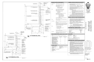 MAX
PROVIDE "V" SWALE
ALONG TOP OF WALL.
DRAIN TO APPROVED
DRAINAGE AREA.
12" MIN.
COMPACTED
FILL ABOVE
DRAIN GRAVEL
PERMEABLE SYNTHETIC
FILTER FABRIC
(SEE RETAINING WALL
NOTES #5)
2
1
APPROVED
WATERPROOF
MEMBRANE @
FACE OF WALL
BACKFILL FOR 12"
BEHIND WALL WITH
CLEAN #4 FREE
DRAINING GRAVEL OR
MIRIDRAIN
4" PERFORATED PIPE
SLOPED TO DRAIN TO
APPROVED DRAINAGE
AREA
6"
4'-6"
4'-7
5/8"
24"
MIN
LAP
GRADE
1'-0"
6"
3"
CLR
1
5/8"
1'-3" 1'-0" 9"
3'-0"
3"
CLR
2 3/4"
CLR
7 5/8"
8" FULLY GROUTED CMU
RETAINING WALL STEM
#4 HORIZONTAL BARS @ 16" O/C ALONG
HEIGHT OF RETAINING WALL STEM
#4 VERTICAL BARS @ 16" O/C FROM
TOP OF STEM TO TOP OF FOOTING
PROVIDE #4 HORIZONTAL BAR AT TOP
OF RETAINING WALL STEM
#4 VERTICAL BARS @ 16" O/C
SHALL BE CONTINUOUS FROM TOE
OF FOOTING TO A MINIMUM OF 24"
INTO STEM WALL
(5)-#4 LONGITUDINAL BARS
EVENLY SPACED ALONG
WIDTH OF FOOTING
PROVIDE (1)-#4
LONGITUDINAL BAR AT
EACH BEND OF VERTICAL
REINFORCEMENT
PROVIDE (1)-#4
HORIZONTAL BAR IN KEY
#4 VERTICAL BARS @
8" O/C IN KEY
3"
CLR
#4 BARS @ 16" O/C SHALL BE
CONTINUOUS FROM TOE OF FOOTING TO
24" MINIMUM INTO 8" WIDE CMU STEM
6"
3'-4"
7'-0"
GRADE
1'-0"
1'-0"
3"
CLR
3'-8"
3
5/8"
2 3/4"
CLR
7 5/8"
8" FULLY GROUTED CMU
RETAINING WALL STEM
PROVIDE "V" SWALE ALONG
TOP OF WALL.
DRAIN TO APPROVED
DRAINAGE AREA.
12" MIN.
COMPACTED
FILL ABOVE
DRAIN GRAVEL
PERMEABLE SYNTHETIC
FILTER FABRIC (SEE
RETAINING WALL NOTES #5)
2'-9" 1'-0" 9"
4'-6"
3"
CLR
3"
CLR
(5)-#5 LONGITUDINAL BARS
EVENLY SPACED ALONG
WIDTH OF FOOTING
PROVIDE (1)-#5
LONGITUDINAL BAR AT EACH
BEND OF VERTICAL
REINFORCEMENT
PROVIDE (1)-#5
HORIZONTAL BAR IN KEY
#5 VERTICAL BARS @
12" O/C IN KEY
#5 BARS @ 8" O/C SHALL BE
CONTINUOUS FROM TOE OF
FOOTING TO TOP OF 10"
WIDE CMU STEM
#4 HORIZONTAL BARS @ 16" O/C ALONG
HEIGHT OF RETAINING WALL STEM
#5 VERTICAL BARS @ 16" O/C FROM
TOP OF 8" WIDE CMU STEM TO TOP
OF FOOTING.
PROVIDE #4 HORIZONTAL BAR AT TOP
OF RETAINING WALL STEM
10" FULLY GROUTED CMU
RETAINING WALL STEM
APPROVED WATERPROOF
MEMBRANE @ FACE OF WALL
BACKFILL FOR 12" BEHIND
WALL WITH CLEAN #4 FREE
DRAINING GRAVEL OR
MIRIDRAIN
4" PERFORATED PIPE SLOPED
TO DRAIN TO APPROVED
DRAINAGE AREA
GROUT WEDGE
#5 BARS @ 8" O/C SHALL BE
CONTINUOUS FROM TOE OF FOOTING
TO TOP OF 10" WIDE CMU STEM
MAX
2
1
GENERAL SPECIFICATIONS FOR CONCRETE :
1. All concrete shall have 2500 psi minimum compressive strength at 28 days and
shall be normal weight. (U.O.N.)
2. All concrete work shall comply with ACI building code (ACI 318)
3. The maximum concrete slump shall be :
4. The minimum cement content shall be 5 sacks per cubic yard and shall be
Portland Cement, Type I or II, low alkali, per ASTM C-150.
5. Any water reducing agents added shall be used to reduce the water/cement ratio.
Admixtures shall be approved by the Engineer.
6.
7. Concrete Placement :
A. Concrete shall not free-fall more than five (5) feet. Use tremie pump or
other approved methods.
B. Vibrate all concrete (including slabs) as it is placed with a mechanical
vibrator operated by experienced personnel. Reinforcing and forms
shall not be vibrated.
8. Curing : Freshly deposited concrete shall be protected from premature drying and
excessively hot or cold temperatures, and shall be maintained with
minimal moisture loss at a relatively constant temperature for the period
of time necessary for the hydration of the cement. (typically 7 days)
9. Unless specifically detailed or noted otherwise, construction and control joints shall be
provided on all concrete slabs, and shall be located such that the area within joints
does not exceed 400 square feet, and is roughly square without interior corners.
GENRAL SPECIFICATIONS FOR REINFORCING :
1. Reinforcing steel shall be clean of rust, grease, or other material likely to impair bond.
2. All reinforcing steel to be continuous and lapped (with staggered splices at
bars shall have minimum bend radius of 4 times the bar diameter. Bars shall not be
heated to facilitate bending. Once bent, steel shall not be straightened.
3. Reinforcing bars to be deformed bars conforming ASTM A-615:
# 3, # 4 ............. Grade 40 # 5 & larger ............... Grade 60
4. All reinforcing steel, anchor bolts, and foundation hardware shall be located in the
formwork and held firmly in place prior to and during concrete placement by means
of wire supports.
5. Concrete cover is required as follows over reinforcing :
6. Reinforcing steel shall not be welded, unless specifically notes on the structural
drawings. If allowed, welding shall conform to CBC Standards.
RETAINING WALL DESIGN VALUES
THE LISTED DESIGN VALUES BELOW FROM THE PROJECT SOILS REPORT WERE USED
FOR THE STRUCTURAL DESIGN OF THE RETAINING WALLS FOR THIS PROJECT:
LATERAL PRESSURE
EQUIVALENT FLUID
PRESSURE
ACTIVE CASE 49 pcf
AT REST CASE 50 pcf
PASSIVE CASE 400 pcf
MAXIMUM TOE PRESSURE 2400 pcf
COEFFICIENT OF SLIDING FRICTION 0.50
RETAINING WALL NOTES PER SOILS REPORT
1. THE PRESSURES LISTED WERE BASED ON THE ASSUMPTION THAT BACKFILL SOILS
WILL BE COMPACTED TO 90% OF MAXIMUM DRY DENSITY AS DETERMINED BY THE
ASTM D 1557 TEST METHOD.
2. A BACK DRAIN OR AN EQUIVALENT SYSTEM OF BACKFILL DRAINAGE SHOULD BE
INCORPORATED INTO THE RETAINING WALL DESIGN. BACKFILL IMMEDIATELY
BEHIND THE RETAINING STRUCTURE SHOULD BE A FREE-DRAINING GRANULAR
MATERIAL. ALTERNATIVELY, THE BACK OF THE WALL COULD BE LINED WITH A
GEODRAIN SYSTEM.
3. COMPACTION ON THE UPHILL SIDE OF THE WALL WITHIN A HORIZONTAL DISTANCE
EQUAL TO ONE WALL HEIGHT SHOULD BE PERFORMED BY HAND-OPERATED OR
OTHER LIGHTWEIGHT COMPACTION EQUIPMENT. THIS IS INTENDED TO REDUCE
POTENTIAL "LOCKED-IN" LATERAL PRESSURES CAUSED BY COMPACTION WITH
HEAVY GRADING EQUIPMENT.
4. WATER SHOULD NOT BE ALLOWED TO POND NEAR THE TOP OF THE WALL. TO
ACCOMPLISH THIS, THE FINAL BACKFILL SITE GRADE SHOULD BE SUCH THAT ALL
WATER IS DIVERTED AWAY FROM THE RETAINING WALL.
5. TO REDUCE INFILTRATION OF THE SOIL INTO THE DRAIN GRAVEL, THE GRAVEL
SHOULD BE ENCAPSULATED IN A PERMEABLE GEOTEXTILE FABRIC. A SUITABLE
PERMEABLE GEOTEXTILE FABRIC, SUCH AS NON-WOVEN NEEDLE-PUNCHED MIRAFI
140N OR EQUAL, MAY BE UTILIZED AND SHOULD CONFORM TO CALTRANS STANDARD
SPECIFICATION 88-1.03 FOR UNDERDRAINS.
6. CONTRACTOR SHALL PROVIDE 6" OF FILL OVER TOE OF RETAINING WALL FOOTING.
ALL FILL SHALL BE BROUGHT TO A MOISTURE CONTENT NEAR OPTIMUM MOISTURE
CONTENT, AND COMPACTED TO A MINIMUM OF 90 PERCENT OF THE MAXIMUM
DENSITY (ASTM D1557).
NOTE: FOR ALL OTHER INFORMATION NOT STATED HERE THE OWNER / CONTRACTOR
SHALL READ THE PROJECT SOILS REPORT PRIOR TO START OF CONSTRUCTION.
ANY QUESTIONS REGARDING THE SOILS REPORT SHALL BE BROUGHT TO THE
ATTENTION OF HALLIN GEOTECHNICAL SERVICES, LLC.
SOILS EXPANSION INDEX : VERY LOW
ORIGINAL REPORT: SL02830-3
BY: GEOSOLUTIONS, INC.
DATED: OCTOBER 9, 2002
SOILS UPDATE LETTER: H-16996
BY: HALLIN GEOTECHNICAL SERVICES, LLC.
DATED: DECEMBER 5, 2016
THE SOILS REPORT REFERENCED IS PART OF THESE PLANS AND ALL
RECOMMENDATIONS THERE IN SHALL BE COMPLIED WITH.
SOIL NOTE
REQ'D VERIFICATION & INSPECTION OF SOILS
SPECIAL INSPECTIONS SHOULD BE PERFORMED IN ACCORDANCE WITH TABLE 1705.6
BELOW:
VERIFICATION AND INSPECTION TASK
CONTINUOUS DURING
TASK LISTED
PERIODICALLY DURING
TASK LISTED
VERIFY MATERIAL BELOW FOOTINGS
ARE ADEQUATE TO ACHIEVE THE
DESIGN BEARING CAPACITY
NO YES
VERIFY EXCAVATIONS ARE EXTENDED
TO PROPER DEPTH AND HAVE
REACHED PROPER MATERIAL
NO YES
PERFORM CLASSIFICATION AND
TESTING OF CONTROLLED FILLED
MATERIALS
NO YES
VERIFY USE OF PROPER MATERIALS
DENSITIES AND LIFT THICKNESSES
DURING PLACEMENT AND
COMPACTION OF CONTROLLED FILL
YES NO
PRIOR TO PLACEMENT OF
CONTROLLED FILL, OBSERVE
SUBGRADE AND VERIFY THAT THE
SITE HAS BEEN PREPARED PROPERLY
NO YES
CONSULTANTS
GEOTECHNICAL ENGINEER
HALLIN GEOTECHNICAL SERVICES, LLC.
P.O. BOX 1897
ATASCADERO, CA 93423
805.975.7361
STRUCTURAL DESIGN & CIVIL ENGINEERING
JK ENGINEERING
610 10TH ST, STE A
PASO ROBLES, CA 93446
805.239.4151
MASONRY NOTES & REQUIRMENTS:
CONCRETE BLOCK ASTM C90. Grade N, Type I, Normal Wt, f'm=1500psi.
MORTAR Minimum Compressive Strength of 2500 psi at 28 days.
ASTM C270, Type M, with Type II Portland Cement.
Proportions: (By volume)
1 part Portland Cement (ASTM C150).
GROUT Minimum Compressive strength of 2000 psi at 28 days.
ASTM C476, with Type I or II Portland Cement.
Proportions: (By volume)
1 part Portland Cement (ASTM C150).
1 to 2 parts Pea Gravel.
Placement of all grout to be per the requirements set forth in CBC.
Solid grout all cells (with or without rebar).
Low Lift Grouting: Blocking to be grouted shall not
grouted in one continuous operation.
All grout shall be vibrated when
after placing.
When grouting is stopped for more than one hour, keep grout cold joint
WATER All water must be potable, clean and free of deleterious amounts of acid,
alkalis or organic materials.
CONSTRUCTION All construction methodology shall conform to the requirements of the 2010
CBC.
Bond shall be provided by lapping units in successive vertical courses
(Running Bond).
a wind load of 10 psf, applied perpendicular to wall in either direction during
construction. Bracing shall remain in place until the supporting element
(roof diaphragm, etc.) is completed and attached.
REBAR All rebar to conform to ASTM A615.
#4 bars & smaller: Grade 40.
#5 bars & larger: Grade 60.
Lap lengths:
All bars shall be free of loose and flaky rust and scale, grease, or other
material, which might affect or impair bond.
INSPECTIONS Special Inspection, when required on plans or details, shall conform to the
2010 CBC, using the for determining unit
compressive strength.
SPECIAL INSPECTION
MID-COAST GEOTECHNICAL ENGINEERING, INC
P.O. BOX 2220
ATASCADERO, CA 93422
805.674.2673
John A. Kudla
Civil Engineering &
Structural Design
R.C.E. #50652
610 10th ST. UNIT 'A' PASO
ROBLES, CA.
239-4151
SHEET NUMBER:
SHEET TITLE:
PROJECT NO.
DRAWN BY
FILE NAME
DATE
jbdraftingprojectscapps,
DevonlOT#106from
DarrellCAPPS-LOT-106
STRUCTURAL.dwg
Johnny
Kudla
3/30/2017
11:37:03
AM
PASO
ROBLES,
CA
93446
LOT
106
TRACT
1990-2
KIRK
&
CARRIE
ALLEN
3/31/2017 8:01 AM
----
CAPPS-LOT-106 STRUCTURAL.DWG
JJK
RETAINING
WALLS
R-1.1
 