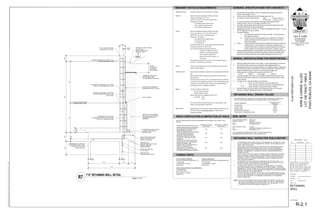 2 3/4"
CLR
7 5/8"
8" FULLY GROUTED CMU
RETAINING WALL STEM
PROVIDE "V" SWALE ALONG
TOP OF WALL.
DRAIN TO APPROVED
DRAINAGE AREA.
12" MIN.
COMPACTED
FILL ABOVE
DRAIN GRAVEL
PERMEABLE SYNTHETIC
FILTER FABRIC (SEE
RETAINING WALL NOTES #5)
MAX
2
1
6"
3'-4"
8'-0"
GRADE
1'-0"
1'-6"
3"
CLR
#5 BARS @ 8" O/C SHALL BE
CONTINUOUS FROM TOE OF
FOOTING TO TOP OF 10"
WIDE CMU STEM
3'-6" 1'-0" 9"
5'-3"
3"
CLR
3"
CLR
4'-8"
7
5/8"
PROVIDE #4 HORIZONTAL BAR AT TOP
OF RETAINING WALL STEM
10" FULLY GROUTED CMU
RETAINING WALL STEM
(5)-#5 LONGITUDINAL BARS
EVENLY SPACED ALONG
WIDTH OF FOOTING
PROVIDE (1)-#5
LONGITUDINAL BAR AT EACH
BEND OF VERTICAL
REINFORCEMENT
PROVIDE (2)-#5
HORIZONTAL BAR IN KEY
#5 VERTICAL BARS @
12" O/C IN KEY
4" PERFORATED PIPE SLOPED
TO DRAIN TO APPROVED
DRAINAGE AREA
APPROVED WATERPROOF
MEMBRANE @ FACE OF WALL
GROUT WEDGE
BACKFILL FOR 12" BEHIND
WALL WITH CLEAN #4 FREE
DRAINING GRAVEL OR
MIRIDRAIN
#5 BARS @ 8" O/C SHALL BE
CONTINUOUS FROM TOE OF FOOTING
TO TOP OF 10" WIDE CMU STEM
#4 HORIZONTAL BARS @ 16" O/C ALONG
HEIGHT OF RETAINING WALL STEM
#5 VERTICAL BARS @ 16" O/C FROM
TOP OF 8" WIDE CMU STEM TO TOP
OF FOOTING.
GENERAL SPECIFICATIONS FOR CONCRETE :
1. All concrete shall have 2500 psi minimum compressive strength at 28 days and
shall be normal weight. (U.O.N.)
2. All concrete work shall comply with ACI building code (ACI 318)
3. The maximum concrete slump shall be :
4. The minimum cement content shall be 5 sacks per cubic yard and shall be
Portland Cement, Type I or II, low alkali, per ASTM C-150.
5. Any water reducing agents added shall be used to reduce the water/cement ratio.
Admixtures shall be approved by the Engineer.
6.
7. Concrete Placement :
A. Concrete shall not free-fall more than five (5) feet. Use tremie pump or
other approved methods.
B. Vibrate all concrete (including slabs) as it is placed with a mechanical
vibrator operated by experienced personnel. Reinforcing and forms
shall not be vibrated.
8. Curing : Freshly deposited concrete shall be protected from premature drying and
excessively hot or cold temperatures, and shall be maintained with
minimal moisture loss at a relatively constant temperature for the period
of time necessary for the hydration of the cement. (typically 7 days)
9. Unless specifically detailed or noted otherwise, construction and control joints shall be
provided on all concrete slabs, and shall be located such that the area within joints
does not exceed 400 square feet, and is roughly square without interior corners.
GENRAL SPECIFICATIONS FOR REINFORCING :
1. Reinforcing steel shall be clean of rust, grease, or other material likely to impair bond.
2. All reinforcing steel to be continuous and lapped (with staggered splices at
bars shall have minimum bend radius of 4 times the bar diameter. Bars shall not be
heated to facilitate bending. Once bent, steel shall not be straightened.
3. Reinforcing bars to be deformed bars conforming ASTM A-615:
# 3, # 4 ............. Grade 40 # 5 & larger ............... Grade 60
4. All reinforcing steel, anchor bolts, and foundation hardware shall be located in the
formwork and held firmly in place prior to and during concrete placement by means
of wire supports.
5. Concrete cover is required as follows over reinforcing :
6. Reinforcing steel shall not be welded, unless specifically notes on the structural
drawings. If allowed, welding shall conform to CBC Standards.
RETAINING WALL DESIGN VALUES
THE LISTED DESIGN VALUES BELOW FROM THE PROJECT SOILS REPORT WERE USED
FOR THE STRUCTURAL DESIGN OF THE RETAINING WALLS FOR THIS PROJECT:
LATERAL PRESSURE
EQUIVALENT FLUID
PRESSURE
ACTIVE CASE 49 pcf
AT REST CASE 50 pcf
PASSIVE CASE 400 pcf
MAXIMUM TOE PRESSURE 2400 pcf
COEFFICIENT OF SLIDING FRICTION 0.50
RETAINING WALL NOTES PER SOILS REPORT
1. THE PRESSURES LISTED WERE BASED ON THE ASSUMPTION THAT BACKFILL SOILS
WILL BE COMPACTED TO 90% OF MAXIMUM DRY DENSITY AS DETERMINED BY THE
ASTM D 1557 TEST METHOD.
2. A BACK DRAIN OR AN EQUIVALENT SYSTEM OF BACKFILL DRAINAGE SHOULD BE
INCORPORATED INTO THE RETAINING WALL DESIGN. BACKFILL IMMEDIATELY
BEHIND THE RETAINING STRUCTURE SHOULD BE A FREE-DRAINING GRANULAR
MATERIAL. ALTERNATIVELY, THE BACK OF THE WALL COULD BE LINED WITH A
GEODRAIN SYSTEM.
3. COMPACTION ON THE UPHILL SIDE OF THE WALL WITHIN A HORIZONTAL DISTANCE
EQUAL TO ONE WALL HEIGHT SHOULD BE PERFORMED BY HAND-OPERATED OR
OTHER LIGHTWEIGHT COMPACTION EQUIPMENT. THIS IS INTENDED TO REDUCE
POTENTIAL "LOCKED-IN" LATERAL PRESSURES CAUSED BY COMPACTION WITH
HEAVY GRADING EQUIPMENT.
4. WATER SHOULD NOT BE ALLOWED TO POND NEAR THE TOP OF THE WALL. TO
ACCOMPLISH THIS, THE FINAL BACKFILL SITE GRADE SHOULD BE SUCH THAT ALL
WATER IS DIVERTED AWAY FROM THE RETAINING WALL.
5. TO REDUCE INFILTRATION OF THE SOIL INTO THE DRAIN GRAVEL, THE GRAVEL
SHOULD BE ENCAPSULATED IN A PERMEABLE GEOTEXTILE FABRIC. A SUITABLE
PERMEABLE GEOTEXTILE FABRIC, SUCH AS NON-WOVEN NEEDLE-PUNCHED MIRAFI
140N OR EQUAL, MAY BE UTILIZED AND SHOULD CONFORM TO CALTRANS STANDARD
SPECIFICATION 88-1.03 FOR UNDERDRAINS.
6. CONTRACTOR SHALL PROVIDE 6" OF FILL OVER TOE OF RETAINING WALL FOOTING.
ALL FILL SHALL BE BROUGHT TO A MOISTURE CONTENT NEAR OPTIMUM MOISTURE
CONTENT, AND COMPACTED TO A MINIMUM OF 90 PERCENT OF THE MAXIMUM
DENSITY (ASTM D1557).
NOTE: FOR ALL OTHER INFORMATION NOT STATED HERE THE OWNER / CONTRACTOR
SHALL READ THE PROJECT SOILS REPORT PRIOR TO START OF CONSTRUCTION.
ANY QUESTIONS REGARDING THE SOILS REPORT SHALL BE BROUGHT TO THE
ATTENTION OF HALLIN GEOTECHNICAL SERVICES, LLC.
SOILS EXPANSION INDEX : VERY LOW
ORIGINAL REPORT: SL02830-3
BY: GEOSOLUTIONS, INC.
DATED: OCTOBER 9, 2002
SOILS UPDATE LETTER: H-16996
BY: HALLIN GEOTECHNICAL SERVICES, LLC.
DATED: DECEMBER 5, 2016
THE SOILS REPORT REFERENCED IS PART OF THESE PLANS AND ALL
RECOMMENDATIONS THERE IN SHALL BE COMPLIED WITH.
SOIL NOTE
REQ'D VERIFICATION & INSPECTION OF SOILS
SPECIAL INSPECTIONS SHOULD BE PERFORMED IN ACCORDANCE WITH TABLE 1705.6
BELOW:
VERIFICATION AND INSPECTION TASK
CONTINUOUS DURING
TASK LISTED
PERIODICALLY DURING
TASK LISTED
VERIFY MATERIAL BELOW FOOTINGS
ARE ADEQUATE TO ACHIEVE THE
DESIGN BEARING CAPACITY
NO YES
VERIFY EXCAVATIONS ARE EXTENDED
TO PROPER DEPTH AND HAVE
REACHED PROPER MATERIAL
NO YES
PERFORM CLASSIFICATION AND
TESTING OF CONTROLLED FILLED
MATERIALS
NO YES
VERIFY USE OF PROPER MATERIALS
DENSITIES AND LIFT THICKNESSES
DURING PLACEMENT AND
COMPACTION OF CONTROLLED FILL
YES NO
PRIOR TO PLACEMENT OF
CONTROLLED FILL, OBSERVE
SUBGRADE AND VERIFY THAT THE
SITE HAS BEEN PREPARED PROPERLY
NO YES
CONSULTANTS
GEOTECHNICAL ENGINEER
HALLIN GEOTECHNICAL SERVICES, LLC.
P.O. BOX 1897
ATASCADERO, CA 93423
805.975.7361
STRUCTURAL DESIGN & CIVIL ENGINEERING
JK ENGINEERING
610 10TH ST, STE A
PASO ROBLES, CA 93446
805.239.4151
MASONRY NOTES & REQUIRMENTS:
CONCRETE BLOCK ASTM C90. Grade N, Type I, Normal Wt, f'm=1500psi.
MORTAR Minimum Compressive Strength of 2500 psi at 28 days.
ASTM C270, Type M, with Type II Portland Cement.
Proportions: (By volume)
1 part Portland Cement (ASTM C150).
GROUT Minimum Compressive strength of 2000 psi at 28 days.
ASTM C476, with Type I or II Portland Cement.
Proportions: (By volume)
1 part Portland Cement (ASTM C150).
1 to 2 parts Pea Gravel.
Placement of all grout to be per the requirements set forth in CBC.
Solid grout all cells (with or without rebar).
Low Lift Grouting: Blocking to be grouted shall not
grouted in one continuous operation.
All grout shall be vibrated when
after placing.
When grouting is stopped for more than one hour, keep grout cold joint
WATER All water must be potable, clean and free of deleterious amounts of acid,
alkalis or organic materials.
CONSTRUCTION All construction methodology shall conform to the requirements of the 2010
CBC.
Bond shall be provided by lapping units in successive vertical courses
(Running Bond).
a wind load of 10 psf, applied perpendicular to wall in either direction during
construction. Bracing shall remain in place until the supporting element
(roof diaphragm, etc.) is completed and attached.
REBAR All rebar to conform to ASTM A615.
#4 bars & smaller: Grade 40.
#5 bars & larger: Grade 60.
Lap lengths:
All bars shall be free of loose and flaky rust and scale, grease, or other
material, which might affect or impair bond.
INSPECTIONS Special Inspection, when required on plans or details, shall conform to the
2010 CBC, using the for determining unit
compressive strength.
SPECIAL INSPECTION
MID-COAST GEOTECHNICAL ENGINEERING, INC
P.O. BOX 2220
ATASCADERO, CA 93422
805.674.2673
John A. Kudla
Civil Engineering &
Structural Design
R.C.E. #50652
610 10th ST. UNIT 'A' PASO
ROBLES, CA.
239-4151
SHEET NUMBER:
SHEET TITLE:
PROJECT NO.
DRAWN BY
FILE NAME
DATE
jbdraftingprojectscapps,
DevonlOT#106from
DarrellCAPPS-LOT-106
STRUCTURAL.dwg
Johnny
Kudla
3/30/2017
11:37:03
AM
PASO
ROBLES,
CA
93446
LOT
106
TRACT
1990-2
KIRK
&
CARRIE
ALLEN
3/31/2017 8:01 AM
----
CAPPS-LOT-106 STRUCTURAL.DWG
JJK
RETAINING
WALL
R-2.1
 