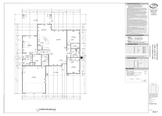 FLOOR PLAN (2338 sq.ft.)
1/4" = 1'
7'-11 1/2"
15'-6"
7'-6 1/2" 7'-6" 7'-6" 2'-10" 4'-6"
15'-6"
3'-8"
15'-0"
7'-1" 6'-11"
14'-0"
60'-0"
10'-0"
12'-0"
4'-4
1/2"
10'-0"
3'-10
1/2"
3'-0"
3'-3
1/2"
6'-6"
26'-5
1/2"
28'-11"
18'-3"
71'-11
1/2"
3'-3" 18'-0" 3'-3" 2'-6" 5'-6" 4'-0" 4'-11 1/2" 2'-3 1/2" 2'-3" 6'-11"
14'-0"
16'-11 1/2"
24'-6"
60'-0"
20'-6"
1'-8
1/2"
2'-9
1/2"
2'-8"
4'-6"
5'-6"
11'-3
1/2"
2'-9
1/2"
10'-0"
14'-1"
9'-3
1/2"
13'-11
1/2"
66'-0"
FLOOR PLAN CALLOUTS
1. 5/8" TYPE "X" GYPSUM BOARD ON GARAGE SIDE OF COMMON WALL AND CEILING
OF GARAGE AND HOUSE. DRYWALL GARAGE COMPLETE (CBC 406.1.4)
WHEN THE CEILING IN THE GARAGE IS REQUIRED TO BE ENTIRELY
PROTECTED, THE WALLS AND / OR BEAMS SUPPORTING THE CEILING
ARE TO BE PROTECTED WITH THE EQUIVALENT FIRE RESISTIVE
CONSTRUCTION (CBC 714)
2. INSTANT TANKLESS GAS WATER HEATER SHALL BE NATIONALLY LISTED AND BE INSTALLED IN
ACCORDANCE WITH THE INSTILLATION INSTRUCTIONS THAT WERE APPROVED AS PART OF
THEIR LISTING. FUEL-BURNING WATER HEATERS MAY BE INSTALLED IN A CLOSET LOCATED IN
THE BEDROOM OR BATHROOM PROVIDED THE CLOSET IS EQUIPPED WITH A LISTED, GASKETED
DOOR ASSEMBLY AND A LISTED SELF-CLOSING DEVICE. THE DOOR ASSEMBLY SHALL BE
INSTALLED WITH A THRESHOLD AND BOTTOM DOOR SEAL.
3. SAFETY GLAZING REQUIRED BUT NOT LIMITED TO GLAZING IN FIXED PANELS ADJACENT TO A
DOOR WHERE NEAREST EXPOSED EDGE OF THE GLAZING IS WITHIN A 24" ARC OF EITHER
VERTICAL EDGE OF THE DOOR IN A CLOSED POSITION AND WHERE THE BOTTOM EDGE OF THE
GLAZING IS LESS THAN 60" ABOVE WALKING SURFACE. CBC SECTION 2406.3 ALSO WITHIN 18" OF
FLOORS, WITHIN TUB - SHOWER ENCLOSURES, WITHIN HOT - TUB WHIRLPOOL, SAUNA AND
STEAM ROOM AND GLAZING IN ANY PORTION OF A BUILDING WALL ENCLOSING THESE
COMPARTMENTS WHERE THE BOTTOM EDGE OF THE GLAZING IS LESS THAN 60" ABOVE A
STANDING SURFACE AND DRAIN INLET.
4. F.A.U. IN ATTIC ON PLATFORM. PROVIDE SWITCH, LIGHT, AND OUTLET NEAR ACCESS AND UNIT.
5. PROVIDE 30" X 30" ATTIC ACCESS TO MECHANICAL UNIT. A 22" X 30" ACCESS OPENING CAN BE
USED IF A LETTER FROM THE MANUFACTURER STATING THAT ALL COMPONENTS OF F.A.U. UNIT
CAN FIT THROUGH AN OPENING OF THAT SIZE. ACCESS TO BE WITHIN 20' OF F.A.U. AND HAVE A
CONTINUOUS 24" WIDE WALKWAY. ALSO PROVIDE 30" CLEAR UNOBSTRUCTED WORKING SPACE
IN FRONT OF F.A.U.
6. AIR CONDENSING UNIT ON CONCRETE PAD. PROVIDE 5'-0" MINIMUM CLEAR PASSAGE AROUND
UNIT.
7. ROOMS CONTAINING BATHTUBS, SHOWERS, SPAS AND SIMILAR BATHING FIXTURES SHALL BE
MECHANICALLY VENTILATED IN ACCORDANCE WITH THE CMC 403.7 & T-4.4.
8. APPROVED MULTIPLE PURPOSE CARBON MONOXIDE / SMOKE DETECTOR INSTALLED AS
REQUIRED AND AS INDICATED. CARBON MONOXIDE / SMOKE DETECTOR COMBINED ALARMS
SHALL BE HARDWIRED WITH BATTERY BACK-UP. (R315.3.1) CARBON MONOXIDE ALARMS SHALL
BE LOCATED OUTSIDE OF EACH SEPARATE DWELLING UNIT SLEEPING AREA IN THE IMMEDIATE
VICINITY OF THE BEDROOMS, ON EVERY LEVEL OF A DWELLING UNIT INCLUDING THE BASEMENT.
WHEN MORE THAN ONE CARBON MONOXIDE ALARM IS REQUIRED TO BE INSTALLED, THE
ALARMS SHALL BE INTERCONNECTED IN A MANNER THAT ACTIVATION OF ONE WILL ACTIVATE
ALL PER CRC R315.1.2. CARBON MONOXIDE ALARMS SHALL BE LISTED PER UL 2034 AND CARBON
MONOXIDE DETECTORS SHALL BE LISTED PER UL 2075. FOR ALTERATIONS, REPAIRS, OR
ADDITIONS EXCEEDING $1,000, EXISTING DWELLING/ SLEEPING UNITS THAT HAVE ATTACHED
GARAGES OR FUEL-BURNING APPLIANCES SHALL BE PROVIDED WITH A CARBON MONOXIDE
ALARM.
9. PROVIDE MIN. 100 SQ. INCH OPENING IN DOOR OF A LAUNDRY CLOSET OR PROVIDE OTHER
APPROVED MEANS TO MAKE UP AIR PER CMC 504.3.1
10. ALL HOSE BIBS TO HAVE NON REMOVABLE BACKFLOW PREVENTION DEVICES PER CPC 603.3.7
11. INDIVIDUAL VALVES OF THE PRESSURE BALANCE OR THE THERMOSTATIC MIXING VALVE TYPE
ARE REQUIRED AT THE SHOWERS AND TUB-SHOWER COMBINATION PER CPC 420
12. GARAGE DOOR SHALL BE PROTECTED BY A 1-3/8" SELF-CLOSING, SELF-LATCHING SOLID CORE
DOOR, OR A SELF-CLOSING DOOR HAVING A FIRE-PROTECTION RATING OF NOT LESS THAN 20
MINUTES. CBC406.1.4
13. SHOWERS AND WALLS ABOVE BATHTUBS WITH SHOWER HEADS SHALL BE FINISHED WITH A
SMOOTH, NONABSORBENT SURFACE TO A HEIGHT NOT LESS THAN 70" ABOVE THE DRAIN INLET.
CBC 1210.3
14. SMOKE DETECTORS HARDWIRED AND INTERCONNECTED TO ONE ANOTHER. PROVIDE BATTERY
BACKUP TO ALL SMOKE DETECTOR UNITS (TYP). CBC 907.2.10.2 A SINGLE ALARM SHALL
ACTIVATE ALL ALARMS AND BE CLEARLY AUDIBLE. CBC 907.2.10.3
FIXTURE FLOW RATE REQUIRMENTS:
THE FOLLOWING FIXTURES SHALL BE OF WATER CONSERVATION:
RESIDENTIAL:
WATER CLOSETS: 1.28 GALLON PER FLUSH MAXIMUM
SHOWER HEAD FLOW: 2.0 GALLON PER MINUTE AT 80 PSI
LAVATORY / SINK FIXTURE: 1.5 GALLON PER MINUTE AT 60 PSI
KITCHEN FAUCETS: 2.2 GALLON PER MINUTE AT 60 PSI
NON COMPLIANT FIXTURES MEANS ANY OF THE FOLLOWING:
RESIDENTIAL:
ANY TOILET MANUFACTURED TO USE MORE THAN 1.6 GAL OF WATER PER FLUSH.
ANY SHOWERHEAD MANUFACTURED WITH 2.5 GALLONS PER MINUTE.
ANY INTERIOR FAUCET THAT EMITS MORE THAN 2.2 GALLONS PER MINUTE.
GAS LINE SIZES
GAS LINE SIZES FOR THIS PROJECT PER CPC 2010 CHAPTER 12 TABLE 1216.2(19) ARE AS
FOLLOWS:
OUTLET A- OVEN (65,000 BTU)= 108' X 1
2"
OUTLET B- FAU (40,000 BTU)= 100' X 1
2"
SECTION 1 = 108' X 3
4" FROM OUTLET B TO P.T. (105,000 BTU)
OUTLET C- DRYER (35,000 BTU)= 90' X 1
2|
OUTLET D - W/H (200,000 BTU)= 85' X 1"
SECTION 2 = 90' X 1" FROM OUTLET E TO P.T. (235,000 BTU)
TOTAL BTU =240,000 BTU
SECTION 3 = 60' X 1" FROM P.T. (240,000 BTU)
GAS GAS GAS GAS GAS GAS
TO PROPANE
TANK
SECTION 3
"B" "D"
90' SECTION 2
108' SECTION 3
"A"
GAS
"C"
2'-0"
2'-0"
2'-0"
2'-0"
6'-3
1/2"
2'-5
1/2"
11'-2"
4'-9
1/2"
7'-1"
4'-6 1/2"
CONC
9'-0"
GARARGE
CONC
9'-0"
COV. PORCH
CARPET
9'-0"
BEDROOM
CARPET
9'-0"
BEDROOM
CARPET
9'-0"
BEDROOM
CARPET
9'-0"
CLOSET
TILE
9'-0"
BATHROOM
TILE
9'-0"
BATHROOM
TILE
9'-0"
MUDROOM
CARPET
9'-0"
CLOSET
CARPET
9'-0"
HALLWAY
CARPET
9'-0"
HALLWAY
TILE
9'-0"
KITCHEN
TILE
9'-0"
DINING ROOM
TILE
9'-0"
LIVING ROOM
TILE
9'-0"
ENTRY
WINDOW SCHEDULE
EXTERIOR WINDOWS, WINDOW WALLS, GLAZED DOORS AND GLAZED OPENING WITHIN EXTERIOR
DOORS SHALL BE INSULATING-GLASS UNITS WITH A MINIMUM OF ONE TEMPERED PANE OR GLASS
BLOCK UNITS OR HAVE A FIRE-RESISTANCE RATING OF NOT LESS THAN 20 MINUTES
DOOR SCHEDULE
1
10
2
2
2
2
5
6 6
10
3
4
3
4
A
B
B
C
C
C C
D
E
E
F
G
J
H
I
CONC
9'-0"
COV. PORCH
3'-3"
3'-3"
2
2
2
8
7
B
4'-6"
3'-0"
3'-0"
6'-0"
9
5'-6"
3'-6"
3'-0"
8
1
2
3
3
4
5
6
7
7
7
SD SD
CM
SD
SD
SD
CM
7
8
8
8
8
8
9
HB
HB
10
10
11
11
11
12
13
13
13
14
14
14
14
14
B
J
DRAFTING & DESIGN
CAD DESIGN - AS BUILTS
RESIDENTIAL PLANS
610 10TH ST. SUITE "D"
PASO ROBLES, CA
93446
BUS.#(805)237-0850
FAX #(805)237-0480
SHEET NUMBER:
SHEET TITLE:
PROJECT NO.
DRAWN BY
FILE NAME
DATE
jbdraftingprojectscapps,
DevonlOT#106LOT
106SheetsA-2.1
FLOOR
PLAN.dwg
Johnny
Kudla
3/13/2017
3:58:33
PM
PASO
ROBLES,
CA
93446
LOT
106
TRACT
1990-2
KIRK
&
CARRIE
ALLEN
3/31/2017 8:00 AM
----
A-2.1 FLOOR PLAN.DWG
JJK
FLOOR PLAN
A-2.1
 
