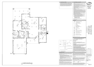 THE REQUIREMENTS APPLY ONLY TO PERMANENTLY INSTALLED LUMINAIRES, I.E., LUMINAIRES THAT ARE
PART OF THE HOUSE, AS OPPOSED TO PORTABLE LUMINAIRES SUCH AS TORCHIERES OR TABLE LAMPS
THAT ARE PROVIDED BY THE OCCUPANT. PERMANENTLY INSTALLED LUMINAIRES INCLUDE CEILING
LUMINAIRES, CHANDELIERS, VANITY LAMPS, WALL SCONCES AND ANY OTHER TYPE OF LUMINAIRE THAT
IS A PERMANENT PART OF THE HOUSE.
THE NEW REQUIREMENTS MAY BE SUMMARIZED AS FOLLOWS:
KITCHENS. AT LEAST HALF THE INSTALLED WATTAGE OF LUMINAIRES IN KITCHENS SHALL BE HIGH
EFFICACY AND THE ONES THAT ARE NOT MUST BE SWITCHED SEPARATELY.
LIGHTING IN BATHROOMS, GARAGES, LAUNDRY ROOMS AND UTILITY ROOMS. ALL LUMINAIRES SHALL
BE HIGH EFFICACY AND SHALL BE CONTROLLED BY AN OCCUPANT SENSOR.
OTHER ROOMS. ALL LUMINAIRES SHALL EITHER BE HIGH EFFICACY OR SHALL BE CONTROLLED BY
AN OCCUPANT SENSOR OR DIMMER. CLOSETS THAT ARE LESS THAN 70 SQUARE FOOT ARE EXEMPT
FROM THIS REQUIREMENT.
OUTDOOR LIGHTING. ALL LUMINAIRES MOUNTED TO THE BUILDING OR TO OTHER BUILDINGS ON THE
SAME LOT SHALL BE HIGH EFFICACY LUMINAIRESOR SHALL BE CONTROLLED BY A
PHOTOCONTROL/MOTION SENSOR COMBINATION.
COMMON AREAS OF MULTIFAMILY BUILDINGS. ALL LUMINAIRES IN THE COMMON AREAS OF
MULTIFAMILY BUILDINGS SHALL EITHER BE HIGH EFFICACY OR SHALL BE CONTROLLED BY AN
OCCUPANT SENSOR.
LUMINAIRES THAT ARE RECESSED INTO INSULATED CEILINGS ARE REQUIRED TO BE RATED FOR
INSULATION CONTACT ("IC-RATED") SO THAT INSULATION CAN BE PLACED OVER THEM. THE HOUSING OF
THE LUMINAIRE SHALL BE AIRTIGHT TO PREVENT CONDITIONED AIR ESCAPING INTO THE CEILING CAVITY
OR ATTIC, UNCONDITIONED AIR INFILTRATING FROM THE CEILING OR ATTIC INTO THE CONDITIONED
SPACE. AN ADDITIONAL SET OF REQUIREMENTS APPLY TO PARKING LOTS OR GARAGES WITH SPACE
FOR EIGHT OR MORE CARS, WHICH ARE TYPICALLY FOR MULTIFAMILY BUILDINGS. THE NONRESIDENTIAL
6.2 HIGH EFFICACY LUMINAIRES
A LUMINAIRE IS THE LIGHTING INDUSTRY'S TERM FOR LIGHT FIXTURE. A LUMINAIRE CONSISTS OF THE
HOUSING, POWER SUPPLY (BALLAST), LAMP, REFLECTOR, AND IN SOME CASES A LENS. A LAMP IS THE
LIGHTING INDUSTRY'S TERM FOR A LIGHT BULB. LUMINAIRES CAN BE DESIGNED TO BE RECESSED INTO
THE CEILING, SUSPENDED BY A ROD OR CHAIN, OR SURFACE MOUNTED ON THE WALL OR CEILING.
A HIGH EFFICACY LUMINAIRE IS ONE THAT CONTAINS ONLY HIGH EFFICACY LAMPS AND MUST NOT
CONTAIN A CONVENTIONAL (MEDIUM) SCREW-BASED SOCKET. TYPICALLY, HIGH EFFICACY LUMINAIRES
CONTAIN, PIN-BASED SOCKETS, LIKE COMPACT OR LINEAR FLUORESCENT LAMP SOCKETS, THOUGH
OTHER TYPES SUCH AS SCREW SOCKETS SPECIFICALLY RATED FOR HIGH INTENSITY DISCHARGE LAMPS
LIGHTING NOTES
ELECTRICAL CALLOUTS
1. PROVIDE A 200 AMP MINIMUM ELECTRIC SUB-PANEL WITH #4 UPPER GROUND TO FOUNDATION
2. GFIC OUTLETS ON ALL ABOVE COUNTER OUTLETS IN GARAGE MOUNTED AT 44" ABOVE FINISH
FLOOR (TYP)
3. CEILING MOUNTED OUTLET FOR GARAGE DOOR OPENER. PROVIDE AND INSTALL APPROVED
GARAGE DOOR OPENER WITH REMOTE CONTROL
4. PROVIDE GAS, 220V OUTLET, AND 110V OUTLET TO WASHER AND DRYER
5. GFIC OUTLETS ON ALL ABOVE COUNTER OUTLETS IN KITCHEN MOUNTED AT +44"ABOVE FINISH
FLOOR (TYP). OUTLETS SHALL BE LOCATED NO FARTHER THAN 24" AWAY FROM ANY POINT
ALONG COUNTER AND ON ALL COUNTER AREAS WIDER THAN 12". KITCHEN, DINING ROOM AND
PANTRY SHALL HAVE A MINIMUM OF TWO 20 AMP SMALL APPLIANCE BRANCH CIRCUITS SHALL BE
PROVIDED FOR ALL RECEPTACLE OUTLETS.
6. ON ANY PENINSULA, EATING BAR, OR ISLAND, GFIC OUTLETS SHALL BE LOCATED AT +27" ABOVE
FINISH FLOOR AND SHALL BE LOCATED NO FARTHER THAN 24" AWAY FROM ANY POINT ALONG
PENINSULA, EATING BAR OR ISLAND (TYP)
7. PROVIDE GAS, 220V OUTLET, AND 110V OUTLET TO STOVE, COOKTOP, AND/OR OVENS (TYP).
ALSO PROVIDE ELECTRICAL FOR EXHAUST HOOD ABOVE COOKTOP (TYP)
8. PROVIDE OUTLET FOR DISHWASHER
9. PROVIDE 110V OUTLET AT +42" ABOVE FINISHED FLOOR AND WATER FOR ICE MAKER AT
REFRIGERATOR
10. PROVIDE OUTLET AND SWITCH FOR DISPOSAL
11. GFIC OUTLETS ON ALL ABOVE COUNTER OUTLETS IN BATHROOMS MOUNTED AT 42" ABOVE
FINISH FLOOR (TYP)
12. BATHROOM RECEPTACLES SHALL BE ON A SEPARATE 20AMP CIRCUIT WITH NO OTHER OUTLETS.
BOTH OUTLETS MAY BE ON THE SAME CIRCUIT. 1996 NEC 210-52 (D)
13. WATER-PROOF GFIC OUTLETS AT 18" ABOVE FINISH FLOOR FOR ALL EXTERIOR OUTLETS(TYP).
14. PROVIDE BLOCKING AT CEILING FAN AND LIGHTS. PROVIDE SEPARATE SWITCH FOR LIGHTS &
FAN. USE AN APPROVED ELECTRICAL BOX DESIGNED TO SUPPORT CEILING FAN. CEILING FANS
WEIGHING IN EXCESS OF 35 POUNDS SHALL BE SUPPORTED AS REQUIRED BY SEC 370-23. 422-18.
15. AFCI PROTECTION IS REQUIRED ON ALL CIRCUITS NOT JUST RECEPTACLE OUTLET CIRCUITS IN
CERTAIN ROOMS AS REQUIRED BY THE 2013 ELECTRICAL CODE. ALL TO BE TAMPER RESISTANT.
16. ROOMS CONTAINING BATHTUBS, SHOWERS, SPAS AND SIMILAR BATHING FIXTURES SHALL BE
MECHANICALLY VENTILATED IN ACCORDANCE WITH THE CMC 403.7 & T-4.4. FANS TO BE 50 CFM
MINIMUM EXHAUST FAN AND ENERGY-STAR COMPLIANT. FAN SWITCH MUST BE HUMIDISTAT
CONTROLLED AND BE LABELED WHOLE HOUSE FAN.
17. PENDENT LIGHTS, CEILING FANS & TRACK LIGHTING ARE PROHIBITED IN THE AREA ABOVE
BATHTUBS AND SHALL BE LISTED FOR WET CONDITIONS.
18. LAUNDRY RECEPTACLES SHALL BE ON A SEPARATE 20AMP CIRCUIT WITH NO OTHER OUTLETS.
BOTH OUTLETS MAY BE ON THE SAME CIRCUIT. 1996 NEC 210-52 (D)
19. EACH KITCHEN SHALL HAVE AN EXHAUST FAN DUCTED TO THE OUTSIDE WITH A MINIMUM
VENTILATION RATE OF 100 CFM. THE DUCTING SHALL BE SIZED ACCORDING TO ASHRAE
STANDARD 62.2 TABLE 7.1. THIS IS AN OUTLINE OF THE KITCHEN HOOD
20. LIGHT FIXTURES PERMITTED IN CLOSETS ARE AS FOLLOWS : (CEC 410.6)
A SURFACE MOUNTED OR RECESSED INCANDESCENT FIXTURE WITH A COMPLETELY
ENCLOSED LAMP; A SURFACE MOUNTED OR RECESSED FLOURESCENT FIXTURE.
21. PROVIDE SCHEDULE 40 PVC CONDUIT FROM THE LOAD SIDE OF THE NEW ELECTRICAL PANEL
DISCONNECT TO ATTIC AREA. CONDUIT SIZE SHALL BE AS FOLLOWS:
100A 20 AMPS @ 120 VOLTS (1) 3
4" CONDUIT
120A 24 AMPS @ 120 VOLTS (1) 3
4" CONDUIT
150A 30 AMPS @ 120 VOLTS (1) 3
4" CONDUIT
200A 40 AMPS @ 120 VOLTS (1) 1" CONDUIT
400A 80 AMPS @ 120 VOLTS (1) 11
4" CONDUIT
**** ALL LIGHTING TO BE HIGH EFFICACY UNLESS NOTED OTHERWISE.
**** LUMINAIRES RECESSED INTO INSULATED CEILING SHALL MEET ALL OF THE REQUIREMENTS LISTED
IN CEnC SECTION 150.0(k)(8).
LEGEND
D
4
3
SD
CEILING MOUNTED EXHAUST FAN TO EXTERIOR
115 V DUPLEX RECEPTACLE @ +18" AFF. U.O.N.
115 V GFIC DUPLEX RECEPTACLE
115 V WATER PROOF GFIC OUTLET
115 V ARCH FAULT CIRCUIT INTERRUPTER
OUTLET
3-WAY SWITCH
4- WAY SWITCH
SINGLE POLE SWITCH
SWITCH w/ DIMMER CONTROL
SWITCH W/ OCCUPANT SENSOR
SMOKE DETECTOR, HARD-WIRED TOGETHER
GAS STUB (SIZE AS REQ'D)
ELECTRIC SUB-PANEL
FAN
CARBON MONOXIDE DETECTOR
HOSE BIB
FLOOD LIGHT
RECESSED CAN LIGHT FIXTURE, FLUORESCENT
RECESSED CAN LIGHT FIXTURE, STD RECESSED
WALL MOUNTED LIGHT FIXTURE
WALL MOUNTED EXTERIOR FIXTURE, DOWNCAST
CEILING MOUNTED PENDANT FIXTURE
CEILING MOUNTED LIGHT FIXTURE
CEILING MOUNTED FAN w/ LIGHT FIXTURE
PROVIDE SEPARATE SWITCH FOR FAN & LIGHT
2X4 FLUORESCENT LIGHT FIXTURE
GFI
WP
AFCI
BIB
FL
OS
CM
PER TABLE 4-7 2008 RESIDENTIAL COMPLIANCE MANUAL
2478 SQ. FT. WITH 3 BDRMS
Qfan = 0.01(2478) + 7.5(3+1)
Qfan = 24.78 + 7.5(4)
Qfan = 24.78 + 30
Qfan = 54.78 CFM
CONTINUOUS FAN FLOW REQUIRED (CFM) = 54.78 CFM
SMOOTH DUCT. DEDUCT 15' OF ALLOWABLE DUCT LENGTH FOR EACH TURN,
ELBOW, OR FITTING.
BATH FAN NOTE:
A BATHROOM IS DEFINED AS ANY ROOM CONTAINING A BATHTUB, A SHOWER,
A SPA, OR SIMILAR SOURCE OF MOISTURE. EACH BATHROOM IS REQUIRED TO
HAVE AN EXHAUST FAN DUCTED TO THE OUTSIDE WITH A MINIMUM
VENTILATION RATE OF 50 CFM. THE DUCTING FOR THE EXHAUST FAN SHALL
BE SIZED ACCORDING TO ASHRAE STANDARD 62.2, TABLE 7.1.
SOUND RATING AND CONTINUOUS OPERATION:
THE WHOLE BUILDING VENTILATION EXHAUST FAN WILL OPERATE
CONTINUOUSLY, AND IS REQUIRED TO BE RATED FOR SOUND AT A MAXIMUM
OF 1 SONE. THIS EXHAUST FAN CAN BE CONTROLLED BY A STANDARD ON/OFF
SWITCH, BUT THE SWITCH MUST BE LABELED TO INFORM THE HOME
OCCUPANT THAT THE EXHAUST FAN IS THE WHOLE-BUILDING VENTILATION
EXHAUST FAN THAT IS INTENDED TO RUN CONTINUOUSLY. NO SPECIFIC
WORDING IS MANDATED, BUT THE WORDING NEEDS TO MAKE CLEAR WHAT
THE CONTROL IS FOR AND THE IMPORTANCE OF OPERATING THE SYSTEM THIS
MAY BE AS SIMPLE AS "VENTILATION CONTROL" OR MIGHT INCLUDE WORDING
SUCH AS: "OPERATE WHEN THE HOUSE IS IN USE" OR :KEEP ON EXCEPT WHEN
GONE OVER 7 DAYS" OR FAN IS TO BE LEFT ON TO INSURE INDOOR AIR
QUALITY".
CONT. WHOLE BUILDING VENTILATION RATE
(LIKE METAL HALIDE LAMPS) MAY ALSO BE LIGIBLE FOR EXTERIOR USE. LUMINAIRES WITH MODULAR
COMPONENTS THAT ALLOW CONVERSION BETWEEN SCREW-BASED AND PIN-BASED SOCKETS WITHOUT
CHANGING THE LUMINAIRE HOUSING OR WIRING SHALL NOT BE CONSIDERED HIGH EFFICACY
LUMINAIRES. THESE REQUIREMENTS PREVENT LOW EFFICACY LAMPS BEING RETROFITTED IN HIGH
EFFICACY LUMINAIRES. ALSO, COMPACT FLUORESCENT LUMINAIRES WITH PERMANENTLY INSTALLED
BALLASTS THAT ARE CAPABLE OF OPERATING A RANGE OF LAMP WATTAGES, THE HIGHEST OPERATING
INPUT WATTAGE OF THE RATED LAMP/BALLAST COMBINATION MUST BE USE FOR DETERMINING THE
LUMINAIRE WATTAGE.
THERE ARE TWO QUALIFYING REQUIREMENTS FOR A HIGH EFFICACY LUMINAIRE: THAT THE LUMENS PER
WATT FOR THE LAMP BE ABOVE A SPECIFIED THRESHOLD AND THAT ELECTRONIC BALLASTS BE USED IN
CERTAIN APPLICATIONS.
6.2.1 LUMENS PER WATT
THE LUMEN IS THE UNIT OF VISIBLE LIGHT. TO BE RATED AS HIGH EFFICACY, A LAMP MUST PRODUCE A
CERTAIN NUMBER OF LUMENS FOR EACH WATT OF ELECTRICAL POWER IT CONSUMES. EFFICACY IS
THEREFORE MEASURED IN LUMENS PER WATT. ALMOST ALL FLUORESCENT LAMPS EQUIPPED WITH
ELECTRONIC BALLASTS QUALIFY AS HIGH EFFICACY LIGHT SOURCES; INCANDESCENT LAMPS
(INCLUDING ANY SCREW-IN INCANDESCENT LAMPS, LIKE REGULAR 'A' OR REFLECTOR LAMPS, OR
QUARTZ HALOGEN LAMPS, OR LOW VOLTAGE LAMPS, LIKE HALOGEN MR LAMPS) DO NOT. TO BE
CLASSIFIED AS HIGH EFFICACY, A LAMP MUST MEET THE REQUIREMENTS LISTED IN TABLE 6-1
(DOCUMENTED IN TABLE 150-C OF THE STANDARDS):
FOR SIMPLICITY, THE POWER USED BY THE BALLAST IS IGNORED WHEN DETERMINING THE LUMENS PER
WATT FOR PURPOSES OF COMPLIANCE WITH THE RESIDENTIAL LIGHTING REQUIREMENTS.
TABLE 6-1 - HIGH EFFICACY LAMPS
LAMP POWER REQUIRED LAMP EFFICACY
< 15 W 40 LM/W
15-40 W 50 LM/W
>40 W 60 LM/W
NOTE: THE WATTAGE OF THE BALLAST IS NOT INCLUDED WHEN DETERMINING LAMP EFFICACY.
MERCURY VAPOR LAMPS DO NOT USUALLY MEET THE REQUIREMENTS; METAL HALIDE OR COMPACT
FLUORESCENT LAMPS (CFLS) ARE GOOD REPLACEMENTS. FOR OTHER LAMP TYPES SUCH AS LEDS YOU
SHOULD CHECK WITH THE LAMP MANUFACTURER AND PROVIDE DOCUMENTS SHOWING THAT THE LAMP
MEETS THE REQUIREMENTS. TO CALCULATE THE EFFICACY OF A LAMP, FIND OUT FROM THE
MANUFACTURER HOW MANY LUMENS IT PRODUCES, THEN DIVIDE THIS NUMBER BY THE RATED
WATTAGE OF THE LAMP. DO NOT INCLUDE ANY WATTS CONSUMED BY THE BALLAST.
FL
FL
FL
FL
FL
FL
FL
CABINET
VENT
ACCESSIBLE
CLEANOUT
SINK
WASTE LINE FROM SINK
WASTE TRUNK LINE OR LATERAL
A ISLAND VENT DETAIL
ELECTRICAL NOTES
1. FOR NEW DWELLING UNITS, INSTALL A LISTED RACEWAY TO ACCOMMODATE A DEDICATED
208#240 -VOLT BRANCH CIRCUIT. THE RACEWAY SHALL NOT BE LESS THAN TRADE SIZE 1, AND
SHALL ORIGINATE AT THE MAIN SERVICE OR SUB-PANEL AND TERMINATE TO A LISTED CABINET,
BOX, OR OTHER ENCLOSURE, INACCESSIBLE OR CONCEALED AREAS OR SPACES. THE SERVICE
PANEL OR SUB-PANEL SHALL PROVIDE CAPACITY TO INSTALL A 40-AMPERE MINIMUM DEDICATED
BRANCH CIRCUIT AND SPACE(S) RESERVED TO PERMIT INSTALLATION OF AN OVER-CURRENT
PROTECTIVE DEVICE. [CGBSC 4.106.4.1] SEE ELECTRICAL CALLOUT #21 FOR LOCATION.
2. FOR THE REQURIED EV CHARGING OUTLET, THE SERVICE PANEL OR SUBPANEL SERVICE
DIRECTORY SHALL IDENTIFY THE OVERCURRENT PROTECTIVE DEVICE SPACE RESERVED FOR
FUTURE EV CHARGING AS "EV CAPABLE", AND THE RACEWAY TERMINATION LOCATION SHALL BE
PERMANENTLY AND VISIBLY MARKED AS "EV CAPABLE" [CGBSC 4.408.1, 4.408.2]
FLOOR PLAN (2478 sq.ft.)
1/4" = 1'
FL
FL
FL
FL
GFIC
GFIC
FL
D
FL
GFIC
GFIC
FL
GFIC
GFIC
GFIC
GFIC
GFIC
3
GFIC
3
FL
3
3
H20
FL
3
FL
FL
FL
FL
FL
GFIC
GFIC
H
FL
D
FL
FL
FL
3
D
FL
FL
FL
FL
3
3
220V
GFIC
FL FL
FL
FL FL
V
V
FL
GFIC
GFIC
GFIC
GFIC
GFIC
GFIC
GFIC GFIC
GFIC
FL FL
FL FL
FL FL
FL FL
FL FL
FL FL
FL
1
2
3
4
HB
GAS
5
5
6
220V
7
8
9
10
11 12
11 12
13
GFIC
13
13
14
14
14
14
15
15
15
15
16
16
16
17
18
19
A
-
20
21
B
J
DRAFTING & DESIGN
CAD DESIGN - AS BUILTS
RESIDENTIAL PLANS
610 10TH ST. SUITE "D"
PASO ROBLES, CA
93446
BUS.#(805)237-0850
FAX #(805)237-0480
SHEET NUMBER:
SHEET TITLE:
PROJECT NO.
DRAWN BY
FILE NAME
DATE
jbdraftingprojectscapps,
DevonlOT#106LOT
106SheetsE-1.1
ELECTRICAL
PLAN.dwg
Johnny
Kudla
3/31/2017
7:58:14
AM
PASO
ROBLES,
CA
93446
LOT
106
TRACT
1990-2
KIRK
&
CARRIE
ALLEN
3/31/2017 8:00 AM
----
E-1.1 ELECTRICAL PLAN.DWG
JJK
ELECTRICAL
PLAN
E-1.1
 