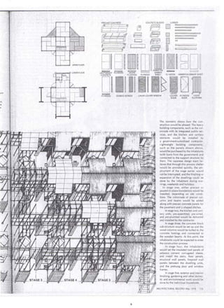 PRECAST. CONCRETE 
~le="=· ='=)=· =t:· =' =-:;j(l 
t:t=t=1 
~1 . ~ 
te=--------------- 
-PLYWOOD BAMBOO SCREEN 
CONCRETE BLOCKS 
~ DO~ 
#t:=J?) 
fffff} 
f&#J · 
.LAUAN LOUVER WINDOW 
LAUAN 
LOUVER PL YWOOD LAUAN 
DOOR DOOR PLATFORM 
The isometric shows .. how the con­struction 
woud be· phased. The heavy 
building components, such as the co ­onnade 
with its integrated public seh 
vices, and the kitchen and sa nit?ry 
eements would be installed by 
a governinent-subsidized contractor. 
Lightweight . building components, 
su.ch as the panes shown above, 
would be purchased by the inhabitants 
(with loans froril the government) a'nd 
conne·cted to the support structure by 
them . The Japanese design team be­lieves 
th at through this process shelter 
would be provided . quickly, the em­ployment 
of the wage earner vyould 
not·be .interrupted, and the finishing or 
expimsion ol the dwellings cou ld be 
done by the inhabitant during eve­nings, 
weekerids and hol idays. 
In stage one, either precast or 
poured-in-place foundations would be 
installed, deperiding on site condi­tions. 
The co onnade of precast col, 
umns and beams would be. added 
along with precast concrete panels for 
the pavement and U-shaped ditches· . 
. In stage two, the kitchen and sani­tary 
units, pre-assembled, pre-wired, 
and pre-plumbed woud be delivered 
and installed by the con tractor. 
In stage three, the concrete block 
sub-structure would be .set up and the 
wood columns woud be bolted to the 
concrete footings · and connected to 
the wooden beams. At this point, the 
inhabitants co,u ld be expected to enter 
the construction process. 
In stage four, the inhabitants 
wo~d set the insulated roof panes of 
asbestos cement corrugated sheets, . 
and insta the stairs, floor panes, . · 
structural wa1 panels, fireproof wa1 
· panels bétween the dwelling units, 
and the prehung · door and window 
Ir ames. 
In stage five, ·exterior and .interiÓr 
finishing, gardening and oth e;·domes­tic 
and environmenta work.would be 
done by the individual h'ousehods. 
A~Cii iT ECTURAL RE<OORD May 1916. • 125 
 
