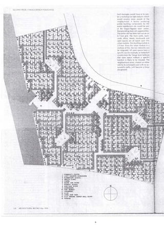 SECOND PRIZE 1 TAKI1GI OESIGN ASSOCIATES 
126 ARCHITECTURAL RECORDMay 1976 
1 COMMU~fTY- CENTER . . 
2 LIG!'T .INol!STilY WORKSHO~ 
3 ELEMENTÁRY SCHOOL> 
4 HEAL l'H . 'éLIMIC " 
~ , =L ÁND STÓRE 
7 . NURSERY SCHOOL· 
8 SARI-SARI STORE 
9 ·· WoAKSHOPS 
10 FISH MARKET 
11 . CO!.ONMAOE ,' , 
12 ALL~Y ·. .. , ,· 
13. CAMAL-SIOE •PARK 
14 PLAY · G!jouNo, BASI<ET-BALL COURT 
' 15 PARKING 
i 
{. 
.. 
Each barangay would ha ve al its C:en­ter 
a workshop for light industrv which 
would employ some people of the 
~eighborhoocL A factory producing 
prefab building· components for the. 
entire resettlerilE'nt site would be par( 
of the Dagat-Dagatan town center, 
thus providing more job opponur1ities. 
The en tire si te has bcen la id out on an 
8.7 foot grid The front yards, back­vards 
, alleys, streets, · boulevards and 
open spaces are all básed upon this 
urban module. The dwelling module is 
2.9 feet. Since the url:ian module is a 
rnultiple of this¡ the two networks can , 
be integrated. All open spao~s have a '­specific 
use (for' exa.mple, as basketball 
courts) sinée the Takagi tearn believes 
that open : space withoul a specific 
function ;; likely to be misused . The 
neighborhood street, shaded on either 
side by, its colonn¡¡des and with no ai.J- ' 
tomobile traffic, ,will betorne a linear 
playground. 
 