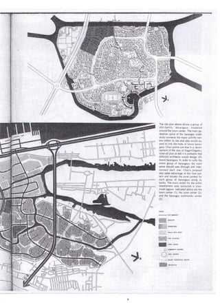 ~- . 
The site plan above shows a group of 
SÓO-family barangays clustered 
around the town center. Jhe _main pe­destrian 
spine of the barangay under 
stu.dy connects the majar activity cen­ 
·ters within its site and also would ex­tend 
to link the hubs of future baran­gays. 
Chan points out that in a devel­opment 
of the size of Dagat-Dagatan, 
(over-all plan at left) it is probable that 
d-ifferent architects would design dif­ferent 
barangays. In arder to unify the 
entire group of barangays, the main 
sp.ine should pass through and. inter­connect 
each one. Chan's propasa! 
also t¡¡kes advantage of the river pat­tern 
and !acates the zone <:enters for 
each group of barangays along its 
banks. The town center for the entire 
resettlement area surrounds a man­made 
lagoon. lndicated above are the 
town center (1 ); the zone i:enter (2); 
and the barangay community center 
(3). 
lHif NO 
""""'""'"' SITE BOUNDAR'f 
.~ ~ INOUSTRY 
~f~tm · ACRICULTURE 
Pll8liC OPEN- SPACE 
·-~c.~f"d;"t'j;i,9' TRH - PLAN_TING 
•..(!,..;:.r-/.:~ . 
--~ TilWN . Cu.YRE 
o. ~DMMUNITV CENTRES 
·o :', ZONECENTRES 
., .. :y ' MAJOR PEDES.TAIAN ADUlES 
••, RESLOUIT IAI 
,._, 
 