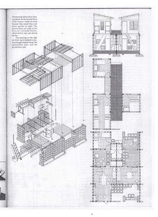 the seéond:floors 
,, . . of 'wood 
they .would thus ,cool 
· iCkÍy ¡¡t nighf. Hie 
floors ar" · masJe of the 
lar .:oncrete·blp.cks, 
tend to stay cool dÚring 
day. . 
, The , dr~wings on the right 
(from top toboitom) , asec~ 
¡hroúgh a typic~ 1 house, the 
o~ plan, .. and · the 
. plari. 
 