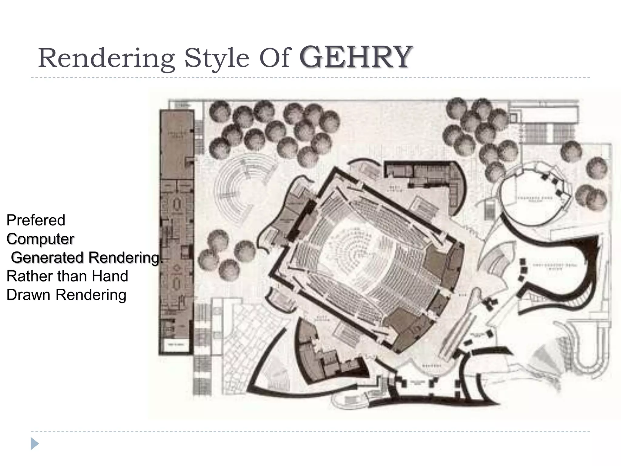 Rendering Style Of GEHRY
Prefered
Computer
Generated Rendering.
Rather than Hand
Drawn Rendering
 