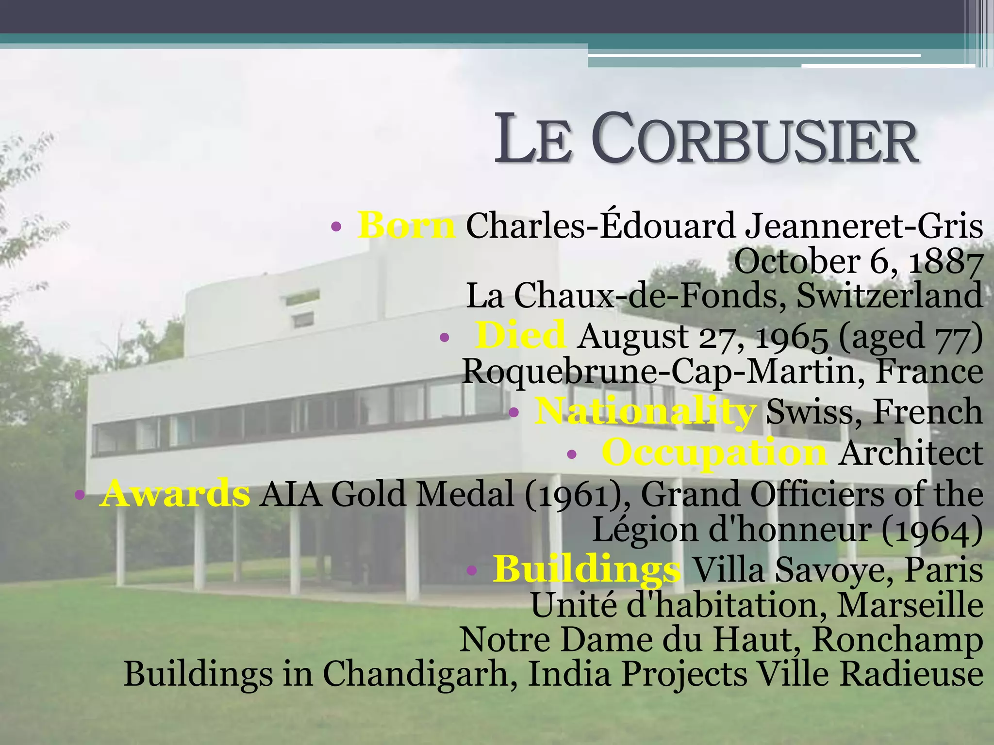 LE CORBUSIER
• Born Charles-Édouard Jeanneret-Gris
October 6, 1887
La Chaux-de-Fonds, Switzerland
• Died August 27, 1965 (aged 77)
Roquebrune-Cap-Martin, France
• Nationality Swiss, French
• Occupation Architect
• Awards AIA Gold Medal (1961), Grand Officiers of the
Légion d'honneur (1964)
• Buildings Villa Savoye, Paris
Unité d'habitation, Marseille
Notre Dame du Haut, Ronchamp
Buildings in Chandigarh, India Projects Ville Radieuse
 