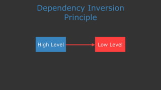Dependency Inversion
Principle
High Level Low Level
 