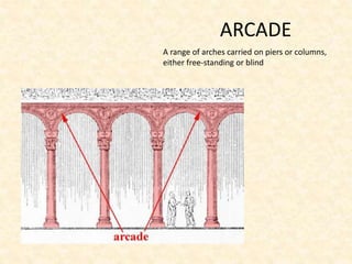 ARCADE
A range of arches carried on piers or columns,
either free-standing or blind
 