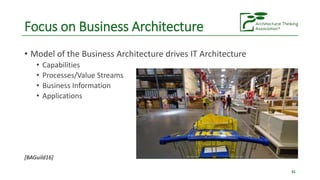 Focus on Business Architecture
• Model of the Business Architecture drives IT Architecture
• Capabilities
• Processes/Valu...