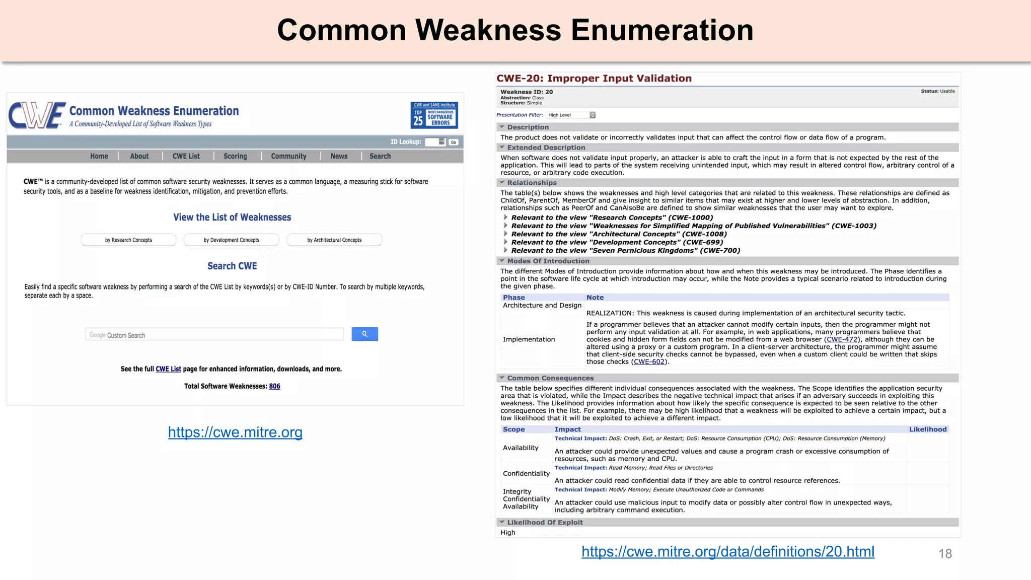 18
Common Weakness Enumeration
https://cwe.mitre.org
https://cwe.mitre.org/data/definitions/20.html
 
