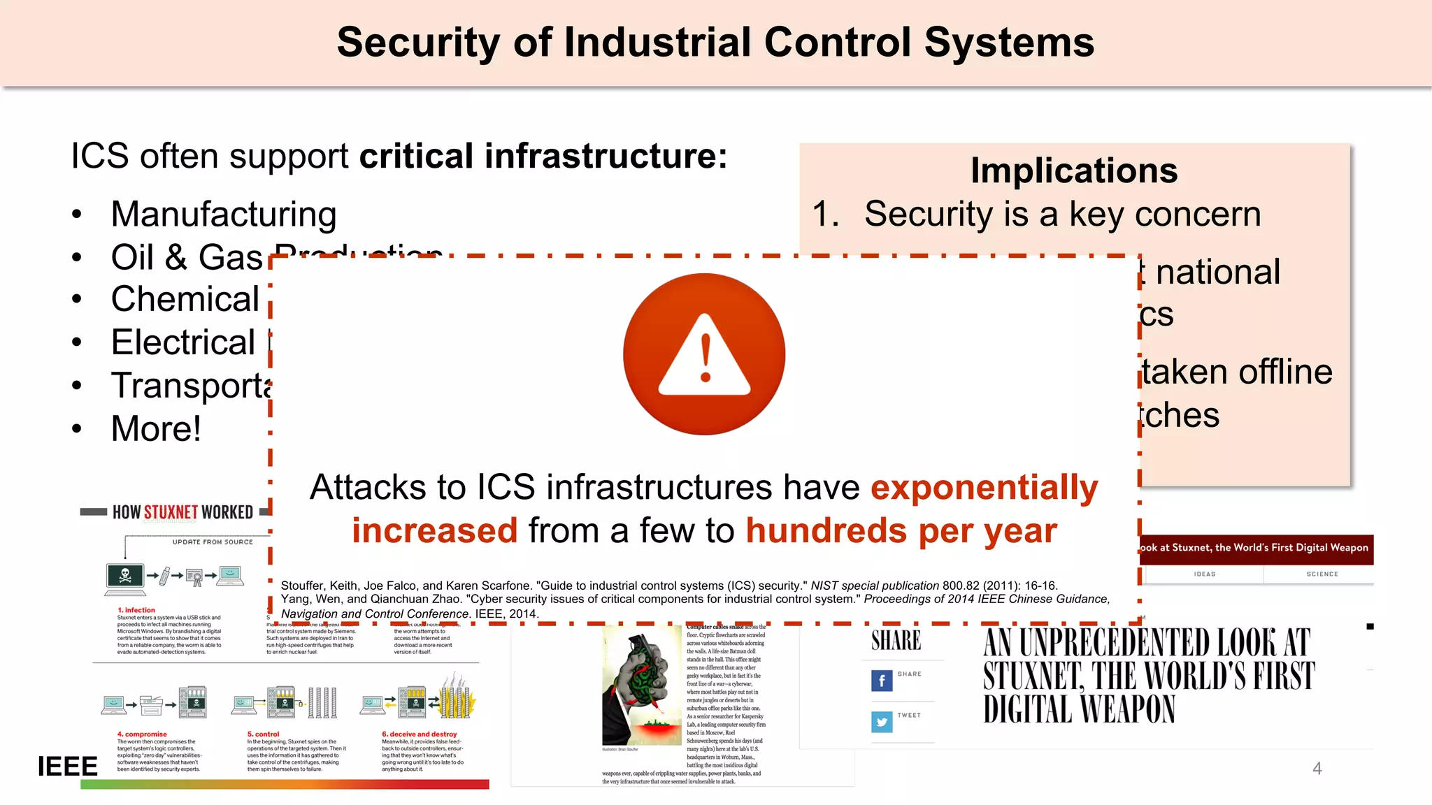 4
Security of Industrial Control Systems
ICS often support critical infrastructure:
• Manufacturing
• Oil & Gas Production
• Chemical Processing
• Electrical Power Grids
• Transportation
• More!
Implications
1. Security is a key concern
2. Attacks can affect national
safety & economics
3. Cannot be easily taken offline
for updates or patches
IEEE
Attacks to ICS infrastructures have exponentially
increased from a few to hundreds per year
Stouffer, Keith, Joe Falco, and Karen Scarfone. "Guide to industrial control systems (ICS) security." NIST special publication 800.82 (2011): 16-16.
Yang, Wen, and Qianchuan Zhao. "Cyber security issues of critical components for industrial control system." Proceedings of 2014 IEEE Chinese Guidance,
Navigation and Control Conference. IEEE, 2014.
 