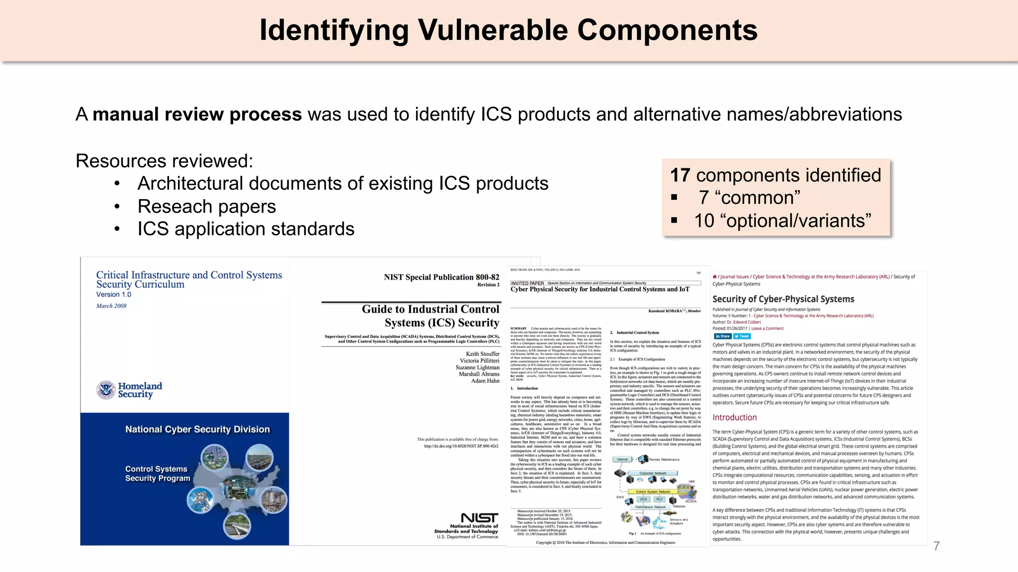 7
Identifying Vulnerable Components
A manual review process was used to identify ICS products and alternative names/abbreviations
Resources reviewed:
• Architectural documents of existing ICS products
• Reseach papers
• ICS application standards
17 components identified
§ 7 “common”
§ 10 “optional/variants”
 