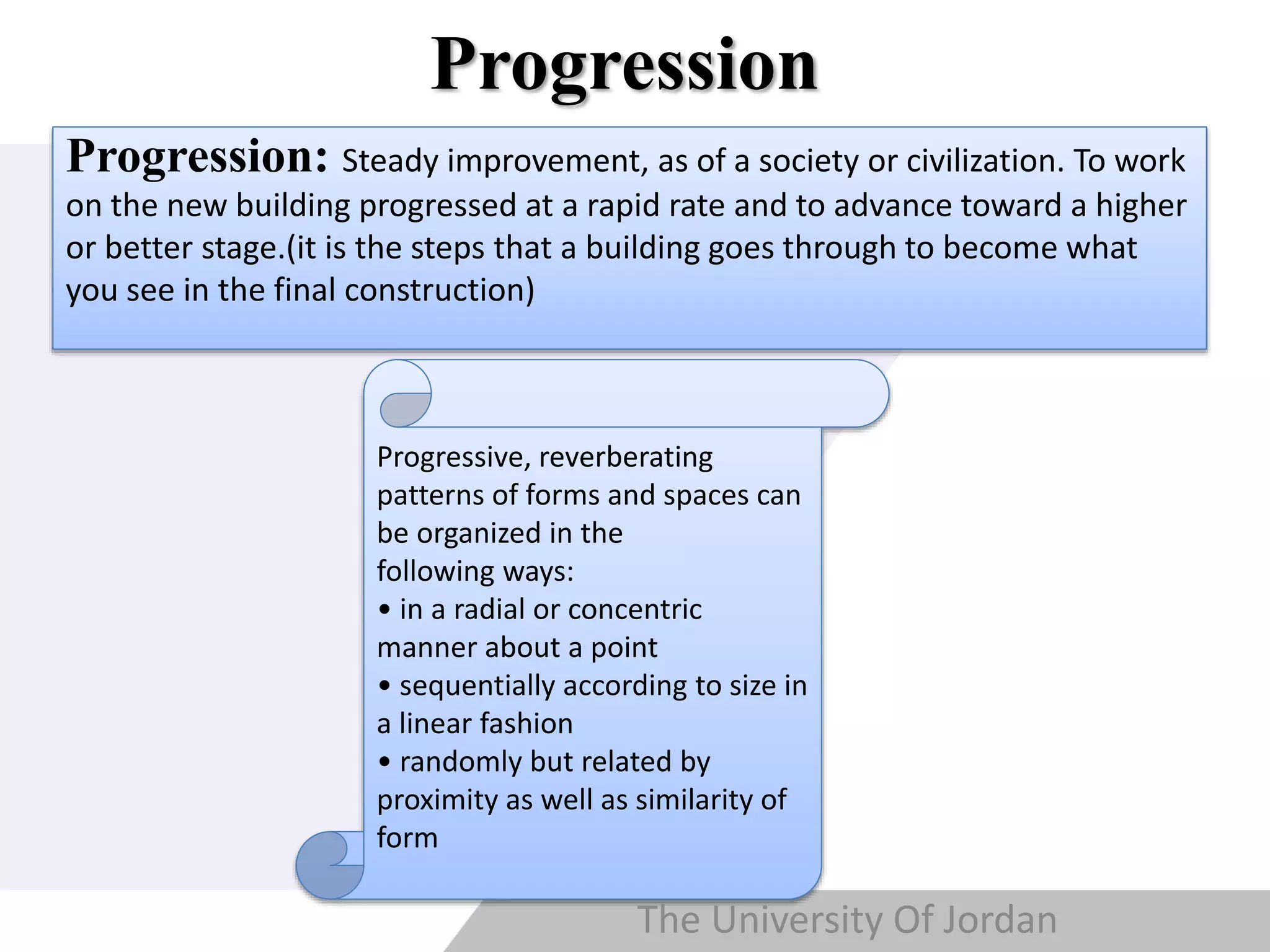 Copyright © Wondershare Software
Progression
Progression: Steady improvement, as of a society or civilization. To work
on the new building progressed at a rapid rate and to advance toward a higher
or better stage.(it is the steps that a building goes through to become what
you see in the final construction)
Progressive, reverberating
patterns of forms and spaces can
be organized in the
following ways:
• in a radial or concentric
manner about a point
• sequentially according to size in
a linear fashion
• randomly but related by
proximity as well as similarity of
form
The University Of Jordan
 