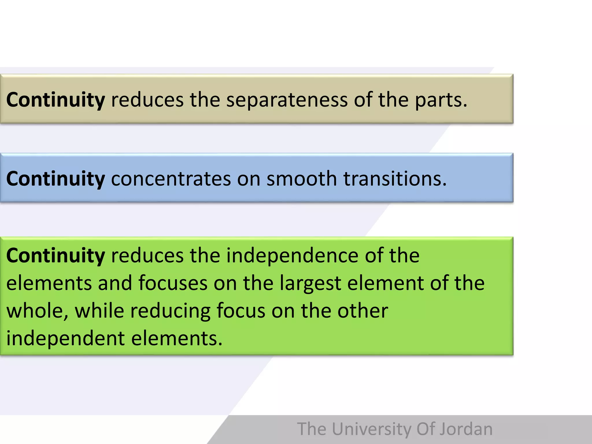 Copyright © Wondershare Software
Continuity reduces the separateness of the parts.
Continuity concentrates on smooth transitions.
Continuity reduces the independence of the
elements and focuses on the largest element of the
whole, while reducing focus on the other
independent elements.
The University Of Jordan
 