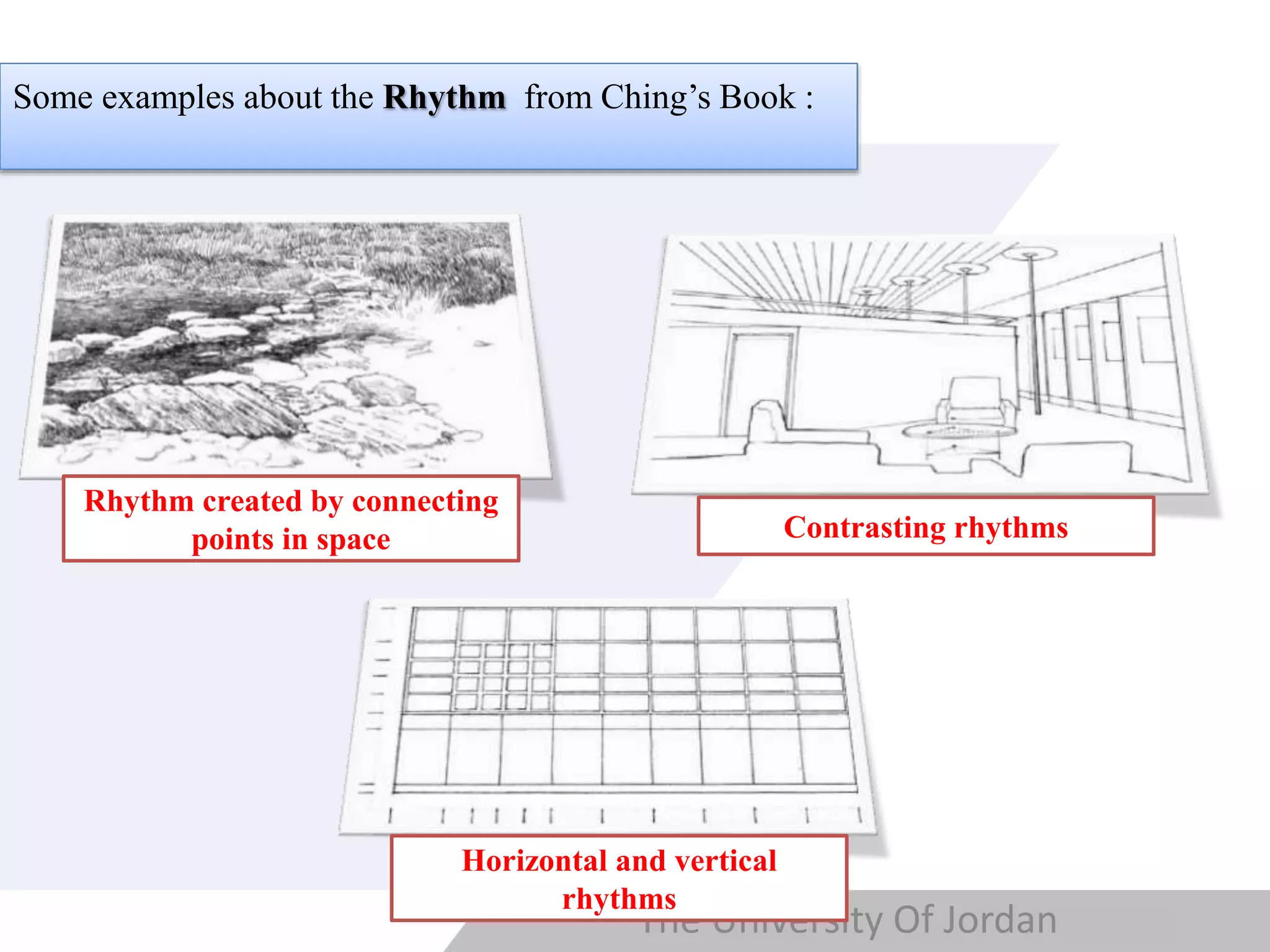 Copyright © Wondershare Software
Some examples about the Rhythm from Ching’s Book :
The University Of Jordan
Rhythm created by connecting
points in space Contrasting rhythms
Horizontal and vertical
rhythms
 