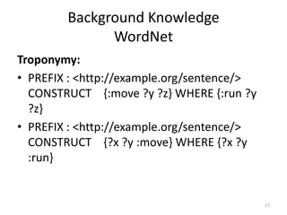 Background Knowledge
              WordNet
Troponymy:
• PREFIX : <http://example.org/sentence/>
  CONSTRUCT {:move ?y ?z} WHERE {:run ?y
  ?z}
• PREFIX : <http://example.org/sentence/>
  CONSTRUCT {?x ?y :move} WHERE {?x ?y
  :run}


                                            17
 