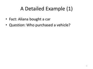 A Detailed Example (1)
• Fact: Aliana bought a car
• Question: Who purchased a vehicle?




                                       21
 