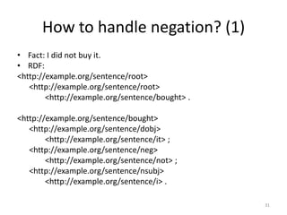 How to handle negation? (1)
• Fact: I did not buy it.
• RDF:
<http://example.org/sentence/root>
   <http://example.org/sentence/root>
        <http://example.org/sentence/bought> .

<http://example.org/sentence/bought>
   <http://example.org/sentence/dobj>
        <http://example.org/sentence/it> ;
   <http://example.org/sentence/neg>
        <http://example.org/sentence/not> ;
   <http://example.org/sentence/nsubj>
        <http://example.org/sentence/i> .

                                                 31
 