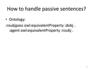 How to handle passive sentences?
• Ontology:
:nsubjpass owl:equivalentProperty :dobj .
  :agent owl:equivalentProperty :nsubj .




                                            37
 