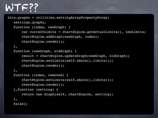 WTF??
this.graphs = utilities.settingArrayPropertyProxy(
settings.graphs,
function (index, newGraph) {
var currentLimits = chartEngine.getActualLimits(), newLimits;
chartEngine.addGraph(newGraph, index);
chartEngine.render();
},
function (newGraph, oldGraph) {
result = chartEngine.updateGraph(newGraph, oldGraph);
chartEngine.setLimits(self.xAxis().limits());
chartEngine.render();
},
function (index, removed) {
chartEngine.setLimits(self.xAxis().limits());
chartEngine.render();
},function (setting) {
return new Graph(self, chartEngine, setting);
},
false);

 