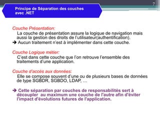 Couche Présentation:
La couche de présentation assure la logique de navigation mais
aussi la gestion des droits de l’utilisateur(authentification).
 Aucun traitement n’est à implémenter dans cette couche.
Couche Logique métier:
C’est dans cette couche que l’on retrouve l’ensemble des
traitements d’une application.
Couche d’accès aux données:
Elle se compose souvent d’une ou de plusieurs bases de données
de type SGBDR, SGBDO, LDAP, …
 Cette séparation par couches de responsabilités sert à
découpler au maximum une couche de l'autre afin d'éviter
l'impact d'évolutions futures de l'application.
Principe de Séparation des couches
avec .NET
7
 