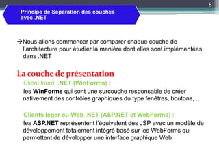 Nous allons commencer par comparer chaque couche de
l’architecture pour étudier la manière dont elles sont implémentées
dans .NET
La couche de présentation
Client lourd .NET (WinForms) :
les WinForms qui sont une surcouche responsable de créer
nativement des contrôles graphiques du type fenêtres, boutons, …
Clients léger ou Web .NET (ASP.NET et WebForms) :
les ASP.NET représentent l’équivalent des JSP avec un modèle de
développement totalement intégré basé sur les WebForms qui
permettent de développer une interface graphique Web
8
Principe de Séparation des couches
avec .NET
 